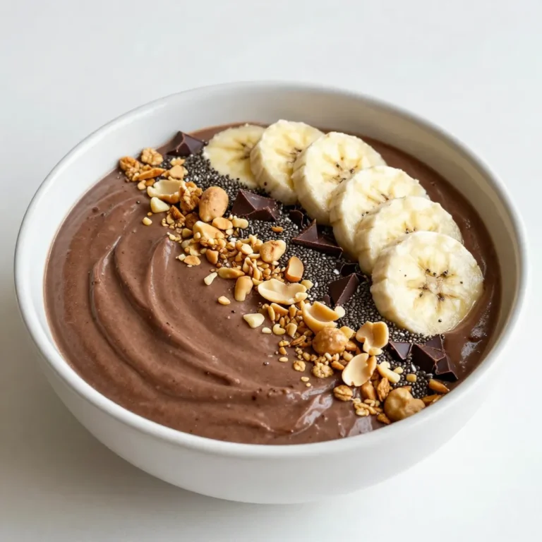 - 1 ripe banana, sliced and frozen - 1/2 cup unsweetened almond milk - 2 tablespoons natural peanut butter - 1 tablespoon unsweetened cocoa powder - 1 tablespoon honey or maple syrup - 1/2 teaspoon pure vanilla extract - 1/4 cup Greek yogurt (optional) In this recipe, the main ingredients work together to create a creamy and rich base. The frozen banana adds natural sweetness and a smooth texture. Almond milk keeps it light yet creamy. Peanut butter gives the bowl a nutty flavor, while cocoa powder adds rich chocolate taste. Honey or maple syrup allows you to adjust sweetness to your liking. The vanilla extract adds depth to the flavor. Greek yogurt is optional but adds a nice creaminess, which I love. - Sliced banana - Granola - Chia seeds - Dark chocolate shavings - Crushed peanuts Toppings make this smoothie bowl a fun treat. Sliced banana adds freshness. Granola brings crunch and extra fiber. Chia seeds provide a boost of nutrients. Dark chocolate shavings add a touch of indulgence. Finally, crushed peanuts enhance the nutty flavor. You can mix and match toppings to suit your taste. Enjoy creating your own perfect combination! {{ingredient_image_2}} To start, gather your ingredients. You need: - 1 ripe banana, sliced and frozen - 1/2 cup unsweetened almond milk - 2 tablespoons natural peanut butter - 1 tablespoon unsweetened cocoa powder - 1 tablespoon honey or maple syrup - 1/2 teaspoon pure vanilla extract - 1/4 cup Greek yogurt (optional) Add all these to your blender. This mix creates a rich flavor. For the right texture, ensure the banana is frozen. It helps your smoothie stay thick and creamy. Now, blend on high speed. Watch the mix closely. It should become smooth and creamy. If it seems too thick, stop the blender. Scrape down the sides with a spatula. This step helps mix everything evenly. Blend again until smooth. Once blended, pour the smoothie into a bowl. Use a spatula to spread it out evenly. This creates a nice base for your toppings. For a fun touch, arrange your toppings artfully. Try sliced bananas, granola, chia seeds, dark chocolate shavings, and crushed peanuts. Each topping adds flavor and crunch. Enjoy your tasty delight with a spoon! You can easily adjust the sweetness of your smoothie bowl. If you like it sweeter, add more honey or maple syrup. For less sweetness, use less. You can also use ripe bananas for natural sweetness. They add flavor and make the bowl creamy. If you have dietary needs, substitutions work well. Use almond milk or oat milk for a dairy-free option. If you want to skip peanut butter, try almond or sunflower seed butter. They give a similar taste and texture. Adding Greek yogurt can boost creaminess. It makes the smoothie bowl thick and rich. If you want it even creamier, mix in a bit more yogurt. For crunch, think about toppings. Try granola or crushed nuts for added texture. Chia seeds also add a nice bite. You can even use toasted coconut for a twist. Arranging toppings can make your bowl look stunning. Place sliced bananas in a fan shape. Scatter granola and chia seeds around them. Dark chocolate shavings can go on top for a sweet touch. Choosing the right bowl is key. A wide, shallow bowl lets your toppings stand out. A colorful bowl can make your smoothie bowl pop. Get creative with your designs! Pro Tips Use Frozen Bananas: Frozen bananas give the smoothie bowl a creamy texture and chill the bowl without needing ice. Experiment with Sweeteners: Adjust the sweetness by trying different natural sweeteners like agave syrup or coconut sugar based on your taste preference. Layer Toppings Creatively: Elevate presentation by layering toppings in sections or creating a pattern for a visually appealing smoothie bowl. Make it Nut-Free: Substitute peanut butter with sunflower seed butter or almond butter for a nut-free version while still keeping it delicious. {{image_4}} You can change up the flavor of your smoothie bowl easily. Adding fruits like strawberries or blueberries gives a fresh twist. You can blend these fruits in or use them as toppings. Both options work great! Another fun idea is to swap out the peanut butter. Try almond or cashew butter instead. Each nut brings its own taste, making your bowl unique and exciting. If you're looking for vegan options, simply use plant-based yogurt. This keeps the bowl creamy without dairy. You can also skip the honey or maple syrup for a lower-calorie choice. Instead, use ripe bananas for natural sweetness. These simple swaps ensure that everyone can enjoy this tasty treat. Seasonal fruits can add fun flavors to your bowl. In summer, try adding peaches or mangoes for a tropical vibe. In autumn, consider pumpkin puree or cinnamon spice for warmth. These seasonal adds make your smoothie bowl special all year round! If you have extra smoothie, pour it into an airtight container. Seal it tightly and store it in the fridge. Smoothies are best enjoyed fresh, but you can keep them for up to 24 hours. Shake or stir before drinking. If it separates, that's normal. Just mix it well again. To save time, prep your ingredients for the week. Slice and freeze bananas in advance. Use a resealable bag to keep them fresh. This way, you can blend your smoothie bowl in minutes. Measure out your cocoa powder and peanut butter, too. Store them in small containers for easy access. If your smoothie has been in the fridge, it might thicken. To fix this, add a splash of milk. Blend it again to restore its smoothness. You can also microwave it for a few seconds, but watch closely. Enjoy it warm or cold, depending on your mood! Yes, you can use many types of milk. Almond milk works well here. You can also try oat, soy, or coconut milk. Each milk gives your smoothie a unique taste. If you prefer cow's milk, that works too! Just choose what you like best. Absolutely! This smoothie bowl is great for kids. It has healthy ingredients like bananas and peanut butter. These give kids energy and help them grow strong. The bowl is tasty and fun to eat. You can even let them pick their toppings. This makes it more exciting for them! To make your smoothie bowl more filling, add extra protein. Try adding Greek yogurt or protein powder. Chia seeds also add fiber and help you feel full longer. You can also top it with nuts or granola. These not only fill you up but also add a nice crunch! This blog post covered how to create a delicious smoothie bowl. We explored key ingredients, blending techniques, and adding fun toppings. You learned how to customize your bowl and enhance its flavor. Plus, we discussed storage tips for leftovers and meal prep. Smoothie bowls are not only tasty but also healthy. You can enjoy different flavors and toppings. I hope you are inspired to make your own smoothie bowl. Enjoy the creative process and share your creations with others. Happy blending!
