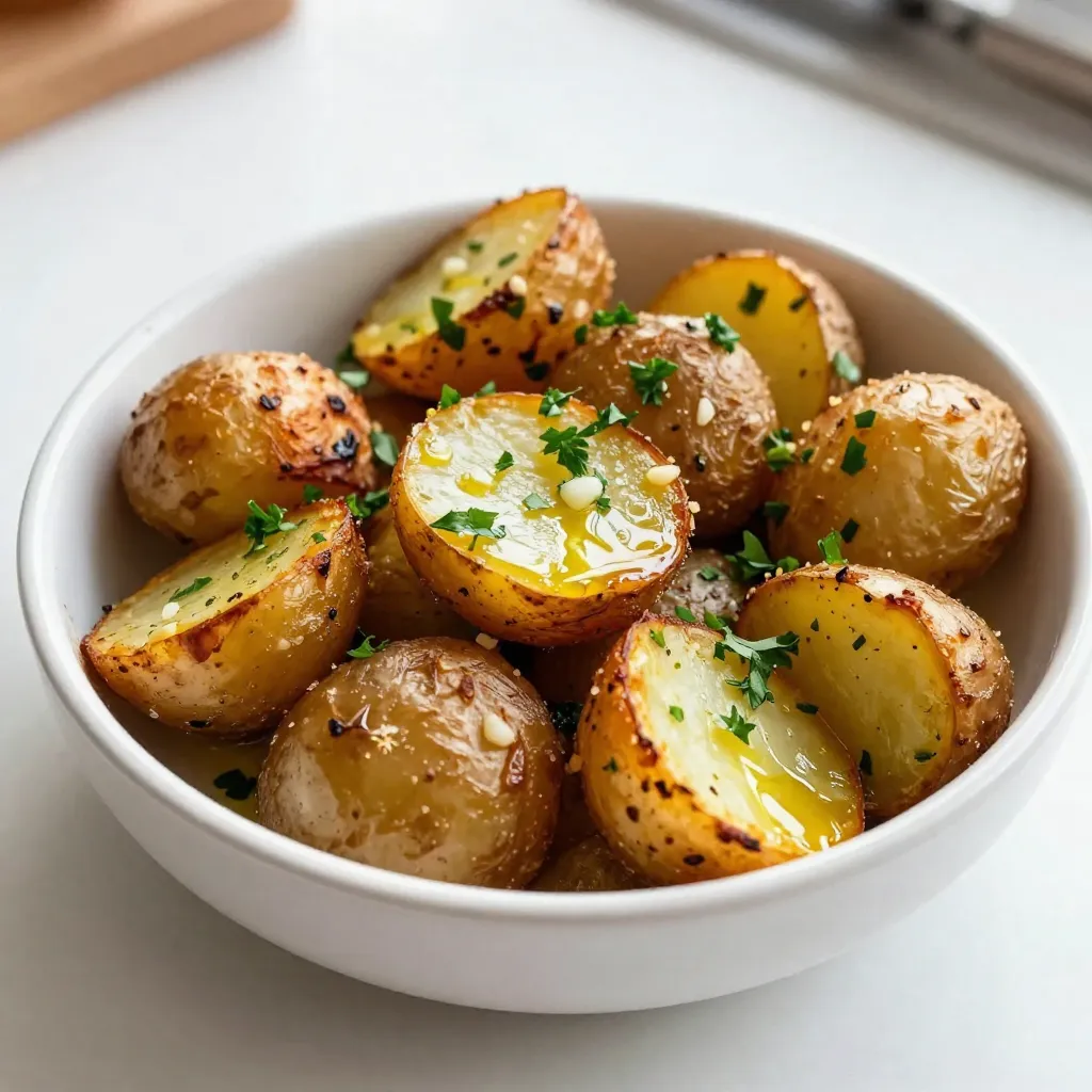 To make garlic herb roasted potatoes, you need: - 2 pounds baby potatoes, halved - 4 tablespoons extra virgin olive oil - 4 cloves garlic, finely minced - 2 teaspoons dried thyme - 2 teaspoons dried rosemary - 1 teaspoon smoked paprika - Sea salt and freshly cracked black pepper, to taste - 2 tablespoons fresh parsley, chopped (for garnish) You will need some basic tools: - A large mixing bowl - A baking sheet - A sharp knife for chopping - A cutting board - Measuring spoons Using fresh ingredients makes a real difference in taste. Fresh garlic gives a strong flavor that dried garlic cannot match. Fresh herbs, like parsley, add a bright note. Always choose the best quality potatoes you can find. Baby potatoes are perfect here because they roast well. They get crispy on the outside and stay soft inside. Quality ingredients lead to better meals. When you use fresh, you create dishes that are vibrant and full of life. {{ingredient_image_2}} Start by preheating your oven to 400°F (200°C). This step is key. A hot oven helps the potatoes cook evenly. It also makes them crispy on the outside. Next, grab 2 pounds of baby potatoes and halve them. Place the halved potatoes in a large bowl. Add 4 cloves of finely minced garlic. Then, pour in 4 tablespoons of extra virgin olive oil. Now, sprinkle in 2 teaspoons each of dried thyme and dried rosemary. Don’t forget 1 teaspoon of smoked paprika. Season with sea salt and black pepper. Mix well so every potato gets coated with the herbs and oil. Now, spread the seasoned potatoes in a single layer on a baking sheet. Make sure there’s space between each piece. This helps them roast well. Place the baking sheet in your preheated oven. Roast for about 30 to 35 minutes. Halfway through, take them out and turn the potatoes. This step ensures they brown evenly. When done, they should look golden and crispy. Remove them from the oven and transfer to a serving dish. Finally, sprinkle with 2 tablespoons of fresh chopped parsley for color and taste. To get that perfect crispness, space the potatoes well on the baking sheet. If they are too close, they will steam instead of roast. Use a high oven temperature of 400°F (200°C). This heat helps them brown nicely. Turn the potatoes halfway through cooking. This ensures even browning on all sides. Seasoning is key to great flavor. Coat the potatoes evenly with olive oil and spices. Mix the minced garlic, thyme, rosemary, and smoked paprika into the oil first. This helps release the flavors. Add sea salt and pepper to your taste. Taste a piece before roasting if you are unsure! For a lovely presentation, serve your roasted potatoes in a cast-iron skillet. This adds rustic charm. You can also use a fancy bowl for a more elegant look. Finish with a sprinkle of fresh parsley. This adds color and freshness to the dish. For extra flair, add a few sprigs of herbs around the potatoes. Pro Tips Cut Evenly: Ensure that all potato halves are of similar size for even cooking and browning. High Heat Roasting: The high temperature helps achieve that perfect crispy exterior while keeping the inside fluffy. Use Fresh Herbs: For the best flavor, consider using fresh thyme and rosemary instead of dried herbs. Don’t Crowd the Pan: Give potatoes enough space on the baking sheet to allow for proper air circulation and browning. {{image_4}} You can change the herbs in this recipe. Use fresh herbs for a bright taste. Try fresh thyme or dill instead of dried thyme. You can also use fresh rosemary. For a twist, add some basil or oregano. Each herb brings its own flavor. Mix and match to find your favorite blend. Roasted potatoes taste great with other veggies. You can mix in carrots or bell peppers. Just chop them to similar sizes as the potatoes. Broccoli or cauliflower adds a nice crunch, too. Toss the vegetables in the same seasoning blend. This makes a colorful and tasty side dish. Adding cheese can take your potatoes to the next level. Sprinkle some grated Parmesan on top before roasting. For a zesty twist, squeeze fresh lemon juice after roasting. You can also add lemon zest for extra flavor. These simple changes can make your dish even more delicious. To store leftover garlic herb roasted potatoes, let them cool first. Place them in an airtight container. You can keep them in the fridge for up to three days. This helps keep their flavor and texture. Make sure they are sealed well to prevent drying out. When you want to enjoy your leftovers, reheating is simple. Preheat your oven to 350°F (175°C). Spread the potatoes on a baking sheet. Heat them for about 15-20 minutes or until they are hot. This method keeps them crispy. You can also use a microwave. Just heat in short bursts, checking often. The texture might change a bit, but they will still taste good. If you want to freeze the potatoes, it's best to do this before reheating. Allow the cooked potatoes to cool completely. Place them in a freezer-safe bag or container. Squeeze out as much air as possible. They can stay frozen for up to three months. When ready to eat, thaw them in the fridge overnight before reheating. Yes, you can use many types of potatoes. Yukon Gold and red potatoes work well. They both have great flavor and texture. You can also try fingerling potatoes for a fun shape. Just remember to cut them into even sizes for even cooking. You can store them in the fridge for about 3 to 5 days. Place them in an airtight container. This keeps them fresh and tasty. If you want to enjoy them later, you can freeze them. They last in the freezer for about 2 to 3 months. To keep your potatoes from getting mushy, follow a few simple steps. First, don’t overcrowd the pan. Give them space to roast. Second, make sure to use the right cooking temperature. Roasting at 400°F (200°C) helps them get crispy. Lastly, avoid overcooking. Check them at 30 minutes to see if they are done. You learned how to cook garlic herb roasted potatoes. Fresh ingredients make a big difference. Preheating the oven and prepping potatoes are key steps. For crisp potatoes, use the right tricks and season well. Don't forget to try variations to suit your taste. Store your leftovers properly for future meals. With these tips, you'll impress anyone with your cooking. Enjoy your delicious potatoes and happy cooking!