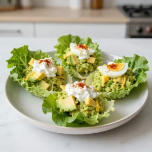 To make Avocado Egg Salad Lettuce Cups, gather these key items: - 4 hard-boiled eggs, peeled and coarsely chopped - 1 ripe avocado, thoroughly mashed until smooth - 2 tablespoons creamy Greek yogurt - 1 tablespoon zesty Dijon mustard - 1 tablespoon freshly squeezed lemon juice - 2 green onions, finely sliced, green parts included - Salt and freshly cracked black pepper to taste - 8 large lettuce leaves (such as romaine or butter lettuce) for the cups To add some flair, consider these optional garnishes: - A dash of paprika - A pinch of chili flakes These extra touches can elevate the dish and add flavor. If you need to swap ingredients, here are some ideas: - Use avocado oil instead of Greek yogurt for a different creaminess. - Swap Dijon mustard for yellow mustard if you prefer a milder taste. - Try lime juice in place of lemon juice for a unique twist. - Use any leafy greens you have on hand, like spinach or kale, instead of lettuce. These substitutions can help you adapt the recipe to your pantry! {{ingredient_image_2}} Start with four hard-boiled eggs. Peel them and chop them into small pieces. Next, take one ripe avocado. Cut it in half, remove the pit, and scoop the flesh into a bowl. Mash the avocado until it's smooth. You want it creamy for a great texture. In a medium bowl, combine the chopped eggs and the mashed avocado. Gently fold them together. You want to keep some chunks for texture. Next, add two tablespoons of creamy Greek yogurt. Then, mix in one tablespoon of Dijon mustard. This adds a nice zing. Squeeze in one tablespoon of fresh lemon juice. It gives a bright flavor. Now, you can fold in two finely sliced green onions. Season your mixture with salt and freshly cracked black pepper. Taste it as you go to find your perfect balance. Take your large lettuce leaves and gently peel them off the head. You can use romaine or butter lettuce. Lay them flat on a serving platter. Now, spoon the egg salad mixture into each lettuce leaf. Fill them generously for a colorful presentation. For an extra touch, you can sprinkle a dash of paprika or chili flakes on top. This adds a little kick and makes them look fancy. Enjoy your fresh and tasty meal! To make hard-boiled eggs, start with eggs that are a week old. Fresh eggs are harder to peel. Place them in a pot and cover with cold water. Bring the water to a boil, then cover the pot and turn off the heat. Let the eggs sit for 10-12 minutes. After that, put them in ice water for 5 minutes. This helps stop the cooking and makes them easier to peel. To boost flavor, use ripe avocados. They should be creamy and smooth. The Greek yogurt adds creaminess and tang. If you want a stronger kick, use more Dijon mustard. You can also add spices like paprika or chili flakes for some heat. Mixing in fresh herbs like cilantro or dill can add a nice touch. For a beautiful dish, pick vibrant lettuce leaves. Romaine or butter lettuce works well. Arrange the cups on a colorful platter. You can add extra diced avocado or fresh herbs on top. This not only adds color but also makes it look fresh and inviting. Serve it right away for the best taste and texture. Pro Tips Use Fresh Ingredients: Always opt for ripe avocados and fresh green onions to enhance the flavor and texture of your egg salad. Perfectly Hard-Boiled Eggs: To achieve perfectly cooked hard-boiled eggs, boil them for 9-12 minutes, then place them in an ice bath to stop cooking. Experiment with Flavor: Feel free to add additional spices or herbs like dill or chives for a unique flavor twist that complements the avocado and eggs. Serving Suggestions: These lettuce cups make a great appetizer or light lunch; serve them alongside a light vinaigrette or your favorite dipping sauce for added flavor. {{image_4}} You can make a vegan version of this dish. Instead of eggs, use chickpeas. Mash them well and mix with avocado. Add vegan yogurt for creaminess. Use lemon juice and mustard for flavor. This keeps the same taste but makes it plant-based. While I love using romaine or butter lettuce, many other types work too. Try iceberg for a crunchy bite. You can also use collard greens for a sturdier cup. Each lettuce brings its own texture and flavor, making it fun to explore. Feel free to get creative with flavors! Add diced tomatoes for freshness. You can mix in pickles for a tangy twist. If you like heat, toss in jalape&ntilde;os or red pepper flakes. For a sweet touch, fold in diced apples or grapes. The options are endless! After enjoying your avocado egg salad lettuce cups, store leftovers in the fridge. Use an airtight container. This keeps your salad fresh and safe to eat. Make sure to cover the salad tightly to avoid air exposure. If you have leftover lettuce leaves, store them separately. You do not need to reheat avocado egg salad. It tastes best cold. If you want to serve it warm, try heating the eggs before mixing. However, I suggest eating it cold for the best flavor and texture. It&rsquo;s refreshing and light that way. To keep your salad fresh, eat it within two days. The avocado can brown quickly. To slow this down, add lemon juice as it helps prevent browning. Store the salad and lettuce cups separately until you are ready to eat. This keeps the lettuce crisp and the salad creamy. Yes, you can make Avocado Egg Salad ahead of time. It stays fresh for up to a day in the fridge. Just keep it in a sealed container. If you want to keep it green, add a bit of lemon juice. This will help slow down browning. You can serve many things with these tasty cups. Try fresh veggies like carrots or cucumbers. Crackers also pair well, adding a nice crunch. If you want to make it a meal, add a side of fruit or a light soup. These options balance the meal and make it more fun. Leftovers of Avocado Egg Salad last about two days in the fridge. Store them in an airtight container. If you notice any change in color or smell, it&rsquo;s best to toss it out. Always trust your senses to keep things safe! You learned how to make Avocado Egg Salad Lettuce Cups from scratch. We covered the key ingredients and how to prepare them. You now know how to mix, assemble, and present your dish. I shared tips for perfect hard-boiled eggs and suggested tasty variations. Lastly, we discussed storage and answered common questions. Freshness makes all the difference in this dish. Experiment with flavors and enjoy your creations!