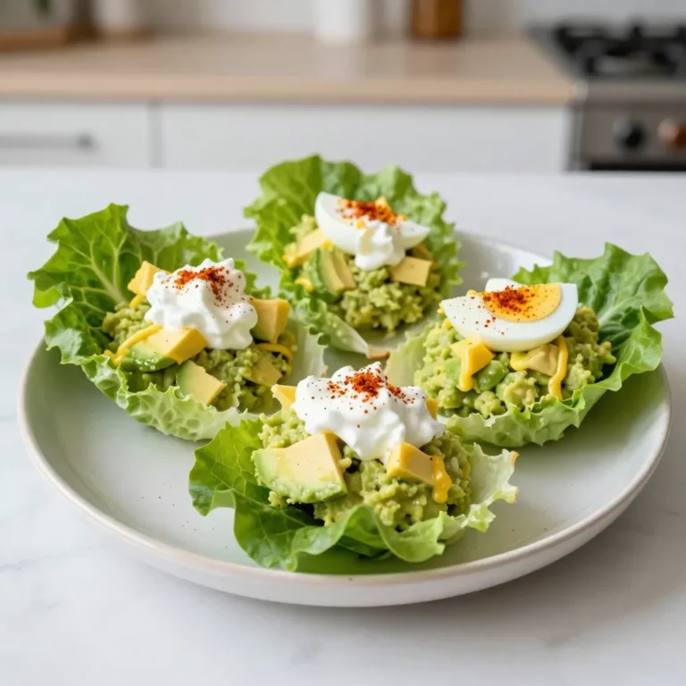To make Avocado Egg Salad Lettuce Cups, gather these key items: - 4 hard-boiled eggs, peeled and coarsely chopped - 1 ripe avocado, thoroughly mashed until smooth - 2 tablespoons creamy Greek yogurt - 1 tablespoon zesty Dijon mustard - 1 tablespoon freshly squeezed lemon juice - 2 green onions, finely sliced, green parts included - Salt and freshly cracked black pepper to taste - 8 large lettuce leaves (such as romaine or butter lettuce) for the cups To add some flair, consider these optional garnishes: - A dash of paprika - A pinch of chili flakes These extra touches can elevate the dish and add flavor. If you need to swap ingredients, here are some ideas: - Use avocado oil instead of Greek yogurt for a different creaminess. - Swap Dijon mustard for yellow mustard if you prefer a milder taste. - Try lime juice in place of lemon juice for a unique twist. - Use any leafy greens you have on hand, like spinach or kale, instead of lettuce. These substitutions can help you adapt the recipe to your pantry! {{ingredient_image_2}} Start with four hard-boiled eggs. Peel them and chop them into small pieces. Next, take one ripe avocado. Cut it in half, remove the pit, and scoop the flesh into a bowl. Mash the avocado until it's smooth. You want it creamy for a great texture. In a medium bowl, combine the chopped eggs and the mashed avocado. Gently fold them together. You want to keep some chunks for texture. Next, add two tablespoons of creamy Greek yogurt. Then, mix in one tablespoon of Dijon mustard. This adds a nice zing. Squeeze in one tablespoon of fresh lemon juice. It gives a bright flavor. Now, you can fold in two finely sliced green onions. Season your mixture with salt and freshly cracked black pepper. Taste it as you go to find your perfect balance. Take your large lettuce leaves and gently peel them off the head. You can use romaine or butter lettuce. Lay them flat on a serving platter. Now, spoon the egg salad mixture into each lettuce leaf. Fill them generously for a colorful presentation. For an extra touch, you can sprinkle a dash of paprika or chili flakes on top. This adds a little kick and makes them look fancy. Enjoy your fresh and tasty meal! To make hard-boiled eggs, start with eggs that are a week old. Fresh eggs are harder to peel. Place them in a pot and cover with cold water. Bring the water to a boil, then cover the pot and turn off the heat. Let the eggs sit for 10-12 minutes. After that, put them in ice water for 5 minutes. This helps stop the cooking and makes them easier to peel. To boost flavor, use ripe avocados. They should be creamy and smooth. The Greek yogurt adds creaminess and tang. If you want a stronger kick, use more Dijon mustard. You can also add spices like paprika or chili flakes for some heat. Mixing in fresh herbs like cilantro or dill can add a nice touch. For a beautiful dish, pick vibrant lettuce leaves. Romaine or butter lettuce works well. Arrange the cups on a colorful platter. You can add extra diced avocado or fresh herbs on top. This not only adds color but also makes it look fresh and inviting. Serve it right away for the best taste and texture. Pro Tips Use Fresh Ingredients: Always opt for ripe avocados and fresh green onions to enhance the flavor and texture of your egg salad. Perfectly Hard-Boiled Eggs: To achieve perfectly cooked hard-boiled eggs, boil them for 9-12 minutes, then place them in an ice bath to stop cooking. Experiment with Flavor: Feel free to add additional spices or herbs like dill or chives for a unique flavor twist that complements the avocado and eggs. Serving Suggestions: These lettuce cups make a great appetizer or light lunch; serve them alongside a light vinaigrette or your favorite dipping sauce for added flavor. {{image_4}} You can make a vegan version of this dish. Instead of eggs, use chickpeas. Mash them well and mix with avocado. Add vegan yogurt for creaminess. Use lemon juice and mustard for flavor. This keeps the same taste but makes it plant-based. While I love using romaine or butter lettuce, many other types work too. Try iceberg for a crunchy bite. You can also use collard greens for a sturdier cup. Each lettuce brings its own texture and flavor, making it fun to explore. Feel free to get creative with flavors! Add diced tomatoes for freshness. You can mix in pickles for a tangy twist. If you like heat, toss in jalapeños or red pepper flakes. For a sweet touch, fold in diced apples or grapes. The options are endless! After enjoying your avocado egg salad lettuce cups, store leftovers in the fridge. Use an airtight container. This keeps your salad fresh and safe to eat. Make sure to cover the salad tightly to avoid air exposure. If you have leftover lettuce leaves, store them separately. You do not need to reheat avocado egg salad. It tastes best cold. If you want to serve it warm, try heating the eggs before mixing. However, I suggest eating it cold for the best flavor and texture. It’s refreshing and light that way. To keep your salad fresh, eat it within two days. The avocado can brown quickly. To slow this down, add lemon juice as it helps prevent browning. Store the salad and lettuce cups separately until you are ready to eat. This keeps the lettuce crisp and the salad creamy. Yes, you can make Avocado Egg Salad ahead of time. It stays fresh for up to a day in the fridge. Just keep it in a sealed container. If you want to keep it green, add a bit of lemon juice. This will help slow down browning. You can serve many things with these tasty cups. Try fresh veggies like carrots or cucumbers. Crackers also pair well, adding a nice crunch. If you want to make it a meal, add a side of fruit or a light soup. These options balance the meal and make it more fun. Leftovers of Avocado Egg Salad last about two days in the fridge. Store them in an airtight container. If you notice any change in color or smell, it’s best to toss it out. Always trust your senses to keep things safe! You learned how to make Avocado Egg Salad Lettuce Cups from scratch. We covered the key ingredients and how to prepare them. You now know how to mix, assemble, and present your dish. I shared tips for perfect hard-boiled eggs and suggested tasty variations. Lastly, we discussed storage and answered common questions. Freshness makes all the difference in this dish. Experiment with flavors and enjoy your creations!