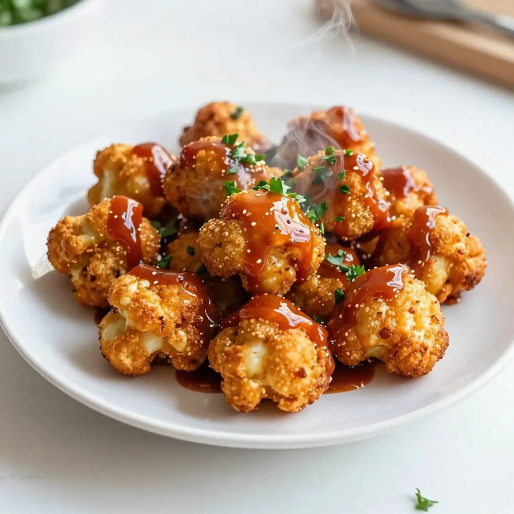 - Cauliflower florets - All-purpose flour - Almond milk (or plant-based alternative) - Garlic powder - Paprika - Salt - Black pepper - Buffalo sauce (store-bought or homemade) - Olive oil - Fresh parsley or cilantro The key to great Buffalo Cauliflower Bites is in the ingredients. I choose a large head of cauliflower for a satisfying texture. The florets should be cut into bite-sized pieces to ensure they bake evenly. I use all-purpose flour mixed with almond milk to create a light batter. This mix keeps the bites crispy while adding flavor. Garlic powder and paprika give a nice kick. Salt and pepper enhance the taste, making every bite tasty. For the spicy element, I opt for buffalo sauce. You can buy it or make your own. I love to add olive oil to the sauce. This step makes the flavor richer and helps the sauce stick to the cauliflower. Finally, I love to garnish with fresh parsley or cilantro. It adds color and freshness, making the dish pop visually. This combination of ingredients creates a snack that is both crispy and flavorful, perfect for any gathering. {{ingredient_image_2}} First, we need to preheat the oven to 450°F (232°C). This high heat helps make the bites crispy. Next, line a baking sheet with parchment paper. This will stop the bites from sticking and make cleanup easy. In a large bowl, mix together the all-purpose flour, almond milk, garlic powder, paprika, salt, and black pepper. Whisk the mixture until smooth. The batter should be thick enough to coat the cauliflower well. If it's too thin, add a bit more flour until you get the right consistency. Now, dip each cauliflower floret into the batter. Make sure each piece is fully coated. Place the coated florets on the prepared baking sheet in a single layer. Bake them in the oven for 20-25 minutes. Flip the florets halfway through. This helps them brown evenly and become extra crispy. Once they are golden brown, they are ready for the next step. To get those perfect crispy bites, you need to coat them well. Here are some tricks: - Use a thick batter. Combine flour, almond milk, garlic powder, paprika, salt, and pepper until smooth. - Dip each floret fully. Make sure every piece gets a good coat. - Space them out on the baking sheet. This helps the heat circulate evenly. For baking, set your oven to 450°F (232°C). Bake the bites for 20-25 minutes. Flip them halfway to brown all sides. They should come out golden and crunchy. To boost the flavor, mix buffalo sauce with olive oil. This adds richness and balances the heat. You can adjust the spice level. Add more sauce for a kick, or less for a milder taste. Experiment to find your perfect mix. For dipping, serve with ranch or blue cheese dressing. Fresh veggie sticks like carrots and celery add crunch. For a party, arrange the bites on a colorful platter. Garnish with fresh parsley or cilantro. This makes your dish pop! Add extra buffalo sauce on the side for dipping. Pro Tips Choose the Right Cauliflower: Select a large head of cauliflower with firm florets and vibrant green leaves. This ensures a fresher taste and better texture. Perfect Coating: Make sure your batter is thick enough to cling to the florets. If it's too runny, add a bit more flour to achieve the right consistency. Check for Crispiness: Baking times can vary based on your oven. Keep an eye on the cauliflower during the last few minutes to prevent burning and ensure perfect crispiness. Customize Your Sauce: Feel free to adjust the heat level of the buffalo sauce by mixing in some honey or maple syrup for sweetness, or adding extra hot sauce for more spice. {{image_4}} You can make buffalo cauliflower bites healthier. Substitute all-purpose flour with gluten-free flour. This keeps the same crunchy texture. You can also use chickpea flour for added protein. For a vegan twist, use plant-based milk. Almond milk works well, but you can try oat or soy milk too. Buffalo sauces come in many styles. You can choose spicy or mild based on your taste. If you like it hot, try adding cayenne pepper to your batter. For a different kick, mix in smoked paprika or cumin. Fresh herbs like parsley or chives can also add flavor to your bites. Buffalo cauliflower bites pair well with plant-based proteins. Serve them with chickpeas or tempeh for a full meal. If you enjoy meat, consider adding grilled chicken or shrimp on the side. These bites work great as an appetizer or part of a main dish. To keep your buffalo cauliflower bites fresh, store them in an airtight container. Place a piece of parchment paper between layers to reduce moisture. They stay good for about 3-5 days in the fridge. If you want to enjoy them later, consider freezing them. They will last up to three months in the freezer, but the texture may change slightly. To reheat and keep them crispy, the oven is your best friend. Preheat to 375°F (190°C) and bake them for about 10-15 minutes. This will help restore their crunch. If you’re short on time, you can also use an air fryer for about 5-7 minutes. To refresh their flavor, you can add a bit more buffalo sauce before reheating. This way, they stay tasty and delicious! Making Buffalo Cauliflower Bites takes about 50 minutes. You need 15 minutes for prep. Baking takes around 35 minutes. This gives you time to enjoy the flavors without rushing. Yes, you can use frozen cauliflower. Just thaw and drain it well. Pat the florets dry with a towel to avoid excess moisture. This helps them crisp up nicely in the oven. Some great dipping sauces include ranch, blue cheese, or a creamy garlic sauce. You can mix Greek yogurt with herbs for a lighter dip. Experiment with your favorite flavors to find the best pairings. Buffalo cauliflower bites are easy and fun to make. We covered the key ingredients and simple steps to create this dish. You learned how to achieve the right crispiness and explore various flavors. Don't forget to try different sauces and presentation ideas for your events. If you have leftovers, remembering proper storage and reheating tips will help keep them tasty. Enjoy making these bites for a healthy snack or a party treat. Your family and friends will love them!