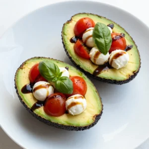 - 2 ripe avocados - 1 cup cherry tomatoes, halved - 1 cup fresh mozzarella balls, halved - 1/4 cup fresh basil leaves, finely chopped - 2 tablespoons balsamic glaze - 1 tablespoon extra virgin olive oil - Sea salt and freshly cracked pepper to taste The ingredients for Caprese stuffed avocado boats are simple yet vibrant. Each item plays a key role in creating a fresh, flavorful dish. 1. Avocados: Choose ripe ones. They should yield slightly when pressed. 2. Cherry tomatoes: These add a sweet burst of flavor. Halving them brings out their juiciness. 3. Mozzarella balls: Fresh mozzarella adds creaminess. Halve them for easy mixing. 4. Basil leaves: Fresh basil gives a lovely aroma. Finely chop for even distribution. 5. Balsamic glaze: This adds a sweet, tangy finish. It brightens the entire dish. 6. Extra virgin olive oil: It enhances flavor and adds richness. 7. Sea salt and pepper: These season the dish perfectly, bringing all the tastes together. Using fresh and high-quality ingredients is vital. They make the dish not only taste great but also look beautiful. Enjoy the process of gathering your ingredients, as they set the stage for a delightful culinary experience! {{ingredient_image_2}} - First, slice each avocado in half, lengthwise. - Gently remove the pit without damaging the halves. - Use a small spoon to scoop out a narrow layer of avocado flesh from the center. - Save this scooped-out flesh for later; it adds more flavor. - In a bowl, combine the halved cherry tomatoes, mozzarella balls, and finely chopped basil. - Drizzle this mix with extra virgin olive oil and balsamic glaze. - Season it with sea salt and freshly cracked pepper for a burst of flavor. - Gently toss the ingredients together to mix them well. - Spoon the tomato and mozzarella mixture into each avocado half. - Press down slightly to pack the filling well. - For extra creaminess, top the filling with the reserved avocado flesh, diced small. - Drizzle a bit more balsamic glaze on top for a beautiful finish. To choose ripe avocados, look for these signs: - The skin should be dark green or nearly black. - Gently squeeze the avocado. It should feel slightly soft but not mushy. - Check the stem area. If it pops off easily and is green underneath, it's ripe. If your avocados are not ripe yet, store them at room temperature. Avoid the fridge, as it slows the ripening process. Once ripe, you can keep them in the fridge to extend freshness. You can substitute ingredients to boost taste. Try these options: - Use heirloom tomatoes for a sweeter flavor. - Replace mozzarella with feta for a tangy twist. - Add a splash of lemon juice for extra zest. For more flavor, add spices or herbs. Here are some ideas: - Sprinkle red pepper flakes for heat. - Mix in chopped parsley or oregano for freshness. - A dash of garlic powder can give a nice kick. Experiment with these tips to make your Caprese stuffed avocado boats even more delicious! Pro Tips Choose Perfect Avocados: Look for avocados that are slightly soft to the touch but not mushy to ensure a creamy texture. Use Fresh Ingredients: Opt for fresh mozzarella and ripe tomatoes; their flavors will elevate the dish significantly. Experiment with Add-Ins: Feel free to add ingredients like pine nuts or a sprinkle of red pepper flakes for added flavor and texture. Presentation Matters: Serve your avocado boats on a colorful plate and garnish with extra basil for an appealing presentation. {{image_4}} You can make your Caprese stuffed avocado boats more filling by adding protein. - Grilled Chicken: Adding grilled chicken gives a nice flavor and texture. Just chop the chicken into small pieces and mix it into your filling. - Shrimp: Cooked shrimp also fits well in this dish. It adds a delightful taste. Simply chop it up and combine it with the other ingredients. - Cannellini Beans: If you want a vegetarian option, try cannellini beans. They add a creamy texture and extra protein. Just rinse and drain them before mixing in. Changing the dressing can change the whole dish. - Salad Dressings: You can use any salad dressing you like. A light Italian dressing or a lemon vinaigrette works great. Just drizzle it over the filling for a new twist. - Flavored Balsamic: Flavored balsamic glazes can add a unique taste. Options like fig or raspberry balsamic can make your dish special. Just swap out the regular balsamic glaze for a flavored one. These variations let you customize your Caprese stuffed avocado boats. Enjoy experimenting with different flavors! To keep your Caprese stuffed avocados fresh, store them in an airtight container. Place the avocado halves in the container with the filling side up. If you have leftover filling, store it separately. This helps prevent the avocado from browning too quickly. You can add a splash of lemon juice on the avocado to slow down oxidation. - Use an airtight container to store filled avocados. - Keep the filling in a separate container. - Add lemon juice to prevent browning. You should not reheat stuffed avocados. Avocados lose their creaminess and flavor when heated. Instead, enjoy them cold. If you have leftover filling, you can warm it gently in a pan. Use low heat to avoid losing its fresh taste. - Do not reheat stuffed avocados. - Warm leftover filling on low heat if desired. Ripe avocados last about 2 to 3 days at room temperature. If you store them in the fridge, they can last up to a week. Unripe avocados may take 4 to 7 days to ripen. To speed up ripening, place them in a paper bag with a banana. This bag traps ethylene gas, helping the fruit ripen faster. Remember to check them daily to avoid overripeness. Yes, you can prep parts of this dish ahead. Chop the tomatoes, mozzarella, and basil a day before. Keep them in an airtight container in the fridge. You can also cut the avocados and scoop some flesh out. Just brush the cut sides with lemon juice to keep them from browning. Assemble the boats right before serving for the freshest taste. If you need a substitute for mozzarella, try using feta or goat cheese. Both add a nice tang and creaminess. You can also use burrata for a richer flavor. For a dairy-free option, try cashew cheese or tofu. Just remember that these swaps will change the dish's taste, but they can be just as delicious! This blog post covered a simple and tasty avocado recipe. We discussed ingredients, step-by-step instructions, and tips for success. You can customize this dish with proteins and different dressings. Storing leftovers is easy to keep them fresh. Remember, using ripe avocados is key to great flavor. Now, you can enjoy your stuffed avocados at any meal. Try it out and find your favorite variations!