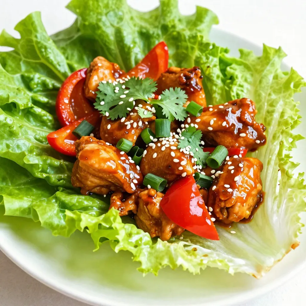 - 1 lb boneless, skinless chicken thighs - 1 tablespoon olive oil - 1 red bell pepper - 2 green onions - 2 cloves garlic - 1 tablespoon fresh ginger - 1/4 cup sweet chili sauce - 2 tablespoons soy sauce - 1 tablespoon sesame oil - Salt and ground black pepper - 1 head of butter or romaine lettuce - Sesame seeds for garnish - Fresh cilantro sprigs for garnish To make Sweet Chili Chicken Lettuce Cups, you need simple ingredients. First, choose one pound of chicken thighs. These make the dish juicy and tasty. Use one tablespoon of olive oil to cook the chicken. This oil helps it brown nicely. Next, add a red bell pepper for color and crunch. Chop it finely. For more flavor, use two green onions. Slice them thinly. Then, garlic and ginger add a great aroma. You need two cloves of garlic and one tablespoon of fresh ginger, grated. The sauces are the key to the taste. A quarter cup of sweet chili sauce adds sweetness. Two tablespoons of soy sauce give it a salty kick. A tablespoon of sesame oil adds a nutty flavor. Remember to season with salt and ground black pepper. Finally, the lettuce brings it all together. Use one head of butter or romaine lettuce. This will hold the filling well. Don’t forget the sesame seeds and fresh cilantro for garnish. They add great flair to your dish! {{ingredient_image_2}} - Heat 1 tablespoon of olive oil in a skillet over medium-high heat. - Add 1 pound of diced chicken thighs to the skillet. - Season the chicken with salt and ground black pepper to taste. - Cook the chicken for about 5-7 minutes. Stir occasionally until it turns brown. - Once the chicken is cooked, stir in 1 red bell pepper, finely chopped. - Add 2 sliced green onions, 2 minced cloves of garlic, and 1 tablespoon of grated ginger. - Continue to cook for another 2-3 minutes, stirring often. The veggies should become tender and fragrant. - Lower the heat slightly. Pour in 1/4 cup of sweet chili sauce. - Add 2 tablespoons of soy sauce and 1 tablespoon of sesame oil. - Stir the mixture well, coating the chicken and veggies in the sauce. - Let it simmer for 2-3 minutes, until the sauce thickens slightly. - While the chicken mixture simmers, rinse the lettuce leaves under cold water. - Pat the leaves dry with a paper towel. - Carefully separate the leaves so they stay whole and can hold the filling. - Use a spoon or small ladle to scoop the chicken mixture. - Place it in the center of each lettuce leaf. - Just before serving, sprinkle sesame seeds on top. - Add a few fresh cilantro sprigs on each cup for flavor and color. To ensure your chicken is cooked right, check the temperature. It should reach 165°F (75°C). Use a meat thermometer for best results. This helps keep your chicken juicy and safe to eat. To avoid soggy lettuce cups, rinse the leaves and dry them well. Pat them with a paper towel. Choose sturdy lettuce like romaine or butter lettuce. This keeps your cups crisp and ready for filling. You can customize the sweet chili sauce to match your taste. Add more sweet chili sauce for sweetness or a splash of soy sauce for depth. Mix in some lime juice for a zesty twist. If you like spice, try adding chili flakes or sriracha. Start with a little, and taste as you go. This way, you can control the heat and find the perfect balance. Arrange your filled lettuce cups on a nice platter for serving. Place them in rows for a clean look. This makes your dish inviting and ready to share. For extra visual appeal, sprinkle sesame seeds on top. Add fresh cilantro sprigs for color. You can also serve lime wedges on the side for a fresh burst of flavor. Pro Tips Use Fresh Ingredients: Fresh vegetables and herbs elevate the flavor of your dish. Choose vibrant, crisp lettuce and bright bell peppers for the best taste and presentation. Perfectly Cooked Chicken: Ensure your chicken is cooked to the right temperature (165°F/75°C) for safety and tenderness. Use a meat thermometer to check for doneness. Customize Your Spice Level: Adjust the amount of sweet chili sauce to control the heat. For a spicier kick, consider adding a splash of sriracha or red pepper flakes. Make Ahead: Prep the chicken mixture ahead of time and store it in the fridge. Assemble the lettuce cups just before serving to keep the lettuce crisp and fresh. {{image_4}} You can easily change the protein in this recipe. If you want a plant-based option, use tofu. If you prefer poultry, try ground turkey. Both options work well with the sweet chili sauce. For gluten-free needs, swap soy sauce with tamari. This keeps the dish safe for those with gluten allergies while still adding great flavor. Want to spice things up? Add chili flakes or sriracha to the chicken mix. This gives your cups a nice heat. You can also try adding different veggies. Shredded carrots or cucumber strips add crunch and freshness. If you want a different way to serve this dish, turn it into a salad. Just chop the lettuce and mix it all together. You can also serve the chicken mix over rice or noodles. This makes for a hearty meal, perfect for any time! To store leftover chicken mixture, let it cool completely first. Place it in an airtight container. Keep it in the fridge for up to three days. For the lettuce, wrap leaves in a damp paper towel. Seal them in a plastic bag or container. This helps keep the leaves fresh for about two days. When reheating the chicken, use a skillet over low heat. Add a splash of water or broth to keep it moist. Stir often to prevent sticking. You can also use a microwave. Cover the dish to trap steam, which helps avoid dryness. Heat in short bursts, stirring in between. To freeze the chicken mixture, let it cool fully. Transfer it to a freezer-safe bag or container. Be sure to label it with the date. It can last up to three months. For thawing, move it to the fridge overnight. Reheat as mentioned above for best results. I recommend using boneless, skinless chicken thighs. They stay juicy and tender. Thighs are more flavorful than chicken breasts. You can also use chicken breasts if you prefer. Just remember to cook them until they reach 165°F. For a different taste, try ground chicken or shredded rotisserie chicken. Yes, you can prepare some parts in advance. Cook the chicken mixture and store it in the fridge. It stays fresh for up to three days. You can also chop the veggies ahead of time. Just keep them in an airtight container. Assemble the cups just before serving for the best crunch. I love serving these cups with extra sweet chili sauce. It adds more flavor and fun. You could also try hoisin sauce or peanut sauce. Soy sauce mixed with lime juice works well, too. These sauces will complement the sweet and spicy notes in the chicken. If you want more heat, add some chili flakes. You can also mix in a bit of sriracha. For a kick, try using spicy sweet chili sauce instead. Adding fresh jalapeños or diced chili peppers gives a great boost. Experiment with the spice level to fit your taste. Yes, they are a healthy option! The chicken is lean and packed with protein. Lettuce is low in calories and high in fiber. Using fresh veggies like bell pepper and green onions adds vitamins. You control the sauce amount, so you can keep it light. Enjoy these cups guilt-free! You learned how to make tasty Sweet Chili Chicken Lettuce Cups. Starting with simple ingredients, you cooked chicken and added veggies. You then made a flavorful sauce and prepared crispy lettuce cups. Don't forget the fun tricks for serving and storing. These cups are easy to customize for your taste, too. Enjoy experimenting with flavors and toppings. Whether it’s a snack or meal, these cups can be your go-to dish. Happy cooking!