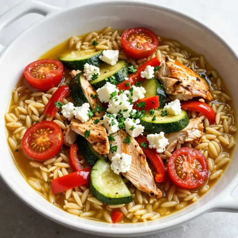 - 1 pound chicken breast, diced into bite-sized pieces - 2 cups orzo pasta - 1 medium onion, finely chopped - 3 cloves garlic, minced - 1 red bell pepper, diced - 1 zucchini, diced - 1 cup cherry tomatoes, halved For this dish, chicken breast is the star. I prefer it diced small so it cooks easily. The orzo pasta adds a nice, chewy texture and soaks up the flavors. Fresh vegetables like zucchini, red bell pepper, and cherry tomatoes add color and taste. Use a medium onion and some garlic to boost the overall flavor. - 2 cups vegetable or chicken broth - 1 teaspoon dried oregano - 1 teaspoon dried thyme - 1/2 teaspoon red pepper flakes (optional, for added heat) - Salt and pepper, to taste - 1/4 cup feta cheese, crumbled - 2 tablespoons fresh parsley, finely chopped (for garnish) Seasonings play a key role in making this meal special. I use dried oregano and thyme for a classic Mediterranean taste. Red pepper flakes can add a kick if you want some heat. Don't forget to season with salt and pepper! When the dish is ready, I sprinkle crumbled feta cheese and fresh parsley on top for flavor and color. - Vegetable broth - Chicken broth Choosing the right broth makes a big difference. I often use chicken broth for richer flavor. However, vegetable broth works great for a lighter, vegetarian option. Either choice will help the orzo absorb all those delicious flavors while it cooks. {{ingredient_image_2}} Cooking chicken Start by heating 2 tablespoons of olive oil in a large skillet over medium heat. Once the oil shimmers, add 1 pound of diced chicken breast. Season it with salt and pepper. Cook the chicken for about 5-7 minutes. It should turn golden brown and be cooked through. After that, transfer the chicken to a plate and set it aside. Sautéing vegetables In the same skillet, add 1 medium chopped onion. Sauté it for 3-4 minutes until it turns translucent. This adds nice flavor. Next, add 3 cloves of minced garlic. Sauté for another minute, stirring to keep it from burning. Then, toss in 1 diced red bell pepper, 1 diced zucchini, and 1 cup of halved cherry tomatoes. Cook these for about 5 minutes until they are tender and vibrant. Mixing ingredients Now, stir in 2 cups of orzo pasta along with 1 teaspoon of dried oregano, 1 teaspoon of dried thyme, and 1/2 teaspoon of red pepper flakes if you want some heat. Mix everything well so the orzo gets coated in the tasty vegetable flavors. Simmering process Pour in 2 cups of vegetable or chicken broth. Turn up the heat slightly and bring the mixture to a gentle boil. Once it starts boiling, lower the heat and cover the skillet. Let it simmer for about 10-12 minutes. Stir occasionally to stop the orzo from sticking to the bottom. Adding chicken back Once the orzo is tender, return the sautéed chicken to the skillet. Gently fold all of the ingredients together. Let it heat through for an extra 2-3 minutes. Garnishing with feta and parsley Remove the skillet from the heat. Sprinkle 1/4 cup of crumbled feta cheese and 2 tablespoons of finely chopped parsley on top. This adds a fresh touch and a burst of flavor. Serve the dish hot, right from the skillet. Enjoy! To ensure tenderness, I recommend using chicken breast cut into bite-sized pieces. This helps the chicken cook evenly. Sauté the chicken until golden brown. This gives a nice texture and locks in moisture. Season generously with salt and pepper. You can also marinate the chicken in olive oil, lemon juice, and herbs for added flavor. For flavor enhancement, try adding a pinch of smoked paprika or lemon zest. These ingredients boost the taste and make every bite special. To avoid stickiness, stir the orzo often while it cooks. This prevents it from clumping together. Use enough broth so the orzo can absorb it well. You should see a creamy texture when it’s done. Adjusting liquid ratios is key. Use 2 cups of broth for every 2 cups of orzo. If you like a saucier dish, add a bit more broth during cooking. This keeps the orzo tender and full of flavor. For serving suggestions, dish out the orzo directly from the skillet. This gives a rustic and inviting feel. Top it with crumbled feta and fresh parsley for a pop of color. When pairing with sides, consider serving crusty bread. It’s perfect for soaking up any remaining broth. A simple green salad also complements this meal well, adding freshness and crunch. Pro Tips Use Fresh Herbs: Fresh parsley adds a burst of flavor and brightness to the dish. Consider adding basil or mint for a unique twist. Customize Your Vegetables: Feel free to swap in your favorite vegetables, such as spinach or artichokes, to personalize the recipe. Perfectly Cooked Orzo: Stir the orzo occasionally while it cooks to prevent it from clumping and ensure even cooking. Serve with Style: For an impressive presentation, serve the dish in the skillet with a sprinkle of extra feta and a drizzle of olive oil. {{image_4}} You can easily swap out chicken for other proteins. Try shrimp, fish, or even turkey. Each option brings a unique taste. If you want a plant-based meal, use chickpeas or tofu. Both absorb flavors well and add protein. Want more heat? Add extra red pepper flakes. You could also try cayenne pepper for a kick. If you like, mix in more vegetables like spinach or carrots. These add color and nutrients. If you need a gluten-free dish, use gluten-free orzo. It cooks similar to regular orzo and tastes great. For a dairy-free option, skip the feta cheese or use a dairy-free alternative. Nutritional yeast can add a cheesy flavor without dairy. After you finish your One-Pan Mediterranean Chicken Orzo, let it cool down first. This step is key to avoid steam build-up, which can spoil the food. Place the dish in a shallow container. This helps it cool quickly and evenly. Cover it tightly with a lid or plastic wrap. Store it in the fridge for up to three days. To reheat the orzo, use the stovetop or microwave. For the stovetop, add a splash of broth or water to keep it moist. Warm it over medium heat, stirring often. If you use the microwave, cover it loosely to let steam escape. Heat it in short bursts, checking every minute. This method helps keep the flavors fresh and vibrant. If you want to save some for later, freezing is a great option. First, let the orzo cool completely. Then, transfer it to a freezer-safe container or bag. Remove as much air as possible before sealing. This helps prevent freezer burn. You can freeze it for up to three months. When you’re ready to eat, thaw it overnight in the fridge. For a quick method, use the microwave on the defrost setting. After thawing, reheat using the tips mentioned above to bring back that delicious flavor. Orzo is a small, rice-shaped pasta. It has a smooth texture and cooks quickly. You can use orzo in soups, salads, or as a side dish. To cook orzo, boil it in salted water for about 8-10 minutes. Stir occasionally to prevent sticking. Drain it well before adding it to your main dish. Yes, whole grain orzo is a great choice. It has more fiber and nutrients than regular orzo. This makes it a healthier option. However, it may take a bit longer to cook. Adjust the cooking time to about 12-14 minutes. Check the texture to ensure it's tender but not mushy. You can use several options if you need a feta substitute. For a dairy-free choice, try crumbled tofu mixed with lemon juice. This gives a similar tangy flavor. Another option is goat cheese, which has a creamy texture. If you want a lighter taste, try ricotta cheese. Each will change the dish's flavor, but they can work well in this recipe. This article offered a detailed look at making a delicious orzo dish with chicken. You learned about the key ingredients, like chicken, orzo, and fresh veggies. I shared step-by-step cooking instructions and valuable tips to perfect the chicken and orzo. You can also explore variations for different diets and preferences. Remember to follow the storage tips for freshness and flavor. With these insights, you'll create a meal that delights everyone at your table. Enjoy cooking with confidence and creativity!