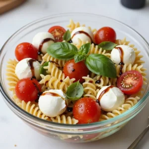 - 8 ounces rotini or fusilli pasta - 1 cup cherry tomatoes, halved - 1 cup fresh mozzarella balls, halved - 1/2 cup fresh basil leaves, torn - 1/4 cup extra virgin olive oil - 2 tablespoons balsamic glaze - 2 cloves garlic, minced - Salt and freshly ground black pepper, to taste When I think of classic Caprese pasta salad, I think of fresh, vibrant flavors. The rotini or fusilli pasta serves as a perfect base. You want it to be fun to eat and hold all the goodness. Cherry tomatoes bring a sweet pop, while fresh mozzarella adds creaminess. - Alternative pasta options: You can use penne or even gluten-free pasta. - Cheese replacements: For a dairy-free option, try using vegan mozzarella. - Fresh herb alternatives: If you can&rsquo;t find basil, consider using arugula or parsley. Each of these swaps still keeps the dish fresh and tasty. Do not be afraid to try new ingredients that you love. - Choosing ripe tomatoes: Look for bright, shiny tomatoes. They should feel firm but not hard. - Selecting fresh mozzarella: Choose mozzarella packed in water for the best taste and texture. - Tips for fresh basil: Use fresh basil that is bright green with no brown spots. It should smell fragrant. Using high-quality ingredients makes a big difference. They enhance the flavors and overall experience of your Caprese pasta salad. {{ingredient_image_2}} 1. Start by boiling a pot of salted water. Use enough water to fully cover the pasta. 2. Add the rotini or fusilli pasta to the boiling water. Cook according to the package instructions. Aim for al dente, which means firm but not hard. 3. Once cooked, drain the pasta in a colander. Rinse it under cold running water. This stops the cooking and cools down the pasta quickly. Transfer the pasta to a large mixing bowl. 1. In the bowl with the cooled pasta, add the halved cherry tomatoes. 2. Next, add the fresh mozzarella balls and the torn basil leaves. 3. Gently mix to combine the pasta and vegetables evenly. This helps the flavors spread throughout the salad. 1. In a small mixing bowl, whisk together the extra virgin olive oil, minced garlic, and balsamic glaze. 2. Add salt and freshly ground black pepper to taste. Whisk until the ingredients are fully combined. This creates a smooth and flavorful dressing. 1. Pour the prepared dressing over the pasta salad. 2. Gently toss with a spatula or spoon until all ingredients are coated evenly. 3. Taste the salad and adjust the flavors. You can add more salt, pepper, or balsamic glaze if needed. Mix again to distribute any added ingredients. 1. Cover the mixing bowl with plastic wrap or transfer the salad to an airtight container. 2. Chill in the refrigerator for at least 30 minutes. This resting time allows the flavors to meld together. 3. For presentation, serve the pasta salad in a large, clear glass bowl. This shows off the vibrant colors of the ingredients. Garnish with extra fresh basil leaves and a drizzle of balsamic glaze for a beautiful finish. To boost the taste of your Caprese pasta salad, add herbs like oregano or parsley. They will give it a fresh kick. Crushed red pepper flakes can add a bit of heat if you like spice. For dressings, you can swap balsamic glaze with lemon juice or a creamy dressing. Each option brings a unique twist to the dish. You can make this salad ahead of time. It tastes even better after sitting in the fridge for a few hours. Store it in an airtight container to keep it fresh. If you plan to keep it for more than two days, add the dressing right before serving. This keeps the pasta from getting soggy. For a vegan option, replace mozzarella with avocado or tofu. If you're gluten-free, use gluten-free pasta. You can also play with ingredients by adding seasonal veggies. For example, try roasted zucchini in the summer or butternut squash in the fall. This salad is flexible and can fit your dietary needs easily. Pro Tips Use Fresh Ingredients: Always opt for the freshest tomatoes, mozzarella, and basil available. Fresh ingredients elevate the flavors and overall quality of your pasta salad. Customize the Pasta Shape: While rotini and fusilli are great choices, feel free to experiment with other pasta shapes like penne or farfalle for a unique twist. Enhance the Flavor: For an extra flavor boost, consider adding some red pepper flakes or a squeeze of lemon juice to the dressing. Chill Before Serving: Allowing the salad to chill for at least 30 minutes helps the flavors meld together, making every bite more delicious. {{image_4}} You can easily enhance your Caprese pasta salad. One great addition is olives. Black or green olives add a nice salty flavor. You can also try artichokes. They bring a unique taste and texture. Another option is to use different cheeses. Instead of mozzarella, you can use feta or goat cheese. These changes help create a new twist on the classic dish. Seasonal ingredients make this salad shine. In summer, add fresh corn or zucchini. Their bright flavors pair well with the other ingredients. In winter, consider roasted veggies. Roasting carrots or bell peppers brings warmth and depth. These seasonal tweaks keep your salad fresh and exciting all year long. Explore Mediterranean flavors in your salad. Add sun-dried tomatoes or capers for added depth. You can also use unique dressings. Instead of balsamic, try a lemon vinaigrette. This brightens the dish and adds zing. These regional twists let you explore different tastes while keeping the essence of Caprese pasta salad. To keep your Classic Caprese Pasta Salad fresh, store it in the fridge. Use an airtight container to seal in flavors. The salad stays good for up to three days. The pasta might soak up the dressing over time. Stir it gently before serving to rehydrate the ingredients. You can freeze pasta salad, but it may change texture. The mozzarella and tomatoes can become mushy. If you want to freeze it, leave out the cheese and fresh ingredients. Freeze the pasta and dressing in separate bags. It&rsquo;s best to eat it fresh for the best taste. When you reheat the salad, do it slowly. Use a microwave on low power. Stir the salad often to heat it evenly. This method helps keep the pasta from becoming too soft. If you prefer it cold, serve it straight from the fridge. Enjoying it cold will maintain its fresh flavor. Classic Caprese Pasta Salad is a fresh Italian dish. It blends pasta, tomatoes, mozzarella, and basil. The colors reflect the Italian flag. This salad is light, tasty, and easy to make. You can enjoy it as a meal or a side dish. The mix of flavors offers a delightful taste experience. To serve a crowd, simply scale up the recipe. For every four servings, use these amounts: - 16 ounces pasta - 2 cups cherry tomatoes - 2 cups mozzarella balls - 1 cup basil leaves - 1/2 cup olive oil - 4 tablespoons balsamic glaze - 4 cloves garlic - Salt and pepper to taste Mix all ingredients in a large bowl. Make sure to toss well. This method keeps the dish delicious and fresh. Yes, you can make this salad ahead of time. It&rsquo;s best to prepare it up to a day in advance. Just keep it in the fridge. This allows the flavors to blend well. However, do not add the dressing until just before serving. This keeps the pasta from getting soggy. Caprese Pasta Salad pairs well with many dishes. Here are some ideas: - Grilled chicken or shrimp - Garlic bread or bruschetta - A light green salad - Roasted vegetables These options enhance your meal and complement the salad's flavors. Yes, Caprese Pasta Salad is a healthy choice. It offers many nutrients. The fresh tomatoes provide vitamins C and K. Mozzarella adds protein and calcium. Basil brings antioxidants. The olive oil is a healthy fat source. Overall, this dish is light and nutritious, making it a great option for a balanced meal. In this post, I covered how to create a delicious Caprese Pasta Salad. We looked at essential ingredients, tips for quality, and how to mix them. I shared methods for chilling, serving, and storing the salad. Remember, customizing your dish keeps it fresh and fun. Whether you stick to the classic or try seasonal twists, you'll impress everyone. Enjoy every bite of your tasty creation!