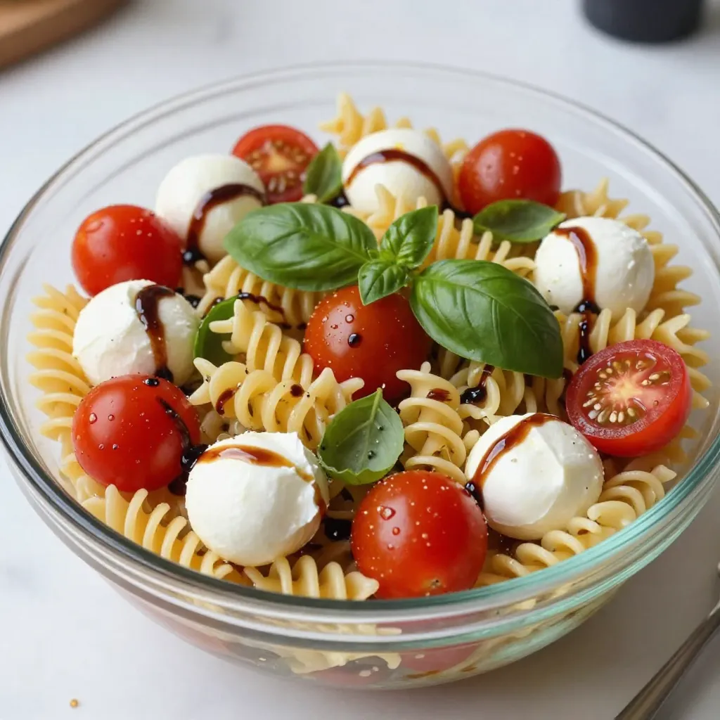 - 8 ounces rotini or fusilli pasta - 1 cup cherry tomatoes, halved - 1 cup fresh mozzarella balls, halved - 1/2 cup fresh basil leaves, torn - 1/4 cup extra virgin olive oil - 2 tablespoons balsamic glaze - 2 cloves garlic, minced - Salt and freshly ground black pepper, to taste When I think of classic Caprese pasta salad, I think of fresh, vibrant flavors. The rotini or fusilli pasta serves as a perfect base. You want it to be fun to eat and hold all the goodness. Cherry tomatoes bring a sweet pop, while fresh mozzarella adds creaminess. - Alternative pasta options: You can use penne or even gluten-free pasta. - Cheese replacements: For a dairy-free option, try using vegan mozzarella. - Fresh herb alternatives: If you can’t find basil, consider using arugula or parsley. Each of these swaps still keeps the dish fresh and tasty. Do not be afraid to try new ingredients that you love. - Choosing ripe tomatoes: Look for bright, shiny tomatoes. They should feel firm but not hard. - Selecting fresh mozzarella: Choose mozzarella packed in water for the best taste and texture. - Tips for fresh basil: Use fresh basil that is bright green with no brown spots. It should smell fragrant. Using high-quality ingredients makes a big difference. They enhance the flavors and overall experience of your Caprese pasta salad. {{ingredient_image_2}} 1. Start by boiling a pot of salted water. Use enough water to fully cover the pasta. 2. Add the rotini or fusilli pasta to the boiling water. Cook according to the package instructions. Aim for al dente, which means firm but not hard. 3. Once cooked, drain the pasta in a colander. Rinse it under cold running water. This stops the cooking and cools down the pasta quickly. Transfer the pasta to a large mixing bowl. 1. In the bowl with the cooled pasta, add the halved cherry tomatoes. 2. Next, add the fresh mozzarella balls and the torn basil leaves. 3. Gently mix to combine the pasta and vegetables evenly. This helps the flavors spread throughout the salad. 1. In a small mixing bowl, whisk together the extra virgin olive oil, minced garlic, and balsamic glaze. 2. Add salt and freshly ground black pepper to taste. Whisk until the ingredients are fully combined. This creates a smooth and flavorful dressing. 1. Pour the prepared dressing over the pasta salad. 2. Gently toss with a spatula or spoon until all ingredients are coated evenly. 3. Taste the salad and adjust the flavors. You can add more salt, pepper, or balsamic glaze if needed. Mix again to distribute any added ingredients. 1. Cover the mixing bowl with plastic wrap or transfer the salad to an airtight container. 2. Chill in the refrigerator for at least 30 minutes. This resting time allows the flavors to meld together. 3. For presentation, serve the pasta salad in a large, clear glass bowl. This shows off the vibrant colors of the ingredients. Garnish with extra fresh basil leaves and a drizzle of balsamic glaze for a beautiful finish. To boost the taste of your Caprese pasta salad, add herbs like oregano or parsley. They will give it a fresh kick. Crushed red pepper flakes can add a bit of heat if you like spice. For dressings, you can swap balsamic glaze with lemon juice or a creamy dressing. Each option brings a unique twist to the dish. You can make this salad ahead of time. It tastes even better after sitting in the fridge for a few hours. Store it in an airtight container to keep it fresh. If you plan to keep it for more than two days, add the dressing right before serving. This keeps the pasta from getting soggy. For a vegan option, replace mozzarella with avocado or tofu. If you're gluten-free, use gluten-free pasta. You can also play with ingredients by adding seasonal veggies. For example, try roasted zucchini in the summer or butternut squash in the fall. This salad is flexible and can fit your dietary needs easily. Pro Tips Use Fresh Ingredients: Always opt for the freshest tomatoes, mozzarella, and basil available. Fresh ingredients elevate the flavors and overall quality of your pasta salad. Customize the Pasta Shape: While rotini and fusilli are great choices, feel free to experiment with other pasta shapes like penne or farfalle for a unique twist. Enhance the Flavor: For an extra flavor boost, consider adding some red pepper flakes or a squeeze of lemon juice to the dressing. Chill Before Serving: Allowing the salad to chill for at least 30 minutes helps the flavors meld together, making every bite more delicious. {{image_4}} You can easily enhance your Caprese pasta salad. One great addition is olives. Black or green olives add a nice salty flavor. You can also try artichokes. They bring a unique taste and texture. Another option is to use different cheeses. Instead of mozzarella, you can use feta or goat cheese. These changes help create a new twist on the classic dish. Seasonal ingredients make this salad shine. In summer, add fresh corn or zucchini. Their bright flavors pair well with the other ingredients. In winter, consider roasted veggies. Roasting carrots or bell peppers brings warmth and depth. These seasonal tweaks keep your salad fresh and exciting all year long. Explore Mediterranean flavors in your salad. Add sun-dried tomatoes or capers for added depth. You can also use unique dressings. Instead of balsamic, try a lemon vinaigrette. This brightens the dish and adds zing. These regional twists let you explore different tastes while keeping the essence of Caprese pasta salad. To keep your Classic Caprese Pasta Salad fresh, store it in the fridge. Use an airtight container to seal in flavors. The salad stays good for up to three days. The pasta might soak up the dressing over time. Stir it gently before serving to rehydrate the ingredients. You can freeze pasta salad, but it may change texture. The mozzarella and tomatoes can become mushy. If you want to freeze it, leave out the cheese and fresh ingredients. Freeze the pasta and dressing in separate bags. It’s best to eat it fresh for the best taste. When you reheat the salad, do it slowly. Use a microwave on low power. Stir the salad often to heat it evenly. This method helps keep the pasta from becoming too soft. If you prefer it cold, serve it straight from the fridge. Enjoying it cold will maintain its fresh flavor. Classic Caprese Pasta Salad is a fresh Italian dish. It blends pasta, tomatoes, mozzarella, and basil. The colors reflect the Italian flag. This salad is light, tasty, and easy to make. You can enjoy it as a meal or a side dish. The mix of flavors offers a delightful taste experience. To serve a crowd, simply scale up the recipe. For every four servings, use these amounts: - 16 ounces pasta - 2 cups cherry tomatoes - 2 cups mozzarella balls - 1 cup basil leaves - 1/2 cup olive oil - 4 tablespoons balsamic glaze - 4 cloves garlic - Salt and pepper to taste Mix all ingredients in a large bowl. Make sure to toss well. This method keeps the dish delicious and fresh. Yes, you can make this salad ahead of time. It’s best to prepare it up to a day in advance. Just keep it in the fridge. This allows the flavors to blend well. However, do not add the dressing until just before serving. This keeps the pasta from getting soggy. Caprese Pasta Salad pairs well with many dishes. Here are some ideas: - Grilled chicken or shrimp - Garlic bread or bruschetta - A light green salad - Roasted vegetables These options enhance your meal and complement the salad's flavors. Yes, Caprese Pasta Salad is a healthy choice. It offers many nutrients. The fresh tomatoes provide vitamins C and K. Mozzarella adds protein and calcium. Basil brings antioxidants. The olive oil is a healthy fat source. Overall, this dish is light and nutritious, making it a great option for a balanced meal. In this post, I covered how to create a delicious Caprese Pasta Salad. We looked at essential ingredients, tips for quality, and how to mix them. I shared methods for chilling, serving, and storing the salad. Remember, customizing your dish keeps it fresh and fun. Whether you stick to the classic or try seasonal twists, you'll impress everyone. Enjoy every bite of your tasty creation!