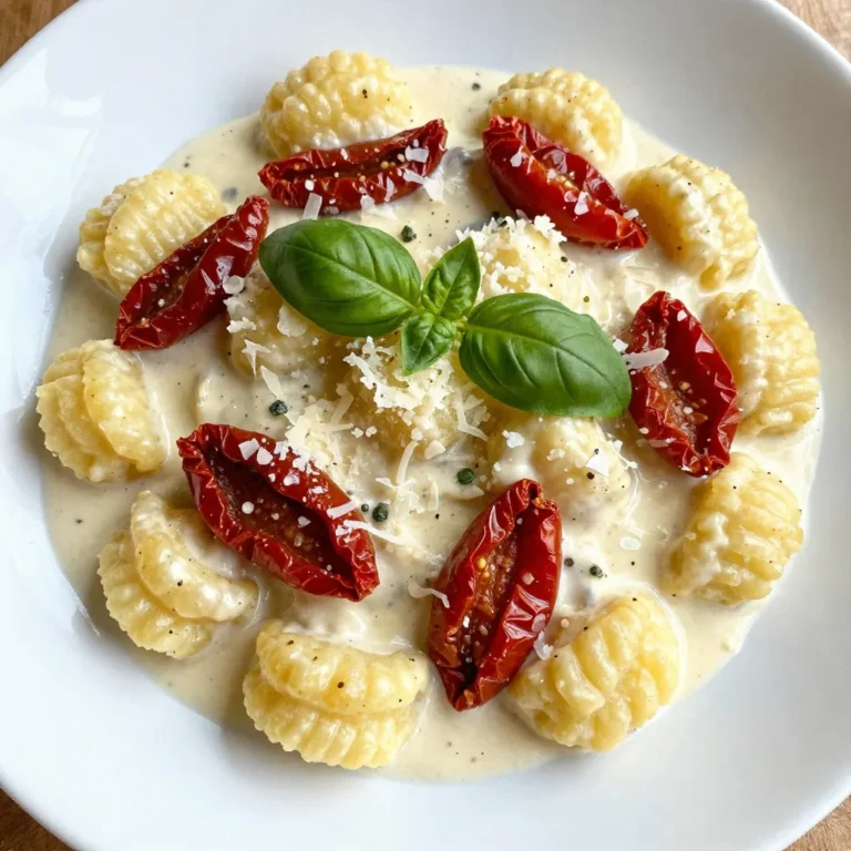 To make your Creamy Sun-Dried Tomato Gnocchi, gather the following ingredients: - 1 package (16 oz) of potato gnocchi - 3 tablespoons olive oil - 3 cloves garlic, finely minced - 1 cup sun-dried tomatoes, coarsely chopped (preferably not packed in oil) - 1 cup heavy cream - 1/2 cup vegetable broth - 1/2 cup freshly grated Parmesan cheese - 1 teaspoon dried basil - 1/2 teaspoon red pepper flakes (optional, for a bit of heat) - Salt and freshly ground black pepper to taste - Fresh basil leaves for garnish You can swap some ingredients if needed. Here are some ideas: - Gnocchi: Use gluten-free gnocchi if you prefer. - Heavy Cream: Substitute with coconut cream for a dairy-free option. - Parmesan Cheese: Nutritional yeast can replace Parmesan for a vegan dish. - Sun-Dried Tomatoes: Fresh tomatoes can work but won't give the same rich flavor. - Vegetable Broth: Chicken broth can be used for a non-vegetarian option. Using fresh ingredients makes your dish taste better. Fresh garlic adds a bright flavor. Quality sun-dried tomatoes bring depth and sweetness. Fresh basil gives a vibrant finish, enhancing both taste and presentation. When you cook, always choose the best ingredients you can find. They make a big difference in your meals. {{ingredient_image_2}} Start by boiling a large pot of salted water. When the water is at a rolling boil, add the potato gnocchi. Cook them according to the package instructions. They usually float to the top when done, which takes about 2-3 minutes. Once cooked, drain the gnocchi and place them in a large bowl. Next, grab a sizable skillet and heat the olive oil over medium heat. Wait until the oil shimmers, then add the finely minced garlic. Sauté the garlic for about 1 minute. Stir often to avoid browning it. Too much heat can make garlic bitter, which we want to avoid. Now it's time to make the cream sauce. Pour in the heavy cream and vegetable broth into the skillet with the garlic. Stir constantly as you bring the mixture to a gentle simmer. Watch it thicken for about 3-4 minutes, but keep it from boiling. Once the sauce has thickened, add the grated Parmesan cheese, dried basil, and optional red pepper flakes to the skillet. Mix everything well until the cheese melts and the sauce blends smoothly. Then, gently add the cooked gnocchi into the skillet. Toss them in the creamy sauce so they get well coated. Cook for another 2-3 minutes to heat everything through. Transfer the creamy gnocchi to serving plates. For a pop of color, garnish with fresh basil leaves. If you like, sprinkle a bit more Parmesan cheese on top for extra flavor. For a gourmet touch, serve in shallow bowls with a drizzle of olive oil around the edges. Enjoy your delicious meal! To get that perfect creamy sauce, start with heavy cream. This will make your sauce rich and lush. Mix in vegetable broth to balance the thickness. If you want it creamier, add more cheese. Stir constantly as you heat the sauce. This keeps it smooth and prevents lumps. Use fresh garlic, as it adds a bright taste. Sun-dried tomatoes give a sweet and tangy depth. Adding a pinch of red pepper flakes can give your dish a nice kick. Don't forget salt and black pepper; they help enhance all the flavors. Fresh basil leaves on top add aroma and a pop of color. Avoid overcooking the garlic; it can turn bitter quickly. Make sure not to boil the cream sauce; this can cause it to separate. Stir the gnocchi gently when mixing with the sauce; you don't want them to break apart. Lastly, taste as you go. Adjust seasoning to suit your palate for the best outcome. Pro Tips Use Fresh Ingredients: Fresh sun-dried tomatoes and high-quality Parmesan cheese will enhance the overall flavor of the dish, making it more vibrant and delicious. Adjust the Creaminess: If you prefer a lighter sauce, feel free to substitute half of the heavy cream with more vegetable broth, keeping the flavors balanced. Gnocchi Cooking Tip: Ensure the gnocchi are cooked just until they float to avoid a mushy texture. They will continue to cook slightly when combined with the sauce. Garnish for Flavor: Adding a squeeze of fresh lemon juice or a sprinkle of lemon zest before serving can brighten the dish and add a delightful contrast to the creaminess. {{image_4}} You can easily add protein to your creamy sun-dried tomato gnocchi. Chicken and shrimp are great choices. For chicken, use cooked, diced chicken breast. Just toss it in when you mix in the gnocchi. For shrimp, sauté them in the olive oil before adding garlic. Cook until they turn pink, then proceed with the recipe. Both options bring a tasty twist to the dish. Adding veggies can make your gnocchi even better. Spinach works well; just stir it in when you add the sun-dried tomatoes. It wilts quickly and adds color. Mushrooms are another great choice. Sauté sliced mushrooms with the garlic for extra flavor. You can also try zucchini or bell peppers. These options boost nutrients and add texture. If you need a gluten-free option, look for gluten-free gnocchi brands. They are often made from rice or other gluten-free flours. You can find these in most grocery stores. Just follow the package instructions for cooking, and then use the same sauce recipe. This way, you can enjoy creamy sun-dried tomato gnocchi without gluten. To store leftovers, let the creamy gnocchi cool to room temperature. Transfer it to an airtight container. This helps keep the flavors locked in. You can store it in the fridge for up to three days. Make sure to label the container with the date. When reheating, use a skillet on medium heat. Add a splash of vegetable broth or cream to keep it moist. Stir gently until it's warmed through. You can also microwave it in short bursts. Cover it to keep moisture in and stir in between. To freeze, place the cooled gnocchi in a freezer-safe container. It can last for up to three months in the freezer. When ready to eat, thaw it in the fridge overnight. Reheat as mentioned above. The sauce may separate slightly after freezing, but stirring will restore its smooth texture. Creamy Sun-Dried Tomato Gnocchi lasts about 3 to 4 days in the fridge. Store it in an airtight container. Make sure it cools completely before sealing. This helps keep the flavors fresh. Yes, you can make this dish vegan. Substitute the heavy cream with coconut cream or cashew cream. Use nutritional yeast instead of Parmesan cheese for a cheesy flavor. Choose vegan gnocchi, which is often made without eggs. You can serve this gnocchi with a simple green salad. A side of garlic bread pairs well too. If you want some protein, grilled chicken or shrimp can enhance the meal. Consider adding roasted vegetables for extra flavor and color. This blog post covered everything you need to know about Creamy Sun-Dried Tomato Gnocchi. We discussed key ingredients and substitutions, the importance of freshness, and gave step-by-step cooking instructions. You learned tips for creamy sauce and flavor enhancement, plus ways to avoid mistakes. We explored tasty variations to suit your diet and provided storage and reheating advice. Try making this dish with your personal touch. Enjoy the process, and share it with loved ones!