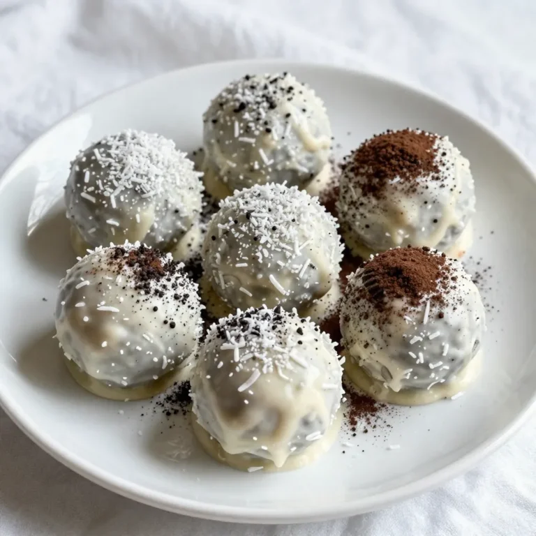 To make Oreo Snowball Truffles, gather these simple ingredients: - 1 package (15.35 oz) regular Oreo cookies - 8 oz cream cheese, softened to room temperature - 1 cup white chocolate chips - 1 cup unsweetened shredded coconut - 1/4 cup cocoa powder (for dusting) - A pinch of salt These ingredients create a rich and creamy truffle. The Oreo cookies give a tasty crunch. Cream cheese adds smoothness to the mixture. White chocolate makes each truffle sweet and lovely. Shredded coconut gives a snowy look and flavor. Cocoa powder adds a touch of chocolatey goodness. Salt balances the sweetness and brings out all the flavors. You can find most of these items in any grocery store. If you want to make these truffles even more special, consider using flavored Oreos. You could also swap the white chocolate for dark chocolate for a richer taste. Enjoy picking your ingredients and getting ready to make these delightful treats! {{ingredient_image_2}} 1. Crushing the Oreo cookies: Start by placing the Oreo cookies in a food processor. Pulse them for about one minute. You want them crushed into a fine powder. This texture will help the truffles hold together well. 2. Blending with cream cheese: Next, take 8 ounces of softened cream cheese. Add this to the crushed Oreos in the food processor. Blend on medium speed. You want a smooth mixture that forms a dough-like consistency. This should take about 30 seconds. 3. Molding into balls: Now, scoop out tablespoon-sized portions of the mixture. Using your hands, roll each portion into a ball. Make them nice and smooth. Place each ball on a baking sheet lined with parchment paper. Repeat until all the mixture is shaped into balls. 1. Freezing the shaped truffles: Once all the balls are formed, place the baking sheet in the freezer. Chill for about 30 minutes. This helps the truffles set and firm up, making them easier to coat later. 2. Melting the white chocolate: While the truffles chill, take 1 cup of white chocolate chips. Place them in a microwave-safe bowl. Heat them in 30-second intervals. Stir well after each interval until smooth. This melted chocolate will serve as the coating. 3. Dipping and coating with coconut: After the truffles are firm, remove them from the freezer. Dip each truffle into the melted white chocolate. Let the excess chocolate drip back into the bowl. Then, roll the dipped truffles in 1 cup of unsweetened shredded coconut to coat them fully. You can also dust some with cocoa powder for a nice touch. Finally, place the coated truffles back on the parchment-lined baking sheet. 4. Setting the coating: Repeat the dipping and rolling process until all truffles are coated. Once done, refrigerate them for 20 minutes. This allows the white chocolate coating to set completely. Enjoy your Oreo Snowball Truffles as a fun and easy treat! To get the right texture for your truffles, start with the cream cheese. It needs to be soft. I suggest leaving it out for a while before mixing. This helps it blend easier with the crushed Oreos. If the cream cheese is too cold, it will not mix well. Next, avoid overmixing the mixture. Blend just until the Oreo and cream cheese combine, which should take about 30 seconds. Overmixing can make the truffles too wet and hard to shape. Aim for a smooth, moldable mixture. When serving your Oreo Snowball Truffles, think of fun ways to display them. You can arrange them on a decorative platter. For a festive touch, sprinkle extra shredded coconut around them. Placing each truffle in colorful paper cups also adds a nice pop of color. Consider pairing these treats with hot chocolate or coffee for a cozy vibe. They make a great treat for parties or family gatherings. The snowy look of these truffles makes them fun for winter events. Enjoy their beauty and taste! Pro Tips Chill for Perfect Texture: Ensure the truffles are well-chilled before dipping; this helps them maintain their shape and makes dipping easier. Experiment with Coatings: Try rolling the truffles in crushed nuts or sprinkles for added texture and flavor variations. Use Quality White Chocolate: For the best results, choose high-quality white chocolate for melting; it will yield a smoother and more delicious coating. Make Ahead and Freeze: These truffles can be made ahead of time and frozen. Just thaw in the refrigerator before serving for a quick and easy treat. {{image_4}} You can change up the toppings for your Oreo Snowball Truffles. If you want to skip shredded coconut, try using crushed nuts. Chopped almonds or hazelnuts add a nice crunch. You can also roll them in crushed graham crackers for a fun twist. For a fun flavor kick, consider adding sprinkles on top. They add color and texture. You can even mix in crushed peppermint candies for a festive touch. If you want a bolder flavor, use dark chocolate instead of white chocolate. Dark chocolate gives a rich taste and cuts the sweetness. It pairs well with the creamy filling. You can also add extracts to enhance the flavor. A few drops of mint or vanilla extract work wonders. Experiment with flavors like almond or orange for a unique twist. Each adjustment makes the truffles your own special treat! To keep your Oreo Snowball Truffles fresh, refrigerate them in a sealed container. I suggest using an airtight container. This helps prevent any moisture from ruining the texture. Truffles stay good in the fridge for about a week. If you want to save them for longer, freezing is a great option. Place the truffles in a single layer on a baking sheet. Freeze them for about an hour. Then, transfer the truffles to a freezer-safe bag or container. They can last up to three months in the freezer. To keep your truffles fresh, always use airtight containers. This keeps air out and helps maintain flavor. You can also place a piece of parchment paper between layers of truffles. This stops them from sticking together. Watch for signs that your truffles may have gone bad. If they smell off or have a strange texture, it's best to toss them. Mold is another clear sign that they are no longer safe to eat. Always trust your senses to ensure your treats are still good! If you need a dairy-free option, try cashew cream. To make cashew cream, soak cashews in water for a few hours. Then blend them until smooth. You can also use vegan cream cheese, which works well. Another option is Greek yogurt. It will make your truffles a bit tangy but still tasty. Just make sure to use plain, unsweetened yogurt. Yes, you can make Oreo Snowball Truffles ahead of time. They taste great if you store them correctly. Place them in an airtight container to keep them fresh. You can store truffles in the fridge for up to a week. For longer storage, freeze them. They can last up to three months in the freezer. Just remember to let them thaw in the fridge before enjoying. Oreo cookies are not gluten-free, so check the label if you need a gluten-free treat. Some brands offer gluten-free sandwich cookies. You can use these gluten-free cookies in your truffles. This way, you can enjoy the same deliciousness without gluten. Always check labels to ensure your other ingredients are gluten-free too. This blog post covered making Oreo Snowball Truffles, from mixing ingredients to storage tips. You learned how to crush Oreo cookies, blend them with cream cheese, and mold delightful truffles. I shared coating techniques, offering variations and storage practices for freshness. With these simple steps, you can impress friends and family. Remember, experimenting with flavors or coatings can enhance your treats. Enjoy making these easy, tasty truffles! They’re sure to be a hit at any event.