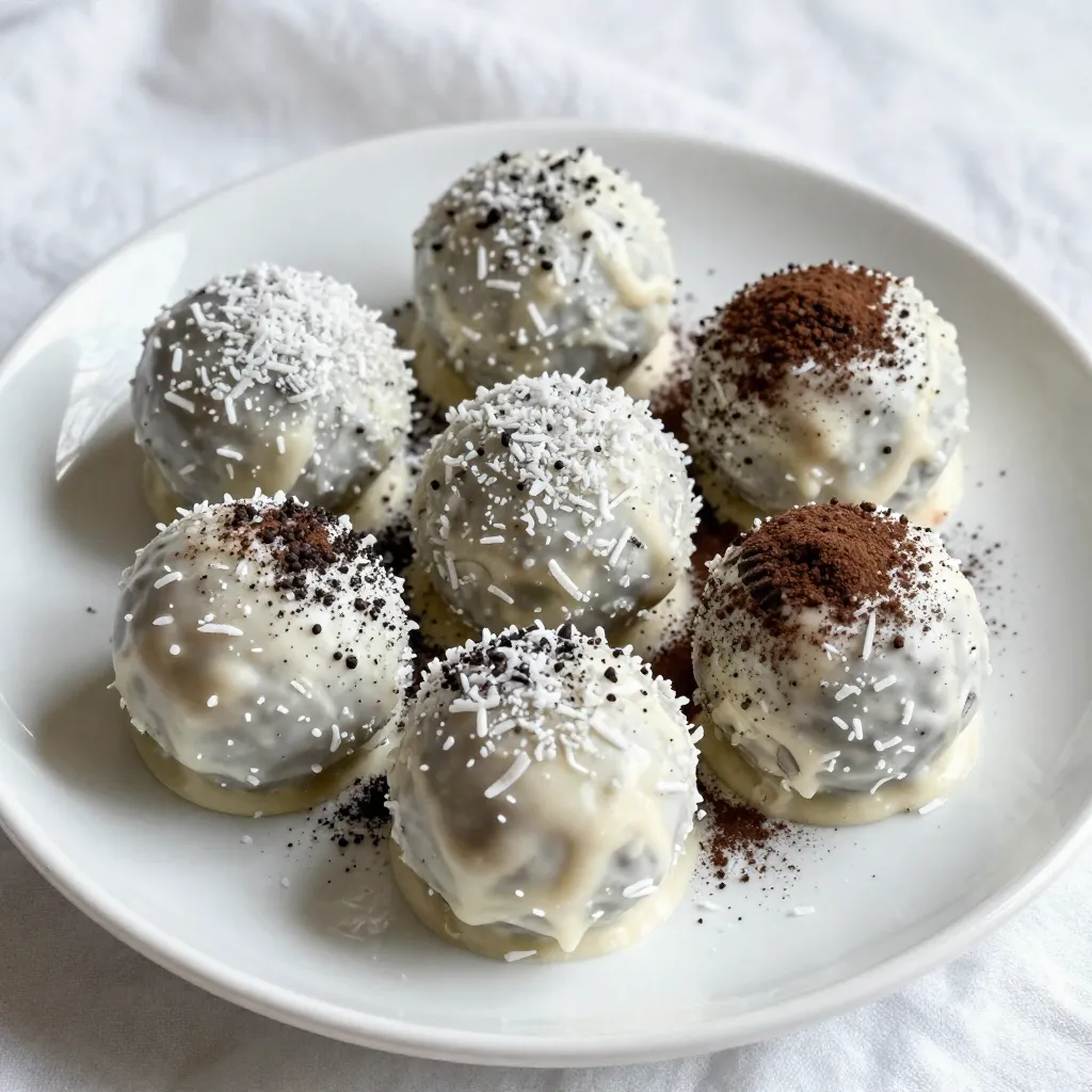 To make Oreo Snowball Truffles, gather these simple ingredients: - 1 package (15.35 oz) regular Oreo cookies - 8 oz cream cheese, softened to room temperature - 1 cup white chocolate chips - 1 cup unsweetened shredded coconut - 1/4 cup cocoa powder (for dusting) - A pinch of salt These ingredients create a rich and creamy truffle. The Oreo cookies give a tasty crunch. Cream cheese adds smoothness to the mixture. White chocolate makes each truffle sweet and lovely. Shredded coconut gives a snowy look and flavor. Cocoa powder adds a touch of chocolatey goodness. Salt balances the sweetness and brings out all the flavors. You can find most of these items in any grocery store. If you want to make these truffles even more special, consider using flavored Oreos. You could also swap the white chocolate for dark chocolate for a richer taste. Enjoy picking your ingredients and getting ready to make these delightful treats! {{ingredient_image_2}} 1. Crushing the Oreo cookies: Start by placing the Oreo cookies in a food processor. Pulse them for about one minute. You want them crushed into a fine powder. This texture will help the truffles hold together well. 2. Blending with cream cheese: Next, take 8 ounces of softened cream cheese. Add this to the crushed Oreos in the food processor. Blend on medium speed. You want a smooth mixture that forms a dough-like consistency. This should take about 30 seconds. 3. Molding into balls: Now, scoop out tablespoon-sized portions of the mixture. Using your hands, roll each portion into a ball. Make them nice and smooth. Place each ball on a baking sheet lined with parchment paper. Repeat until all the mixture is shaped into balls. 1. Freezing the shaped truffles: Once all the balls are formed, place the baking sheet in the freezer. Chill for about 30 minutes. This helps the truffles set and firm up, making them easier to coat later. 2. Melting the white chocolate: While the truffles chill, take 1 cup of white chocolate chips. Place them in a microwave-safe bowl. Heat them in 30-second intervals. Stir well after each interval until smooth. This melted chocolate will serve as the coating. 3. Dipping and coating with coconut: After the truffles are firm, remove them from the freezer. Dip each truffle into the melted white chocolate. Let the excess chocolate drip back into the bowl. Then, roll the dipped truffles in 1 cup of unsweetened shredded coconut to coat them fully. You can also dust some with cocoa powder for a nice touch. Finally, place the coated truffles back on the parchment-lined baking sheet. 4. Setting the coating: Repeat the dipping and rolling process until all truffles are coated. Once done, refrigerate them for 20 minutes. This allows the white chocolate coating to set completely. Enjoy your Oreo Snowball Truffles as a fun and easy treat! To get the right texture for your truffles, start with the cream cheese. It needs to be soft. I suggest leaving it out for a while before mixing. This helps it blend easier with the crushed Oreos. If the cream cheese is too cold, it will not mix well. Next, avoid overmixing the mixture. Blend just until the Oreo and cream cheese combine, which should take about 30 seconds. Overmixing can make the truffles too wet and hard to shape. Aim for a smooth, moldable mixture. When serving your Oreo Snowball Truffles, think of fun ways to display them. You can arrange them on a decorative platter. For a festive touch, sprinkle extra shredded coconut around them. Placing each truffle in colorful paper cups also adds a nice pop of color. Consider pairing these treats with hot chocolate or coffee for a cozy vibe. They make a great treat for parties or family gatherings. The snowy look of these truffles makes them fun for winter events. Enjoy their beauty and taste! Pro Tips Chill for Perfect Texture: Ensure the truffles are well-chilled before dipping; this helps them maintain their shape and makes dipping easier. Experiment with Coatings: Try rolling the truffles in crushed nuts or sprinkles for added texture and flavor variations. Use Quality White Chocolate: For the best results, choose high-quality white chocolate for melting; it will yield a smoother and more delicious coating. Make Ahead and Freeze: These truffles can be made ahead of time and frozen. Just thaw in the refrigerator before serving for a quick and easy treat. {{image_4}} You can change up the toppings for your Oreo Snowball Truffles. If you want to skip shredded coconut, try using crushed nuts. Chopped almonds or hazelnuts add a nice crunch. You can also roll them in crushed graham crackers for a fun twist. For a fun flavor kick, consider adding sprinkles on top. They add color and texture. You can even mix in crushed peppermint candies for a festive touch. If you want a bolder flavor, use dark chocolate instead of white chocolate. Dark chocolate gives a rich taste and cuts the sweetness. It pairs well with the creamy filling. You can also add extracts to enhance the flavor. A few drops of mint or vanilla extract work wonders. Experiment with flavors like almond or orange for a unique twist. Each adjustment makes the truffles your own special treat! To keep your Oreo Snowball Truffles fresh, refrigerate them in a sealed container. I suggest using an airtight container. This helps prevent any moisture from ruining the texture. Truffles stay good in the fridge for about a week. If you want to save them for longer, freezing is a great option. Place the truffles in a single layer on a baking sheet. Freeze them for about an hour. Then, transfer the truffles to a freezer-safe bag or container. They can last up to three months in the freezer. To keep your truffles fresh, always use airtight containers. This keeps air out and helps maintain flavor. You can also place a piece of parchment paper between layers of truffles. This stops them from sticking together. Watch for signs that your truffles may have gone bad. If they smell off or have a strange texture, it's best to toss them. Mold is another clear sign that they are no longer safe to eat. Always trust your senses to ensure your treats are still good! If you need a dairy-free option, try cashew cream. To make cashew cream, soak cashews in water for a few hours. Then blend them until smooth. You can also use vegan cream cheese, which works well. Another option is Greek yogurt. It will make your truffles a bit tangy but still tasty. Just make sure to use plain, unsweetened yogurt. Yes, you can make Oreo Snowball Truffles ahead of time. They taste great if you store them correctly. Place them in an airtight container to keep them fresh. You can store truffles in the fridge for up to a week. For longer storage, freeze them. They can last up to three months in the freezer. Just remember to let them thaw in the fridge before enjoying. Oreo cookies are not gluten-free, so check the label if you need a gluten-free treat. Some brands offer gluten-free sandwich cookies. You can use these gluten-free cookies in your truffles. This way, you can enjoy the same deliciousness without gluten. Always check labels to ensure your other ingredients are gluten-free too. This blog post covered making Oreo Snowball Truffles, from mixing ingredients to storage tips. You learned how to crush Oreo cookies, blend them with cream cheese, and mold delightful truffles. I shared coating techniques, offering variations and storage practices for freshness. With these simple steps, you can impress friends and family. Remember, experimenting with flavors or coatings can enhance your treats. Enjoy making these easy, tasty truffles! They’re sure to be a hit at any event.