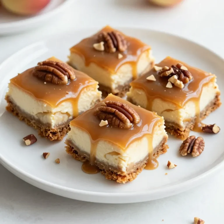 To make caramel apple cheesecake bars, you will need: - 1 cup graham cracker crumbs - 1/4 cup granulated sugar - 1/2 cup unsalted butter, melted - 2 packages (8 oz each) cream cheese, softened - 1 cup granulated sugar - 3 large eggs - 1 teaspoon vanilla extract - 2 medium apples, peeled, cored, and diced (about 2 cups) - 1 teaspoon ground cinnamon - 1 cup caramel sauce (store-bought or homemade) - 1/2 cup pecans, chopped (optional) You can easily swap some ingredients for alternatives: - Use crushed cookies instead of graham cracker crumbs for a different base. - Replace granulated sugar with brown sugar for a richer flavor. - Try using Greek yogurt instead of cream cheese for a lighter option. - You can use a dairy-free cream cheese for a vegan version. - If you don&rsquo;t have eggs, use flaxseed meal mixed with water as an egg substitute. Want to make your bars even more special? Consider these add-ins: - Add a handful of raisins or dried cranberries for extra sweetness. - Stir in some chocolate chips for a chocolatey twist. - Mix in a splash of lemon juice to brighten the apple flavor. - Top with a sprinkle of sea salt for a salty-sweet contrast. - Consider adding chopped walnuts instead of pecans for a different nut flavor. {{ingredient_image_2}} Start by preheating your oven to 350&deg;F (175&deg;C). Grab an 8x8-inch baking dish. Grease it well or line it with parchment paper. This helps with easy removal later. In a medium bowl, mix 1 cup of graham cracker crumbs, 1/4 cup of granulated sugar, and 1/2 cup of melted unsalted butter. Stir until it looks like damp sand. Press this mixture firmly into the bottom of your prepared baking dish. This forms a solid crust. In a large bowl, beat 2 packages of softened cream cheese with 1 cup of granulated sugar. Use an electric mixer for a smooth and creamy texture. Add 3 large eggs one at a time, mixing well after each. Then, stir in 1 teaspoon of vanilla extract until blended. Next, take 2 medium apples, peel, core, and dice them. Toss these apple pieces with 1 teaspoon of ground cinnamon in a small bowl. Gently fold the cinnamon apples into the cream cheese mixture. Be careful not to overmix. Pour the apple and cream cheese filling over the graham cracker crust. Spread it evenly using a spatula. Place the baking dish in the oven and bake for 30-35 minutes. The center should be set, and a toothpick should come out clean when inserted. After baking, let the cheesecake bars cool completely in the dish. Once cool, transfer them to the fridge. Chill for at least 2 hours. This helps achieve the best texture. Before serving, drizzle with caramel sauce and add chopped pecans if you like. Cut into squares and enjoy! To get the right texture, chill your cheesecake bars well. After baking, let them cool to room temperature. Then, place them in the fridge for at least two hours. This helps the bars set properly. The cream cheese filling should be creamy and firm, while the apples stay tender. Be careful not to overmix the cream cheese mixture. Mixing too much can add air pockets, making the bars puff up. Also, avoid using apples that are too soft. They should hold their shape when mixed in. Lastly, ensure you don&rsquo;t skip the chilling step. It makes a big difference in texture. When serving, cut the bars into neat squares for a clean look. Drizzle caramel sauce over each piece for a sweet touch. For added crunch, sprinkle chopped pecans on top. You can also garnish with thin apple slices around the plate. This makes for a lovely display that will impress your guests! Pro Tips Chill for Best Texture: Let the cheesecake bars cool completely before refrigerating. Chilling for at least 2 hours allows the flavors to meld and the texture to set perfectly. Choose the Right Apples: Use a mix of sweet and tart apples, like Granny Smith and Honeycrisp, for a balanced flavor in your cheesecake. This enhances both the taste and texture. Don&rsquo;t Overmix: When folding in the apples, mix gently to avoid breaking them down too much. This keeps the chunks intact for a delightful bite. Presentation Matters: For an elegant touch, garnish with thin apple slices and a drizzle of caramel on the plate. This makes your dessert visually appealing as well as delicious. {{image_4}} You can change the flavor of these bars easily. Try adding pumpkin puree for a warm, fall taste. Use chocolate chips instead of apples for a rich treat. You could also mix in peanut butter for a nutty twist. Each option adds a new layer of flavor that&rsquo;s sure to please. While graham cracker crust is easy, other options work well too. You can use crushed Oreos for a chocolatey base. A shortbread crust offers a buttery taste. If you want a nutty flavor, try ground almonds or pecans as your crust. Each choice brings a unique taste to your cheesecake bars. Toppings can make your bars even more fun. Drizzle extra caramel sauce on top for added sweetness. A sprinkle of sea salt can enhance the caramel flavor. You can also add whipped cream for a creamy touch. Sliced apples or chopped nuts can add crunch and color. Get creative with your toppings to make each batch special! To keep your caramel apple cheesecake bars fresh, place them in an airtight container. Make sure to let them cool completely before storing. This way, they won't trap steam, which can make them soggy. You can layer them with parchment paper to prevent sticking. Store the container in the fridge for the best flavor and texture. You can freeze these bars for later. Cut them into squares first for easy serving. Wrap each piece in plastic wrap, then place them in a freezer-safe bag. This helps to keep the flavor intact. They can stay in the freezer for about three months. When ready to eat, thaw them in the fridge overnight. In the fridge, your cheesecake bars will last about five to seven days. After baking, keep an eye on them for freshness. They should be good as long as they smell and taste great. If you freeze them, remember to use them within three months for the best taste. Enjoy every bite! Yes, you can use many types of apples. I like Granny Smith for their tartness. Honeycrisp adds sweetness and crunch. Fuji apples are also great for this recipe. Choose apples that are firm and not mealy. This helps keep the texture in your cheesecake bars. To make these bars gluten-free, swap graham cracker crumbs with gluten-free crumbs. You can find these at most stores. Ensure the caramel sauce is also gluten-free. Many brands offer gluten-free options. Always check for the gluten-free label. This way, everyone can enjoy these tasty treats. Use your favorite caramel sauce for these bars. Store-bought sauces like Werther's or Ghirardelli work well. If you want homemade, it's easy! Just melt sugar until golden, add butter and cream. This gives you a rich, creamy sauce. You can also drizzle it warm or let it cool for a thicker texture. This article gave you a full view of making a delicious dessert. We covered ingredient lists, helpful tips, and easy steps for baking. Remember to try new flavors and keep it fun. Don't forget the storage info to enjoy your treat later. You can make this recipe your own with simple swaps. Explore your creativity and happy baking!