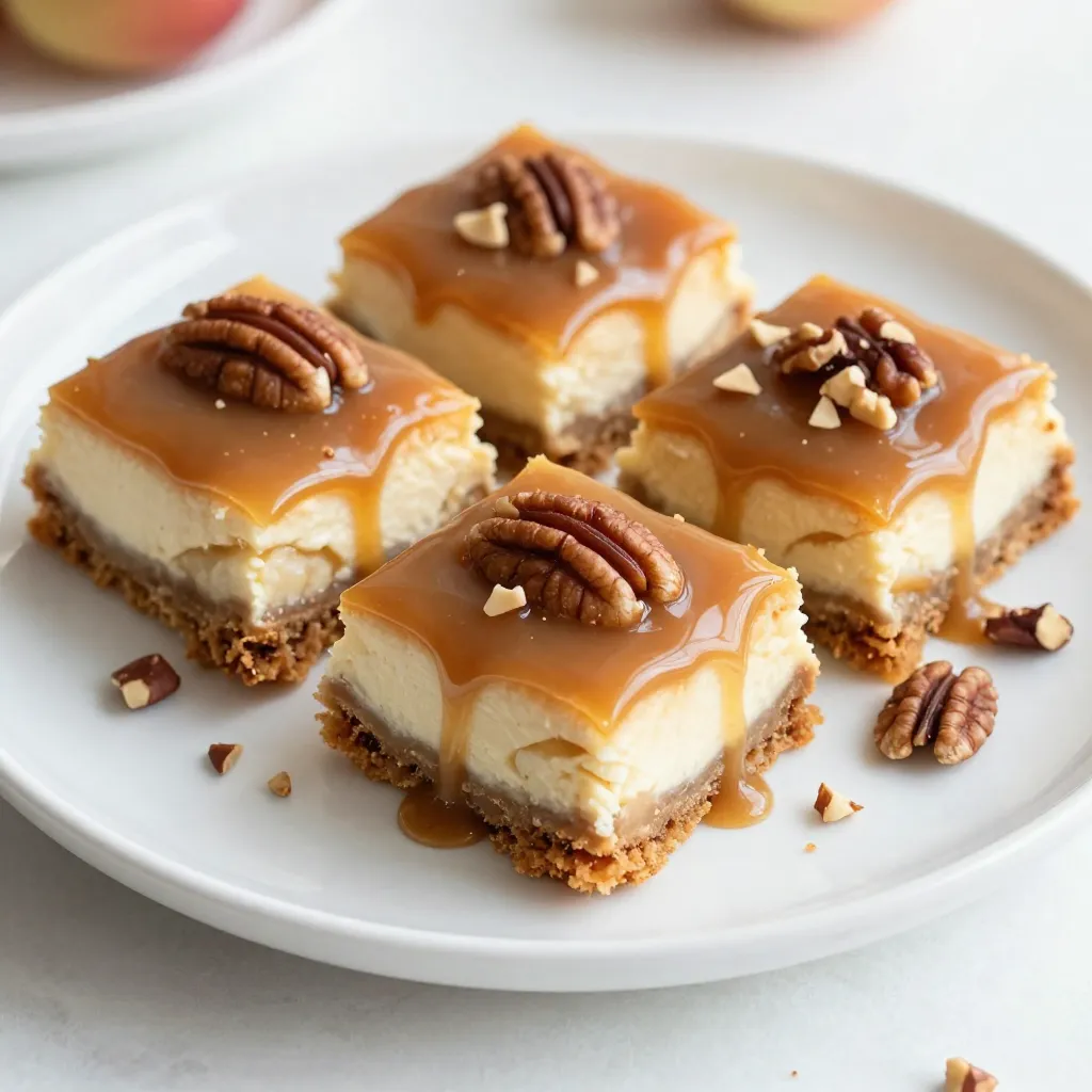 To make caramel apple cheesecake bars, you will need: - 1 cup graham cracker crumbs - 1/4 cup granulated sugar - 1/2 cup unsalted butter, melted - 2 packages (8 oz each) cream cheese, softened - 1 cup granulated sugar - 3 large eggs - 1 teaspoon vanilla extract - 2 medium apples, peeled, cored, and diced (about 2 cups) - 1 teaspoon ground cinnamon - 1 cup caramel sauce (store-bought or homemade) - 1/2 cup pecans, chopped (optional) You can easily swap some ingredients for alternatives: - Use crushed cookies instead of graham cracker crumbs for a different base. - Replace granulated sugar with brown sugar for a richer flavor. - Try using Greek yogurt instead of cream cheese for a lighter option. - You can use a dairy-free cream cheese for a vegan version. - If you don’t have eggs, use flaxseed meal mixed with water as an egg substitute. Want to make your bars even more special? Consider these add-ins: - Add a handful of raisins or dried cranberries for extra sweetness. - Stir in some chocolate chips for a chocolatey twist. - Mix in a splash of lemon juice to brighten the apple flavor. - Top with a sprinkle of sea salt for a salty-sweet contrast. - Consider adding chopped walnuts instead of pecans for a different nut flavor. {{ingredient_image_2}} Start by preheating your oven to 350°F (175°C). Grab an 8x8-inch baking dish. Grease it well or line it with parchment paper. This helps with easy removal later. In a medium bowl, mix 1 cup of graham cracker crumbs, 1/4 cup of granulated sugar, and 1/2 cup of melted unsalted butter. Stir until it looks like damp sand. Press this mixture firmly into the bottom of your prepared baking dish. This forms a solid crust. In a large bowl, beat 2 packages of softened cream cheese with 1 cup of granulated sugar. Use an electric mixer for a smooth and creamy texture. Add 3 large eggs one at a time, mixing well after each. Then, stir in 1 teaspoon of vanilla extract until blended. Next, take 2 medium apples, peel, core, and dice them. Toss these apple pieces with 1 teaspoon of ground cinnamon in a small bowl. Gently fold the cinnamon apples into the cream cheese mixture. Be careful not to overmix. Pour the apple and cream cheese filling over the graham cracker crust. Spread it evenly using a spatula. Place the baking dish in the oven and bake for 30-35 minutes. The center should be set, and a toothpick should come out clean when inserted. After baking, let the cheesecake bars cool completely in the dish. Once cool, transfer them to the fridge. Chill for at least 2 hours. This helps achieve the best texture. Before serving, drizzle with caramel sauce and add chopped pecans if you like. Cut into squares and enjoy! To get the right texture, chill your cheesecake bars well. After baking, let them cool to room temperature. Then, place them in the fridge for at least two hours. This helps the bars set properly. The cream cheese filling should be creamy and firm, while the apples stay tender. Be careful not to overmix the cream cheese mixture. Mixing too much can add air pockets, making the bars puff up. Also, avoid using apples that are too soft. They should hold their shape when mixed in. Lastly, ensure you don’t skip the chilling step. It makes a big difference in texture. When serving, cut the bars into neat squares for a clean look. Drizzle caramel sauce over each piece for a sweet touch. For added crunch, sprinkle chopped pecans on top. You can also garnish with thin apple slices around the plate. This makes for a lovely display that will impress your guests! Pro Tips Chill for Best Texture: Let the cheesecake bars cool completely before refrigerating. Chilling for at least 2 hours allows the flavors to meld and the texture to set perfectly. Choose the Right Apples: Use a mix of sweet and tart apples, like Granny Smith and Honeycrisp, for a balanced flavor in your cheesecake. This enhances both the taste and texture. Don’t Overmix: When folding in the apples, mix gently to avoid breaking them down too much. This keeps the chunks intact for a delightful bite. Presentation Matters: For an elegant touch, garnish with thin apple slices and a drizzle of caramel on the plate. This makes your dessert visually appealing as well as delicious. {{image_4}} You can change the flavor of these bars easily. Try adding pumpkin puree for a warm, fall taste. Use chocolate chips instead of apples for a rich treat. You could also mix in peanut butter for a nutty twist. Each option adds a new layer of flavor that’s sure to please. While graham cracker crust is easy, other options work well too. You can use crushed Oreos for a chocolatey base. A shortbread crust offers a buttery taste. If you want a nutty flavor, try ground almonds or pecans as your crust. Each choice brings a unique taste to your cheesecake bars. Toppings can make your bars even more fun. Drizzle extra caramel sauce on top for added sweetness. A sprinkle of sea salt can enhance the caramel flavor. You can also add whipped cream for a creamy touch. Sliced apples or chopped nuts can add crunch and color. Get creative with your toppings to make each batch special! To keep your caramel apple cheesecake bars fresh, place them in an airtight container. Make sure to let them cool completely before storing. This way, they won't trap steam, which can make them soggy. You can layer them with parchment paper to prevent sticking. Store the container in the fridge for the best flavor and texture. You can freeze these bars for later. Cut them into squares first for easy serving. Wrap each piece in plastic wrap, then place them in a freezer-safe bag. This helps to keep the flavor intact. They can stay in the freezer for about three months. When ready to eat, thaw them in the fridge overnight. In the fridge, your cheesecake bars will last about five to seven days. After baking, keep an eye on them for freshness. They should be good as long as they smell and taste great. If you freeze them, remember to use them within three months for the best taste. Enjoy every bite! Yes, you can use many types of apples. I like Granny Smith for their tartness. Honeycrisp adds sweetness and crunch. Fuji apples are also great for this recipe. Choose apples that are firm and not mealy. This helps keep the texture in your cheesecake bars. To make these bars gluten-free, swap graham cracker crumbs with gluten-free crumbs. You can find these at most stores. Ensure the caramel sauce is also gluten-free. Many brands offer gluten-free options. Always check for the gluten-free label. This way, everyone can enjoy these tasty treats. Use your favorite caramel sauce for these bars. Store-bought sauces like Werther's or Ghirardelli work well. If you want homemade, it's easy! Just melt sugar until golden, add butter and cream. This gives you a rich, creamy sauce. You can also drizzle it warm or let it cool for a thicker texture. This article gave you a full view of making a delicious dessert. We covered ingredient lists, helpful tips, and easy steps for baking. Remember to try new flavors and keep it fun. Don't forget the storage info to enjoy your treat later. You can make this recipe your own with simple swaps. Explore your creativity and happy baking!