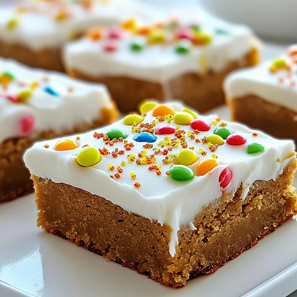 To make Gingerbread Cookie Bars, you need: - 2 ½ cups all-purpose flour - 2 teaspoons ground ginger - 1 teaspoon ground cinnamon - ½ teaspoon ground nutmeg - ½ teaspoon baking soda - ½ teaspoon salt - ¾ cup unsalted butter, softened - 1 cup brown sugar, firmly packed - ½ cup unsulfured molasses - 1 large egg - 1 teaspoon pure vanilla extract - 1 cup powdered sugar (for frosting) - 2-3 tablespoons milk (for frosting) You can add some fun toppings to your gingerbread bars: - Colorful sprinkles - Crushed candies These toppings give the bars a festive look and add extra sweetness. If you need to swap some items, here are good options: - Use whole wheat flour instead of all-purpose flour for a heartier taste. - Maple syrup can replace unsulfured molasses, but it will change the flavor. - Coconut oil works well in place of butter for a dairy-free option. - You can use almond milk or oat milk instead of regular milk for frosting. These swaps can help you make the bars fit your diet or taste preferences. {{ingredient_image_2}} First, set your oven to 350°F (175°C). This warm temperature helps the bars rise nicely. Next, grab a 9x13-inch baking pan. Lightly grease it or line it with parchment paper. This makes it easy to take the bars out later. In a medium bowl, whisk together 2 ½ cups of all-purpose flour, 2 teaspoons of ground ginger, 1 teaspoon of ground cinnamon, ½ teaspoon of ground nutmeg, ½ teaspoon of baking soda, and ½ teaspoon of salt. Mixing these dry ingredients well helps the flavors blend. In a large mixing bowl, add ¾ cup of unsalted butter and 1 cup of packed brown sugar. Use an electric mixer to beat them together. Mix for about 2-3 minutes until it looks light and fluffy. This step adds air to your mixture, which helps the bars rise. Now, add ½ cup of unsulfured molasses, 1 large egg, and 1 teaspoon of pure vanilla extract to the butter-sugar mix. Mix on medium speed until everything is smooth and well combined. This adds moisture and flavor to your bars. Take your dry mix and gradually add it to the wet mixture. Stir gently until just combined. Be careful not to overmix. This keeps your bars soft and tender, which is what we want. Spread the gingerbread batter evenly in the prepared baking pan. Use a spatula to smooth the top for even baking. Place the pan in the oven and bake for 20-25 minutes. Check for doneness by inserting a toothpick in the center. It should come out clean or have a few moist crumbs. After baking, let the bars cool in the pan for 10 minutes. Then, carefully move them to a wire rack to cool completely. To make the frosting, combine 1 cup of powdered sugar with 2 tablespoons of milk in a mixing bowl. Stir until smooth. If it’s too thick, add more milk, one teaspoon at a time. Once the bars are cool, spread the frosting evenly over the top. For a festive touch, add sprinkles or crushed candies before the frosting sets. Enjoy your delicious gingerbread cookie bars! For soft and chewy gingerbread cookie bars, follow these tips: - Use Room Temperature Ingredients: Make sure your butter and egg are at room temperature. This helps to create a smooth batter. - Avoid Overmixing: Mix the wet and dry ingredients just until they combine. Overmixing can lead to tough bars. - Use Fresh Spices: Fresh spices enhance flavor and aroma. Check your spices for freshness before use. To boost the flavor of your gingerbread cookie bars, try these tips: - Add a Pinch of Salt: A little salt brings out the sweetness. It balances the flavors well. - Use High-Quality Vanilla: Pure vanilla extract adds depth. It makes a big difference in taste. - Experiment with Spices: Consider adding a dash of allspice or cloves for a unique twist. Avoid these mistakes for the best gingerbread bars: - Not Preheating the Oven: Always preheat your oven. This ensures even baking throughout. - Using Cold Ingredients: Cold butter can lead to uneven mixing. Always use room temperature ingredients. - Skipping the Cooling Step: Let your bars cool properly before frosting. This helps the frosting set better. Pro Tips Use Fresh Spices: Fresh ground spices will enhance the flavor of your gingerbread bars significantly. If possible, grind your spices just before using them for the best taste. Don’t Overmix: When combining the wet and dry ingredients, mix just until combined. Overmixing can lead to tough bars instead of the tender texture you want. Check for Doneness: Since ovens can vary, start checking your bars at the 20-minute mark. They are done when a toothpick comes out clean or with a few moist crumbs. Customize the Frosting: Feel free to add spices or citrus zest to the frosting for a unique twist. This can elevate the flavors and make your bars stand out. {{image_4}} You can make these gingerbread bars gluten-free. Use gluten-free flour instead of all-purpose flour. Look for a blend that works well for baking. This swap keeps the texture light and tasty. You may need to adjust the amount of flour slightly. Start with the same amount and add more if the batter feels too wet. To make vegan gingerbread cookie bars, swap out the egg with a flax egg. Mix one tablespoon of flaxseed meal with three tablespoons of water. Let it sit for five minutes until it thickens. For the butter, use vegan butter or coconut oil. These changes keep the bars soft and flavorful without animal products. You can easily switch up the flavor of your gingerbread cookie bars. Here are some fun ideas: - Nuts: Add chopped walnuts or pecans for a crunchy twist. They pair well with the spices. - Chocolate Chips: Stir in semi-sweet or dark chocolate chips. They add richness and sweetness. - Dried Fruits: Consider raisins or cranberries for extra chewiness and taste. They give a nice contrast to the spices. - Citrus Zest: Grate some orange or lemon zest into the batter. This brightens the flavor and adds a nice aroma. Feel free to mix and match these options. Each variation brings its own special touch to this delightful treat! To keep your gingerbread cookie bars fresh, store them in an airtight container. You can place parchment paper between the bars to prevent sticking. If you want to keep them even longer, wrap the container in plastic wrap. This will help keep moisture out and flavors in. When stored properly, gingerbread cookie bars can last up to one week at room temperature. If you place them in the fridge, they may stay good for about two weeks. Just remember, the longer they sit, the less fresh they will taste. You can freeze gingerbread cookie bars for up to three months. To do this, cut the bars and wrap them tightly in plastic wrap, then place them in a freezer-safe bag. When you're ready to enjoy them, take them out and let them thaw at room temperature for a few hours. You can also warm them in the oven for a few minutes if you want a fresh-baked taste. Yes, you can use different flours. Whole wheat flour gives a nutty taste. Almond flour makes it gluten-free. Just remember, the texture may change. You might need to adjust the amount of liquid in your recipe. You can use coconut oil or vegetable shortening. Both give a nice texture. If you want dairy-free, use a plant-based butter. The flavor may change slightly, but it will still taste great. Check for a clean toothpick. Insert it into the center of the bars. If it comes out clean or with a few crumbs, they are done. The edges should look firm and slightly golden. Yes, you can make them a day in advance. Store the bars in an airtight container. This keeps them fresh and soft. Just frost them right before serving for the best look. You can use honey or maple syrup instead. These will change the taste slightly, but they work well. Use the same amount as molasses. For a deeper flavor, add a bit of brown sugar. In this post, we covered how to make delicious gingerbread cookie bars. We listed the needed ingredients and offered ideas for optional toppings. The step-by-step instructions made baking easy. I shared tips for great texture and flavor, plus common mistakes to avoid. You can switch ingredients to suit your needs, too. Store them properly to enjoy for days. With the right methods, you can make these bars a family favorite. Now, go ahead and bake your gingerbread cookie bars! They will surely delight everyone.