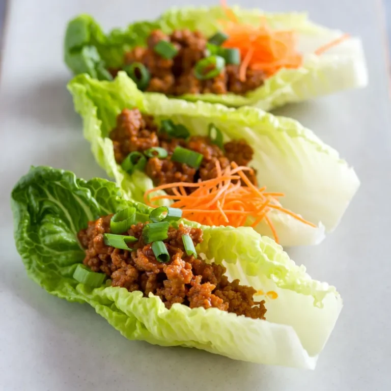 - 1 lb ground chicken - 1/3 cup buffalo sauce (mild or hot) - 1 tablespoon olive oil - 2 cloves garlic, minced - 1/2 teaspoon onion powder - 1/2 teaspoon smoked paprika - Lettuce leaves (romaine or butter) The main ingredients give your wraps a great taste. Ground chicken is lean and easy to cook. Buffalo sauce adds heat and flavor. Olive oil helps to sauté the garlic and chicken. Garlic brings a strong aroma. Onion powder and smoked paprika add depth to the dish. The lettuce serves as a fresh, crunchy wrap. - Blue cheese or ranch dressing - Green onions, sliced - Shredded carrots These optional ingredients let you customize your wraps. Blue cheese or ranch dressing adds creaminess. Green onions provide a fresh crunch. Shredded carrots add color and sweetness. Use these extras to enhance the taste and presentation. - Turkey or tofu instead of chicken - Homemade buffalo sauce You can easily swap the chicken for turkey or tofu. This makes the dish suitable for different diets. If you want to control the heat, try making your own buffalo sauce. This way, you can adjust the flavors to your liking. {{ingredient_image_2}} 1. Start by heating a large skillet over medium heat. Add 1 tablespoon of extra virgin olive oil. 2. Once the oil is hot, add 2 cloves of minced garlic. Sauté for about 1 minute. You want it fragrant, not browned. 3. Next, add 1 pound of ground chicken to the skillet. Use a wooden spoon to break it apart. Cook for 5 to 7 minutes until it’s browned and no longer pink. Stir occasionally for even cooking. 4. Now, sprinkle in 1/2 teaspoon of onion powder and 1/2 teaspoon of smoked paprika. Add a pinch of salt and black pepper. Stir well to coat the chicken with the spices. 1. Gradually pour in 1/3 cup of buffalo sauce. Mix it in thoroughly with the chicken. 2. Let the mixture simmer for 2 to 3 minutes. This helps to blend the flavors and heat everything through. 1. Select a head of romaine or butter lettuce. Gently separate the leaves and rinse them. 2. Take a leaf and spoon about 2 to 3 tablespoons of the buffalo chicken mixture into the center. 3. To finish, add a sprinkle of 1/4 cup of sliced green onions and 1/4 cup of shredded carrots on top. If you like, drizzle some blue cheese or ranch dressing over it for extra flavor. Now, fold the sides of the lettuce leaf over the filling and enjoy these tasty bites! To get a nice, even browning on your chicken, use medium heat. This helps the meat cook through without burning. Make sure to break the chicken into small pieces while it cooks. This ensures each bite is tasty and well-seasoned. Adjusting spice levels is simple. If you want it milder, use less buffalo sauce. A mild buffalo sauce can still pack flavor without too much heat. For those who love spice, go for the hot version. You can also add cayenne pepper to kick it up a notch. For a great presentation, serve the wraps on a big platter. Arrange the lettuce wraps neatly. Add extra shredded carrots and green onions around the edges. This makes the dish look colorful and inviting. Consider serving blue cheese or ranch dressing on the side. This creamy touch adds a rich flavor contrast. You can also pair these wraps with a fresh salad or crunchy veggie sticks for a full meal. To store leftovers, place the chicken mixture in an airtight container. Keep it in the fridge for up to three days. Make sure to store the lettuce leaves separately. This keeps them crisp and fresh. When you're ready to eat, reheat the chicken mixture in a skillet. Heat it on low until warm. Avoid high heat to keep the chicken juicy. You can also use the microwave, but stir it every 30 seconds for even warming. Pro Tips Choose Your Heat Level: Select a buffalo sauce that matches your preferred spice level; milder sauces are great for those who enjoy less heat, while hotter options will satisfy the spice lovers. Fresh Herbs for Extra Flavor: Consider adding fresh herbs like cilantro or parsley to the wraps for an additional layer of flavor and freshness. Make Ahead: Prepare the buffalo chicken mixture in advance and store it in the refrigerator. This makes for a quick assembly when you're ready to eat! Experiment with Dressings: While blue cheese and ranch dressings are classic choices, try experimenting with other dressings like a spicy yogurt sauce or a zesty vinaigrette for a unique twist. {{image_4}} You can switch up the ground chicken in these wraps. Try ground turkey for a leaner choice. Ground beef adds richness and flavor. For a plant-based meal, use crumbled tofu or lentils. Each protein gives a unique taste and texture to your wraps. Buffalo sauce comes in different heat levels. Choose mild if you prefer less heat. For a spicy kick, go for hot buffalo sauce. You can even mix both for a balanced flavor. Adjust the heat to match your taste buds. Feel free to load up on veggies. Add diced bell peppers for crunch. Cucumbers add a refreshing taste. You can also throw in avocado for creaminess. Top your wraps with green onions and shredded carrots for color. Mix and match to create your perfect wrap! To keep your ingredients fresh, store each item separately. Place the ground chicken mixture in an airtight container. Refrigerate it for up to three days. Store the lettuce leaves in a sealed bag with a damp paper towel. This keeps them crisp. The green onions and shredded carrots can stay in the fridge in their own containers. This method helps maintain their crunch and flavor. When it's time to enjoy your wraps again, reheating is easy. You can use a skillet over low heat. Stir the chicken filling often until it warms through. Alternatively, you can microwave it in a bowl. Cover the bowl with a damp paper towel to keep moisture in. Heat in short bursts of 30 seconds, stirring in between. This ensures even warming without drying out the chicken. For the best taste, eat prepared wraps within one day. If you store them in the fridge, they may lose their crispness. If you want to save them longer, consider storing the filling and lettuce separately. This way, you can enjoy fresh wraps anytime. Yes, you can prepare Buffalo Chicken Lettuce Wraps ahead of time. Cook the chicken mixture and let it cool completely. Store it in an airtight container in the fridge. It stays fresh for about 3 days. When ready to eat, just reheat the chicken in a pan or microwave. Assemble the wraps with fresh lettuce before serving for the best taste. Absolutely! These wraps are great for meal prep. You can make a large batch of the chicken mixture. Store it in portions for the week. This saves time and keeps meals healthy. You can easily grab the chicken and lettuce when you're ready to eat. Plus, the flavors get better as they sit. You can serve a variety of sides with these wraps. Here are some tasty options: - Vegetable sticks: Carrots, celery, or bell peppers add crunch. - Fruit salad: A light and refreshing complement. - Chips: Tortilla chips or pita chips for a fun crunch. - Dips: Serve with extra blue cheese or ranch for dipping. - Salad: A simple green salad pairs well too. These sides make your meal complete and enjoyable! You now have a clear plan for making delicious Buffalo Chicken Lettuce Wraps. We covered key ingredients like ground chicken and buffalo sauce, along with helpful tips for preparing and storing your wraps. You learned how to customize the heat and even substitute proteins. I hope you feel inspired to create your own wraps that suit your taste. Remember, these wraps are not only fun to make, but they are also a great choice for healthy meals. Enjoy your cooking!
