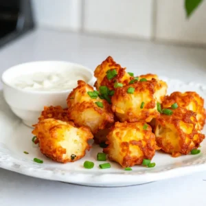 To make cheesy cauliflower tater tots, gather these simple ingredients: - 1 medium head of cauliflower, cut into florets - 1 cup shredded sharp cheddar cheese - 1/2 cup almond flour (or regular breadcrumbs if preferred) - 1/4 cup green onions, finely chopped - 1/4 teaspoon garlic powder - 1/4 teaspoon onion powder - 1/4 teaspoon paprika - Salt and freshly ground black pepper, to taste - 1 large egg, beaten - Olive oil spray for baking You can easily swap ingredients to fit your taste: - Use any cheese you like, such as mozzarella or pepper jack. - For a gluten-free option, stick with almond flour or use gluten-free breadcrumbs. - If you don't have green onions, use chives or shallots instead. Each serving offers a healthy option packed with flavor: - Calories: 180 - Protein: 6g - Carbohydrates: 9g - Dietary Fiber: 3g - Sugars: 2g - Fat: 14g These cheesy cauliflower tater tots are a fun snack that can fit into a balanced diet. Enjoy them as a treat or a side! {{ingredient_image_2}} First, preheat your oven to 400&deg;F (200&deg;C). This helps the tots bake evenly. Next, cut your medium head of cauliflower into small florets. Steam these florets until fork-tender, which takes about 5 to 7 minutes. After steaming, drain the cauliflower and let it cool for a few minutes. To remove extra moisture, place the florets in a clean kitchen towel. Twist the towel to wring out as much water as you can. This step is key for crispy tots! In a large mixing bowl, combine the well-drained cauliflower with 1 cup of shredded sharp cheddar cheese, 1/2 cup of almond flour, and 1/4 cup of finely chopped green onions. Add 1/4 teaspoon each of garlic powder, onion powder, and paprika. Season with salt and black pepper to your taste. Use a fork or spatula to mix everything well. Then, pour in 1 large beaten egg and stir until the mixture holds together, looking like dough. Take a handful of the mixture and shape it into small tater tots, about 1 to 1.5 inches long. Place them in a single layer on a lined baking sheet. Lightly spray the tops with olive oil. This helps them get golden and crispy. Bake in the preheated oven for 20 to 25 minutes, flipping them halfway through. Once they are golden brown and crispy, take them out and let them cool for a few minutes before serving. Enjoy your tasty cheesy cauliflower tater tots! To make your tater tots crispy, start with the cauliflower. Steam it just until fork-tender. This step helps keep the tots light. After steaming, drain and cool the cauliflower. Then, wring it out in a kitchen towel. This removes extra moisture. Less moisture means crunchier tots. When mixing, use almond flour or breadcrumbs. Both help hold the tots together and add texture. Finally, spray the tots lightly with olive oil before baking. This adds to the golden crunch. These cheesy cauliflower tater tots shine with great dips. I love pairing them with creamy ranch. It&rsquo;s cool and complements the cheese well. Another option is zesty sriracha mayo. It adds a spicy kick. You can also try homemade yogurt dip for a fresh twist. Mix yogurt with herbs for a tasty treat. Feel free to get creative with your dips. Avoid using too much moisture in your mixture. It will make the tots soggy. Don't skip the wringing step! Also, ensure you shape the tots evenly. If they are too big, they may not cook through. Don't forget to flip them halfway while baking. This ensures they cook evenly and get crispy all around. Lastly, keep an eye on the time. Overbaking can lead to hard tots. Aim for a golden brown color for the best result. Pro Tips Drain Thoroughly: Ensuring the cauliflower is well-drained after steaming is crucial for achieving crispy tater tots. Excess moisture can lead to soggy results. Experiment with Cheese: While sharp cheddar adds a great flavor, feel free to mix in other cheeses like mozzarella or parmesan for a unique twist on taste. Use a Cookie Scoop: For uniformity, consider using a cookie scoop to shape your tater tots. This ensures they bake evenly and have a professional look. Perfect Your Baking: If you prefer extra crispiness, broil the tater tots for the last 2-3 minutes of baking. Keep a close eye on them to prevent burning. {{image_4}} You can easily switch up the cheese in this recipe. Try using mozzarella for a lighter taste. Gouda adds a smoky flavor, while pepper jack gives a spicy kick. Each cheese will change the taste and texture of the tater tots. It&rsquo;s fun to mix and match to find your favorite combo! If you need a gluten-free version, almond flour works great. You can also use gluten-free breadcrumbs. This keeps the tots crispy without any gluten. Always check labels to ensure your ingredients are truly gluten-free. Enjoy your snack without worry! Herbs and spices can add a burst of flavor. Try adding fresh parsley or chives for a green lift. You can use dried oregano or basil for an Italian twist. A pinch of cayenne pepper can bring some heat. Experiment with your favorite herbs to make them your own! To keep your leftover tater tots fresh, place them in an airtight container. This helps keep them crispy. Store them in the fridge for up to three days. Avoid stacking them to prevent sogginess. To reheat the tater tots, preheat your oven to 375&deg;F (190&deg;C). Place the tots on a baking sheet. Bake for about 10-15 minutes until they are hot and crispy again. You can also use an air fryer for a quicker option. Heat at 350&deg;F (175&deg;C) for about 5-7 minutes. You can freeze these tater tots for longer storage. After baking, let them cool completely. Place them in a single layer on a baking sheet and freeze until firm. Then, transfer them to a freezer bag. They can stay good for up to three months. When ready to eat, bake them straight from the freezer at 400&deg;F (200&deg;C) for 25-30 minutes. Yes, you can use fresh cauliflower. Fresh cauliflower gives a great taste. Just cut it into florets. Steam it until fork-tender, about 5-7 minutes. Be sure to drain it well. This helps keep your tater tots from being soggy. To lower the calories, try these tips: - Use less cheese or a lighter cheese. - Swap almond flour for whole wheat flour. - Skip the olive oil spray, or use less. - Serve with low-calorie dips like salsa. Some great dipping sauces include: - Creamy ranch dressing - Zesty sriracha mayo - Spicy ketchup - Avocado cream sauce Each adds fun flavors to your tater tots. You can mix and match to find your favorite! In this post, we covered tasty and easy cauliflower tater tots. You learned about key ingredients, substitutions, and their nutritional benefits. I shared steps to prepare, mix, and bake these bites to perfection. Tips for a crispy finish and popular dips were included, along with ways to store and reheat leftovers. Remember, you can add different cheeses and spices for fun flavors. Experiment with these ideas, and enjoy making your tater tots a hit with friends and family!
