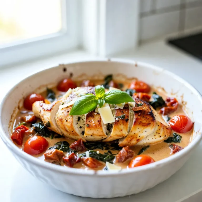 To make One-Pan Tuscan Chicken, you'll need: - 4 boneless, skinless chicken breasts - 2 tablespoons olive oil - 3 cloves garlic, minced - 1 cup cherry tomatoes, halved - 1 cup fresh spinach - 1/2 cup sun-dried tomatoes, chopped - 1 teaspoon dried oregano - 1 teaspoon dried basil - 1/2 teaspoon red pepper flakes - 1/2 cup cream (heavy or coconut) - 1/2 cup grated Parmesan cheese - Salt and pepper to taste - Fresh basil leaves for garnish You can easily adjust this recipe to fit your needs. Here are some ideas: - Dairy-Free: Use coconut cream and nutritional yeast instead of cream and cheese. - Low-Carb: Skip the sun-dried tomatoes or use fewer tomatoes. - Gluten-Free: This recipe is naturally gluten-free, so no changes are needed. You don't need fancy tools for this dish. Here’s what you'll need: - A large skillet for cooking - A cutting board for chopping - A sharp knife for easy cutting - A spoon for stirring - A meat thermometer to check chicken doneness With these ingredients and tools, you are ready to create a tasty One-Pan Tuscan Chicken meal! {{ingredient_image_2}} First, season the chicken breasts. Use salt, pepper, dried oregano, and dried basil. Rub the spices on both sides. Make sure each piece is coated well to get great flavor. Heat olive oil in a large skillet over medium-high heat. When the oil shimmers, add the seasoned chicken. Sear it for 5-6 minutes on each side. Look for that golden brown crust. Once seared, take the chicken out and place it on a plate. In the same skillet, add minced garlic. Cook it for about 30 seconds. Stir the garlic so it does not burn. When the garlic smells good, add halved cherry tomatoes and chopped sun-dried tomatoes. Sauté these for 2-3 minutes. Stir often until the tomatoes soften and release their juices. Next, add fresh spinach to the mix. Cook it just until it wilts, which takes about a minute. Now, pour in the cream and sprinkle red pepper flakes. Stir everything well. Let it come to a gentle simmer. This will blend all the nice flavors together. Return the seared chicken to the skillet. Spoon the creamy sauce over the top. Sprinkle grated Parmesan cheese evenly on the chicken. Cover the skillet and let it simmer for 8-10 minutes. Check the chicken's temperature; it should reach 165°F/75°C. Taste the sauce and adjust the seasonings if needed. Finish with fresh basil leaves for a beautiful look. To cook chicken breasts well, start with even thickness. Use a meat mallet or rolling pin to pound them to about 1 inch thick. This helps them cook evenly. Always season your chicken well. Use salt, pepper, oregano, and basil. Let the chicken sit for a few minutes after seasoning. This allows the flavors to soak in. When you sear the chicken, use medium-high heat. This gives a nice crust without drying it out. For spice, start with red pepper flakes. If you want more heat, add more! If you prefer mild flavors, use less. For creaminess, use heavy cream for a rich sauce. If you want a lighter option, coconut cream works well too. Taste the sauce before serving. You can always add a little more cream or spices to fit your taste. A great-looking dish makes meals more special. Serve the chicken on a bed of sautéed spinach. Drizzle the creamy tomato sauce over the top. Use fresh basil leaves as a garnish for color and aroma. For a final touch, sprinkle some extra Parmesan cheese on top. This makes the dish look inviting and delicious. Pro Tips Rest the Chicken: Let the seared chicken rest for a few minutes before serving. This allows the juices to redistribute, ensuring a moist and tender bite. Adjust the Cream: For a lighter sauce, consider substituting half of the cream with chicken broth or vegetable broth. This keeps the flavor while reducing richness. Enhance the Flavor: Add a splash of white wine to the skillet after sautéing the garlic for added depth and acidity in the sauce. Season After Cooking: Always taste and adjust the seasoning of the sauce after cooking. Fresh herbs and spices can enhance the final dish significantly. {{image_4}} You can easily make this dish vegetarian. Instead of chicken, use firm tofu or portobello mushrooms. Both options absorb flavors well. Cut the tofu into thick slices and press it to remove moisture. For mushrooms, clean and remove stems, then slice them. Cook them just like you would the chicken. This swap keeps the meal rich and satisfying. To make this dish dairy-free, switch the cream and cheese. Use coconut cream instead of heavy cream. It adds a nice sweetness. For the cheese, nutritional yeast works great. It gives a cheesy flavor without dairy. You can also use cashew cream for a creamy texture. Just blend soaked cashews with water until smooth. Herbs and spices can change your dish's taste. If you like a zesty kick, try adding lemon zest or juice. Fresh herbs like thyme or rosemary can also add depth. For more heat, consider using smoked paprika instead of red pepper flakes. Experimenting with these options can make your One-Pan Tuscan Chicken unique every time. To store leftover One-Pan Tuscan Chicken, let it cool first. Place it in an airtight container. This keeps the chicken fresh and tasty. Store it in the fridge for up to 3 days. If you want to keep it longer, freezing is a good option. When you are ready to eat leftovers, reheat gently. You can use the stove or microwave. If using the stove, warm it on low heat. Add a splash of cream or broth to keep it moist. Stir often to prevent burning. In the microwave, cover the dish to trap steam. Heat in short bursts, checking often. This helps avoid overheating. Freezing One-Pan Tuscan Chicken is simple. Place it in a freezer-safe container. Make sure to label it with the date. It will stay good for about 2 months. When you want to eat it, move the container to the fridge. Let it thaw overnight. Once thawed, reheat as mentioned above. Enjoy your delicious meal! You can pair One-Pan Tuscan Chicken with many sides. Here are some great options: - Rice: White or brown rice soaks up the creamy sauce well. - Pasta: Serve over your favorite pasta for a filling meal. - Salad: A fresh green salad adds a nice crunch and balance. - Bread: Crusty bread is perfect for dipping in the sauce. These sides enhance the meal and bring out the flavors of the chicken. Yes, you can prepare One-Pan Tuscan Chicken ahead of time. Cook the chicken and sauce, then store it in the fridge. It stays fresh for up to three days. To reheat, warm on low heat until hot. This saves time on busy days while keeping the meal tasty. To check if the chicken is done, use a meat thermometer. The internal temperature should reach 165°F (75°C). You can also cut into the chicken. If the juices run clear and the meat is no longer pink, it’s ready to eat. This ensures a safe and delicious dish every time. One-Pan Tuscan Chicken is simple and fun to make. We've covered the ingredients, cooking tips, and variations for everyone in your family. You can enjoy this dish with friends or save leftovers for later. Remember, adjusting spices or adding veggies can make it your own. I hope you feel ready to create a delicious meal that everyone will love. Happy cooking!