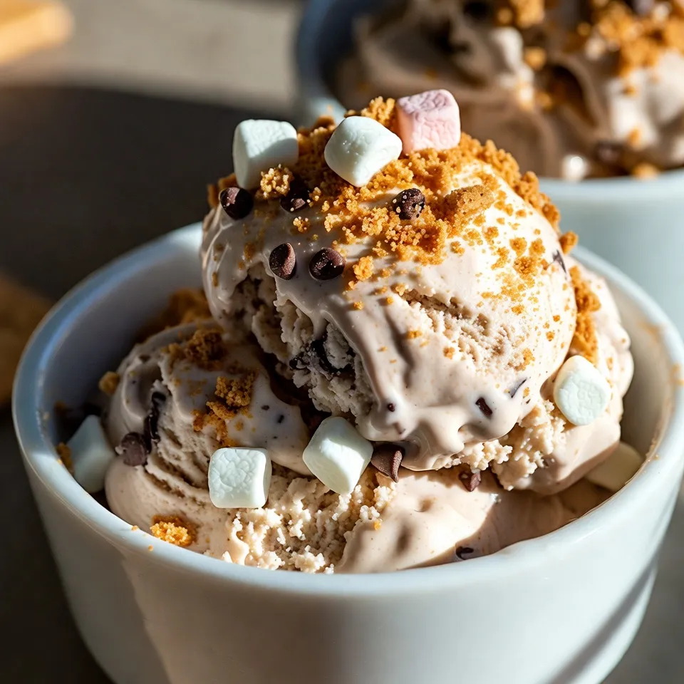 To make S'mores No-Churn Ice Cream, you need these key ingredients: - 2 cups heavy cream, chilled - 1 can (14 oz) sweetened condensed milk - 1 teaspoon pure vanilla extract - 1/2 cup crushed graham crackers, plus extra for garnish - 1/2 cup mini marshmallows - 1/2 cup semi-sweet chocolate chips or chopped chocolate bars - A pinch of flaky sea salt These ingredients combine to create a creamy and delicious treat. The heavy cream gives it a rich base. Sweetened condensed milk adds sweetness and a smooth texture. You can make this dessert even more fun with optional garnishes. Here are some ideas: - Extra crushed graham crackers for crunch - More mini marshmallows for a gooey touch - A drizzle of chocolate sauce for sweetness These add-ons make your ice cream look and taste great. They give it a campfire vibe that matches the s'mores theme. If you don't have all the ingredients, here are some substitutes: - Use whipped topping instead of heavy cream if you're short on time. - Coconut milk can replace sweetened condensed milk for a dairy-free option. - For a gluten-free version, choose gluten-free graham crackers. When making this ice cream, keep the cream chilled. This helps it whip better and gives you a light texture. Always fold gently to keep the airy feel. Enjoy making this easy, tasty ice cream! {{ingredient_image_2}} Start with a large mixing bowl. Pour in 2 cups of chilled heavy cream. Use an electric mixer and whip the cream on medium-high speed. Keep whipping until you see stiff peaks. This will take about 3-4 minutes. Be careful not to overwhip, or the cream can get grainy. In a separate medium bowl, mix 1 can of sweetened condensed milk, 1 teaspoon of pure vanilla extract, and a pinch of flaky sea salt. Whisk these together until smooth. This mix will add sweetness and depth to your ice cream. Now, gently fold the whipped cream into the condensed milk mix. Start with a small amount of whipped cream. This lightens the mix. Use a rubber spatula and fold in a circular motion. Be gentle to keep the air in the cream. Next, fold in 1/2 cup of crushed graham crackers, 1/2 cup of mini marshmallows, and 1/2 cup of chocolate chips. Make sure they mix well without breaking the marshmallows. This mix gives the ice cream that classic s'mores taste. Transfer the ice cream mix into a clean airtight container. Smooth the top with your spatula. Press down gently to remove any air pockets. Seal the container tightly and place it in the freezer. Let it freeze for at least 4-6 hours. It should be solid and easy to scoop. When you're ready to serve, scoop the ice cream into bowls or cones. For a fun touch, sprinkle more crushed graham crackers and mini marshmallows on top. You could also drizzle some chocolate for extra sweetness. Enjoy your delicious s'mores no-churn ice cream! To get the best whipped cream, start with chilled cream. Use a clean bowl and beaters. Whip on medium-high speed. Watch for stiff peaks, which take about 3-4 minutes. Stop right when it looks fluffy. If you whip too long, it becomes grainy. This step is key for creamy ice cream. One big mistake is overmixing. When adding whipped cream to the condensed milk, be gentle. Use a rubber spatula to fold. If you stir too hard, you lose the air. Another mistake is not chilling your tools. Cold bowls and beaters help the cream whip better. Lastly, make sure to freeze the ice cream long enough. If not, it will be too soft. When serving, scoop the ice cream into bowls or cones. For a fun touch, use waffle cones in tall glasses. Top with toasted marshmallows for a campfire feel. Sprinkle with extra graham crackers and chocolate drizzle for added flair. These simple ideas make your dessert look great and taste even better! Pro Tips Chill Your Tools: Before whipping the heavy cream, chill your mixing bowl and beaters in the freezer for about 10-15 minutes. This helps the cream whip up faster and achieve a better volume. Flavor Variations: Experiment with different flavors by adding a splash of your favorite extract (like almond or mint) to the sweetened condensed milk mixture for a unique twist on classic s'mores. Presentation Matters: For an appealing presentation, serve the ice cream in clear dessert cups or waffle cones, and top with a drizzle of chocolate sauce and extra mini marshmallows. Storage Tips: To keep your ice cream fresh, press a piece of parchment paper directly onto the surface of the ice cream before sealing the container. This helps prevent ice crystals from forming. {{image_4}} You can change the flavor of your S'mores no-churn ice cream easily. Try adding flavored extracts. Almond or coconut extracts can add a unique touch. You can also mix in peanut butter for a nutty twist. Chocolate lovers will enjoy adding cocoa powder for a richer taste. Just remember to balance sweetness when adding new flavors. For a vegan version, swap the heavy cream with coconut cream. This gives it a rich texture. Use a plant-based sweetened condensed milk instead of the regular one. There are many brands that offer great options. Check labels to find one with no dairy. You can still enjoy the graham crackers, marshmallows, and chocolate. Just ensure they are vegan-friendly. You can make your ice cream even more exciting by adding mix-ins. Chopped nuts like almonds or pecans add crunch. You can also fold in fresh fruits like strawberries or banana slices for a fruity twist. Dried fruits like raisins or cranberries can also be fun. These additions make your ice cream unique and delicious. To keep your S'mores no-churn ice cream fresh, use an airtight container. Make sure the lid seals tightly. This stops ice crystals from forming and keeps the texture smooth. Before sealing, smooth the top of the ice cream with a spatula. This helps keep air out. Your ice cream can last up to two weeks in the freezer. However, for the best taste, aim to eat it within a week. Over time, flavors may fade. If you notice any ice crystals or freezer burn, it's time to toss it. Always label and date your container for easy tracking. When you are ready to enjoy your ice cream, take it out of the freezer. Let it sit at room temperature for about 5 to 10 minutes. This short wait helps soften the ice cream. If you thaw it too long, it may become too soft. Scoop quickly and enjoy! Yes, you can try using coconut cream or whipped topping. Both options can work well. Coconut cream adds a nice flavor, but it may change the taste. Whipped topping gives a lighter texture. However, heavy cream gives the best creamy texture. Serve this ice cream in bowls or cones. For a fun twist, use waffle cones. You can top it with extra mini marshmallows, chocolate drizzle, or more crushed graham crackers. This makes it look special and inviting. You can even use a tall glass to hold the cones for a fun presentation. You can keep this ice cream for about two to three weeks. After that, it may lose its texture and flavor. To keep it fresh, make sure to seal it tightly. Use an airtight container to prevent ice crystals from forming. If you notice any ice crystals, just mix the ice cream before serving for a smoother texture. You now have everything you need to create delicious S'mores No-Churn Ice Cream. We discussed key ingredients, tips for making the ice cream, and storage advice. Remember, you can customize this treat with flavors or add-ins that you love. Keep it fun and share it with friends. Enjoy making this easy dessert and impress everyone with your skills. Dive back into your kitchen and start your ice cream adventure today!