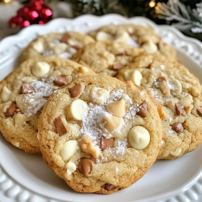 - 1 cup unsalted butter, softened - 1 cup packed brown sugar - 1/2 cup granulated sugar - 2 large eggs - 1 teaspoon pure vanilla extract - 3 cups all-purpose flour - 1 teaspoon baking soda - 1/2 teaspoon salt - 1 cup semisweet chocolate chips - 1 cup white chocolate chips - 1/2 cup crushed peppermint candies (optional) - 1/2 teaspoon ground cinnamon When I make these cookies, I love the balance of flavors. The butter adds richness, while the sugars give that sweet touch. Eggs provide moisture and help the cookies rise. Vanilla extract brings a lovely aroma. The flour forms the base of the dough. Baking soda helps the cookies puff up. Salt enhances all the flavors, making each bite taste better. The semisweet chocolate chips melt wonderfully, while the white chocolate adds a creamy taste. If you want extra holiday cheer, crushed peppermint candies give a festive crunch. Ground cinnamon adds warmth, making these cookies perfect for winter. Gather all these ingredients before you start. It makes the process smoother and more fun! {{ingredient_image_2}} 1. Preheat the oven and prepare the baking sheet Set your oven to 350°F (175°C). Line a baking sheet with parchment paper. This helps the cookies not stick. 2. Cream together butter and sugars In a big bowl, add 1 cup of softened unsalted butter, 1 cup of brown sugar, and 1/2 cup of granulated sugar. Use an electric mixer to beat them together. Mix until the blend is light and fluffy, about 3 to 5 minutes. 3. Incorporate eggs and vanilla Next, add 2 large eggs, one at a time. Mix well after each egg. Then, pour in 1 teaspoon of pure vanilla extract. Keep mixing until everything is well combined. 1. Whisk together flour, baking soda, salt, and cinnamon In a separate bowl, whisk together 3 cups of all-purpose flour, 1 teaspoon of baking soda, 1/2 teaspoon of salt, and 1/2 teaspoon of ground cinnamon. Make sure all the dry ingredients mix well. 2. Integrate dry ingredients into the wet mixture Gradually add the dry mix to your wet ingredients. Stir gently until no flour streaks remain. 1. Fold in chocolate chips and peppermint Now, gently fold in 1 cup of semisweet chocolate chips, 1 cup of white chocolate chips, and 1/2 cup of crushed peppermint candies if you want. Ensure they are evenly mixed. 2. Scoop and space cookie dough on the baking sheet Using a tablespoon, scoop out portions of dough. Place them on the prepared baking sheet. Keep them about 2 inches apart to give them room to spread. 3. Bake time and cooling instructions Place the baking sheet in the oven. Bake for 10 to 12 minutes. The edges should be lightly golden, and the centers should stay soft. After baking, let the cookies cool on the sheet for 5 minutes, then transfer them to a wire rack to cool completely. To make soft and chewy cookies, use room-temperature butter. This helps the butter blend well with sugars. Cream the butter and sugars until light and fluffy. This can take about 3-5 minutes. Bake your cookies for 10-12 minutes. The edges should be golden, and the centers should stay soft. For a lovely touch, dust cookies with powdered sugar. This gives them a snowy look. You can also place peppermint sticks or candy canes next to the cookies. This adds color and a festive feel, perfect for winter. Baking in cold weather can be tricky. Make sure your dough is not too cold. Let it sit at room temperature for a bit before baking. Cold air can make your cookies spread less. If it's humid, consider adding a bit more flour. This helps achieve the right dough consistency. Pro Tips Chill the Dough: For thicker cookies, refrigerate the dough for at least 30 minutes before baking. This helps prevent spreading and results in a chewier texture. Use Quality Ingredients: Opt for high-quality chocolate chips and pure vanilla extract to enhance the overall flavor of your cookies. Check for Doneness: Since ovens vary, keep an eye on the cookies during the last few minutes of baking. They should be golden around the edges but still soft in the center. Store Properly: To keep cookies fresh, store them in an airtight container at room temperature. You can also freeze them for longer storage. {{image_4}} You can change the flavor of your cookies by swapping the chocolate types. Use dark chocolate for a richer taste or milk chocolate for a sweet twist. You might also try flavored chocolate, like salted caramel. Seasonal herbs or spices can add a unique touch. Ground cinnamon is great for warmth. Nutmeg or ginger can bring a festive feel, too. A pinch of cardamom can elevate the flavor profile as well. If you need gluten-free cookies, use a gluten-free flour blend. Make sure it has xanthan gum for the right texture. Almond flour is another option, but you may need to adjust the amount. For vegan substitutions, replace the eggs with flaxseed meal. Mix one tablespoon of flaxseed with three tablespoons of water. Let it sit until it thickens. Use coconut oil instead of butter for a plant-based fat. To make smaller cookies, scoop out one teaspoon of dough instead of a tablespoon. This way, they’ll bake faster, about 8-10 minutes. For larger cookies, use a larger scoop and bake for 12-15 minutes. Shaping ideas can make your cookies festive. Use cookie cutters for fun shapes. Roll the dough into balls and flatten them for a classic look. You can also use a fork to create a crisscross pattern on top. To keep your Winter Wonderland chocolate chip cookies fresh, follow these steps: - Allow cookies to cool completely before storing. - Use an airtight container to prevent moisture. - Place parchment paper between layers to avoid sticking. - Store in a cool, dry place away from sunlight. Freezing cookie dough is a great way to save time. Here’s how: - Scoop dough onto a baking sheet lined with parchment paper. - Freeze the dough balls until solid, then transfer to a freezer bag. - Label the bag with the date for easy tracking. To bake, take out the dough and let it thaw in the fridge overnight. Bake as usual, adding a couple of extra minutes if needed. These cookies can last up to one week at room temperature. Look for these signs to know if they are going stale: - A hard texture instead of soft and chewy. - An off or strange smell. - Visible signs of mold or discoloration. Enjoy these tips to ensure your cookies stay delicious and festive! Can I make these cookies ahead of time? Yes, you can make the dough ahead of time. Just cover it and store it in the fridge for up to three days. When you are ready to bake, scoop and bake as normal. This will save you time on busy days. What can I use instead of peppermint candies? If you don’t like peppermint, try using crushed nuts or dried fruit. You can also skip them entirely for a classic chocolate chip cookie flavor. Your cookies will still taste great! Why are my cookies spreading too much? Cookies spread too much if the butter is too warm or if you add too much sugar. Make sure your butter is softened but not melted. Also, check your measurements for accuracy. How to fix dry or crumbly cookies? If cookies are dry, you may need to add more fat. Try adding an extra tablespoon of butter or a little milk. Mix well and bake a small test cookie to check the texture. What makes a cookie chewy rather than crunchy? Chewy cookies often have more moisture. Using brown sugar instead of white sugar helps keep them soft. Also, don’t overbake them; remove them when they are still soft in the middle. Can I add more chocolate chips or other mix-ins? Yes! You can add more chocolate chips or try different mix-ins like nuts or dried fruit. Just make sure to keep the overall balance of dough to mix-ins to avoid too much spread or dryness. This blog post guides you through making delicious cookies. We covered key ingredients, detailed steps, and tips for perfecting your bake. You can explore fun variations and learn how to store cookies effectively. Baking should be enjoyable and rewarding. Remember, practice makes perfect. With these insights, you’ll soon create treats that impress family and friends. Dive in and experience the joy of baking!