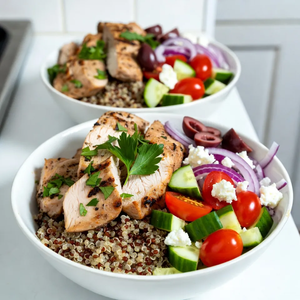 - 2 large chicken breasts, thinly sliced - 3 tablespoons extra virgin olive oil - 2 tablespoons fresh lemon juice (about 1 lemon) - 3 cloves garlic, minced - 2 teaspoons dried oregano - 1 teaspoon smoked paprika - Salt and freshly ground black pepper to taste The base of the Greek Chicken Gyro Bowls is tender chicken. I use two large chicken breasts, sliced thin. This helps them cook quickly and evenly. Olive oil and lemon juice create a bright marinade. I add minced garlic for depth. Dried oregano gives a classic Greek flavor, and smoked paprika adds a hint of warmth. Don’t forget the salt and pepper to balance the taste. - 1 cup cucumber, diced - 1 cup cherry tomatoes, halved - 1 cup red onion, thinly sliced - 1 cup crumbled feta cheese - 1/2 cup kalamata olives, pitted and sliced - Fresh parsley, finely chopped for garnish Fresh vegetables make this bowl vibrant and colorful. I love crunchy cucumbers, sweet cherry tomatoes, and sharp red onion for layers of taste. Crumbled feta cheese adds creaminess, while kalamata olives bring a briny note. Finally, I sprinkle fresh parsley to brighten the dish and add a pop of color. - 1 cup cooked quinoa (can substitute with brown rice or couscous) For the base, I often choose cooked quinoa. It’s healthy and hearty. You can also use brown rice or couscous. Each option adds texture and flavor. The base holds all the toppings together, making each bite satisfying. {{ingredient_image_2}} To start, you need to make a flavorful marinade. In a medium bowl, mix together: - 3 tablespoons extra virgin olive oil - 2 tablespoons fresh lemon juice - 3 cloves garlic, minced - 2 teaspoons dried oregano - 1 teaspoon smoked paprika - Salt and freshly ground black pepper to taste Whisk these ingredients well until combined. This mixture is key to infusing flavor into the chicken. Next, take your sliced chicken breasts and coat them in the marinade. Make sure each piece is covered well. You can use a bowl or a zipped bag for this. Cover the bowl with plastic wrap or seal the bag. Refrigerate for at least 30 minutes. This rest time helps the flavors blend and soak into the chicken. While the chicken marinates, preheat your grill pan or outdoor grill to medium heat. If using a grill pan, add a little olive oil to prevent sticking. Grill the marinated chicken for about 5-7 minutes on each side. Check for nice grill marks and ensure the chicken is cooked through. Once done, remove the chicken and let it rest for about 5 minutes before slicing it into bite-sized pieces. Now it’s time to put everything together. Start with a base layer of cooked quinoa in each serving bowl. This is nutritious and filling. Then, on top of the quinoa, arrange the sliced grilled chicken, diced cucumber, halved cherry tomatoes, thinly sliced red onion, crumbled feta cheese, and sliced kalamata olives. This creates a colorful and tasty dish. To finish, sprinkle chopped parsley over each bowl. If you like, you can drizzle a bit of olive oil or squeeze fresh lemon juice over the top for extra flavor. Enjoy your delicious Greek Chicken Gyro Bowls! To get the best grill marks, start with a hot grill. Preheat your grill pan or outdoor grill over medium heat. This helps lock in flavor and gives a nice char. Brush the grill with a bit of olive oil to stop sticking. Grill the chicken for 5-7 minutes on each side. Look for those beautiful grill marks! Always check the chicken's doneness with a meat thermometer. It should reach 165°F. Let the chicken rest for 5 minutes before slicing. This keeps it juicy and tender. Meal prep makes weeknight dinners easy. Start by marinating the chicken ahead of time. You can do this the night before or in the morning. Slice the veggies and store them in separate containers. Quinoa can be cooked in advance too. Store it in the fridge for quick assembly. This way, you can throw your bowls together in no time. Meal prepping cuts down cooking time and keeps things fresh. To make your gyro bowls pop, think about extra dressings or spices. A drizzle of tzatziki adds a creamy touch. You can also squeeze fresh lemon juice over the top. This brightens the flavors. Try adding spices like sumac or za’atar for a twist. You can even mix in some hot sauce if you love heat. Playing with flavors can turn a good dish into a great one. Pro Tips Marinate Longer for More Flavor: If time allows, marinate the chicken for up to 2 hours or even overnight. This will deepen the flavors and make the chicken even more tender and juicy. Use Fresh Ingredients: Opt for fresh herbs and vegetables whenever possible. Fresh parsley, ripe tomatoes, and crisp cucumbers can elevate the dish's taste and presentation. Customize Your Bowls: Feel free to add other toppings like avocado, roasted red peppers, or even hummus. This allows everyone to personalize their bowls to their liking. Grill for Smoky Flavor: If you can, use an outdoor grill for cooking the chicken. The smoky flavor from the grill enhances the overall taste and adds authenticity to the gyro experience. {{image_4}} You can change up the proteins in your bowl. If you prefer chicken, try beef or lamb. For a plant-based option, use chickpeas or grilled tofu. Each choice brings a unique taste and texture. Quinoa is a great base, but you can swap it out. Brown rice is a hearty alternative. Couscous is light and fluffy too. Each base adds its own flavor and nutrition. While tzatziki is classic, you can use other sauces. A lemon vinaigrette adds brightness. A spicy harissa sauce brings heat. Each dressing can change the whole vibe of your bowl. To store leftovers, let the bowls cool down first. Place each bowl in an airtight container. This keeps the food fresh. You can store them in the fridge for up to 3 days. Make sure to keep the toppings separate if possible. This helps maintain their crunch. If you want to freeze the Greek Chicken Gyro Bowls, start with the chicken and quinoa. Let them cool completely. Place them in freezer-safe bags or containers. You can freeze them for up to 2 months. Remember, fresh veggies do not freeze well. Add those when you reheat the bowls. To reheat, use an oven or microwave. If using an oven, preheat it to 350°F (175°C). Place the bowl in the oven for about 15 minutes. This keeps the chicken juicy. If you use a microwave, cover the bowl with a damp paper towel. Heat in 1-minute bursts until warm. Drizzle a little olive oil or lemon juice to keep flavors bright. To make Greek Chicken Gyro Bowls gluten-free, choose gluten-free grains. Quinoa is already gluten-free. If you prefer rice, use brown rice. Avoid couscous, as it contains wheat. Always check labels on any packaged items, like feta cheese and olives, to ensure they are free from gluten. Yes, you can use frozen chicken. Just remember to thaw it first. Thaw the chicken in the fridge overnight for best results. This keeps the meat juicy and safe to eat. After thawing, follow the recipe as usual, marinating and grilling the chicken. You can serve many sides with Greek Chicken Gyro Bowls. Some great options include: - Pita bread - Tzatziki sauce - Greek salad - Roasted vegetables These sides add variety and enhance the meal's flavors. To serve more people, simply multiply the ingredients. For example, use four chicken breasts instead of two. Adjust the grains, veggies, and toppings accordingly. You can also prepare the bowls in batches. This makes serving easier and keeps everything fresh. This blog post covered how to create delicious Greek Chicken Gyro Bowls. We discussed key ingredients like chicken, olive oil, and fresh veggies. You learned how to marinate and grill chicken to perfection. I shared proper assembly tips and some helpful meal prep tricks. Don't forget to customize your bowls with different proteins or bases. These meals are easy to store and reheat. Enjoy your cooking and the tasty meals you'll create!