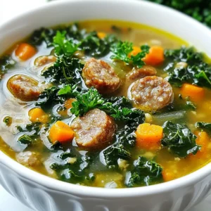 - 1 lb Italian chicken sausage (or turkey sausage), casings removed - 1 medium onion, finely chopped - 3 cloves garlic, minced - 2 medium carrots, diced into small pieces - 2 celery stalks, diced - 4 cups low-sodium chicken broth - 2 cups kale, chopped (stems removed and discarded) - 1 can (15 oz) diced tomatoes, drained - 1 teaspoon dried oregano - 1 teaspoon smoked paprika - Salt and freshly cracked black pepper to taste - 2 tablespoons extra virgin olive oil - Fresh parsley, chopped, for a vibrant garnish You can add your favorite veggies to mix things up. Try bell peppers, potatoes, or corn. If you want heat, add red pepper flakes. You can also swap the sausage for a plant-based option if needed. This lets you make the soup fit your style and taste. Each serving has about 320 calories. It includes 20 grams of protein, 15 grams of fat, and 30 grams of carbs. This soup gives you fiber from the kale and carrots. It also packs a good dose of vitamins A and C. This makes it not only tasty but also healthy! {{ingredient_image_2}} First, heat 2 tablespoons of extra virgin olive oil in a large pot. Use medium heat. Once hot, add 1 medium onion, finely chopped. Cook for about 5 minutes until the onion is soft and slightly golden. Next, add 3 cloves of minced garlic, 2 medium diced carrots, and 2 diced celery stalks. Stir and cook for another 5 to 7 minutes. The veggies should smell great and become tender. Now, take 1 pound of Italian chicken sausage and remove the casings. Crumble the sausage into the pot. Use a wooden spoon to break it up. Cook for 8 to 10 minutes until the sausage is browned. Stir often to cook evenly. Once browned, sprinkle in 1 teaspoon of dried oregano and 1 teaspoon of smoked paprika. Add salt and pepper to taste. Stir well and let it cook for another minute to release the spices' flavors. Pour in 4 cups of low-sodium chicken broth. Increase the heat to bring the soup to a gentle simmer. Once it bubbles, add 1 can of drained diced tomatoes and 2 cups of chopped kale. Stir everything together. Let the soup simmer uncovered for 15 to 20 minutes. The kale should wilt and soften. Taste the soup and adjust the seasoning if needed. Serve hot, garnished with fresh chopped parsley for a touch of color. To boost the taste of your sausage soup, try these tips: - Use fresh herbs. Add thyme or bay leaves for a richer flavor. - Choose quality sausage. Good sausage makes a big difference in taste. - Add a splash of vinegar. A bit of balsamic or red wine vinegar brightens the dish. - Finish with olive oil. Drizzle a little extra virgin olive oil before serving for richness. Here are some mistakes to steer clear of: - Not browning the sausage. This step adds depth to the soup. - Skipping the saut&eacute;. Don&rsquo;t rush cooking the vegetables; it builds flavor. - Overcooking the kale. Add it near the end to keep its vibrant color and crunch. - Ignoring seasoning. Taste as you go and adjust the salt and pepper. Cooking times can vary, so keep these in mind: - For faster prep. Use pre-chopped vegetables or frozen kale. - If using regular sausage. Cook it a few minutes longer until it&rsquo;s browned. - For a thicker soup. Simmer it uncovered for a longer time to reduce liquid. - If you're in a hurry. Use a pressure cooker for quick results, but adjust broth amounts. Pro Tips Use Fresh Ingredients: For the best flavor, use fresh kale and high-quality sausages. Fresh ingredients enhance the overall taste and nutritional value of your soup. Customize Your Greens: While kale is a great choice, feel free to substitute with Swiss chard or spinach if you prefer. Each green brings a unique flavor and texture. Adjust the Spice Level: If you like a bit of heat, consider adding red pepper flakes or a dash of hot sauce to the soup. Adjust according to your preference. Make it Ahead: This soup tastes even better the next day! Make a big batch and store leftovers in the fridge for an easy meal throughout the week. {{image_4}} You can switch the sausage type for different flavors. Try using Italian chicken or turkey sausage. Both options are lean and tasty. If you want more heat, go for spicy sausage. For a milder taste, sweet Italian sausage works well. You can even use plant-based sausage for a vegetarian version. This change keeps the soup hearty and satisfying. Feel free to mix in your favorite veggies. Zucchini, bell peppers, or potatoes can add depth. Use green beans or spinach for a fresh twist. Each vegetable brings unique flavors and textures. Just remember to chop them small for even cooking. You can also toss in some frozen peas for quick prep. This flexibility makes the soup fun and personal. Adjust the heat to match your taste. Add crushed red pepper flakes for a spicy kick. You can also include jalape&ntilde;os or hot sauce if you like it fiery. For a milder soup, skip spicy ingredients or add more broth. Taste as you go to balance the flavors. Finding your ideal spice level is all part of the fun! After you enjoy your sausage soup, let it cool first. This keeps it tasty. Transfer the soup into an airtight container. Make sure to leave some space at the top. This helps the soup expand if it freezes. Label the container with the date. Store it in the fridge for up to three days. If you want to keep it longer, use the freezer. Sausage soup freezes well. Pour the cooled soup into freezer-safe bags or containers. Remove as much air as you can. This helps prevent freezer burn. You can freeze the soup for up to three months. When you are ready to eat, take it out and thaw it in the fridge overnight. To reheat the soup, pour it into a pot over medium heat. Stir it often to heat evenly. If the soup is thick, add a little broth or water. This will help bring back the right texture. You can also use a microwave. Put the soup in a microwave-safe bowl. Heat it in short bursts. Stir after each burst until it is hot. Enjoy your soup just like fresh! Yes, you can make Sausage Soup in a slow cooker. First, cook the sausage in a pan. After it is browned, add it to the slow cooker. Then, toss in the onion, garlic, carrots, and celery. Pour in the chicken broth, tomatoes, and spices. Set the slow cooker on low for 6-8 hours or high for 3-4 hours. Add the kale in the last 30 minutes. This method makes the soup very easy. You can serve Sausage Soup with many sides. A crusty bread works well for dipping. A fresh salad adds crunch and color. You might also enjoy it with a light pasta. If you want something heartier, serve it with rice or quinoa. These options will make your meal more filling. To thicken Sausage Soup, you have a few options. You can add a cornstarch slurry. Mix 1 tablespoon of cornstarch with 2 tablespoons of water. Stir this into the soup and let it simmer. Another way is to blend some of the soup in a blender. This gives it a thicker texture. You can also add more vegetables, like potatoes, to naturally thicken the soup. Sausage soup is simple and tasty. Key ingredients make a rich flavor. You can customize with optional ingredients. I shared steps to cook and enhance your soup. Avoid common mistakes for the best results. Feel free to try variations for new tastes. Store or freeze leftovers easily and enjoy them later. Follow the tips to make this dish perfect every time. Now you have the tools to impress with your sausage soup. Embrace the joy of cooking!