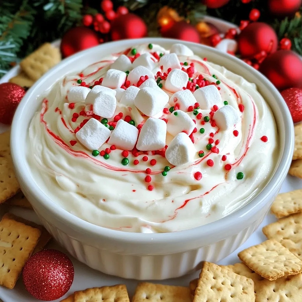 To make Christmas Peppermint Fluff Dip, gather these simple items: - 1 cup heavy whipping cream - 1 cup powdered sugar - 8 oz cream cheese, softened to room temperature - 1 teaspoon pure vanilla extract - 1/2 teaspoon peppermint extract - 1/2 cup crushed peppermint candies (reserve some for garnish) - 1/2 cup mini marshmallows - 1/4 cup red and green sprinkles - Assorted dippers such as graham crackers, fresh fruit slices, or pretzels Accurate measurements help your dip taste great. Use measuring cups for liquids and solids. A kitchen scale can help too. For powdered sugar, spoon it into the cup and level it off with a knife. This way, you avoid packing it down. For cream cheese, let it sit out for a bit. This makes it easier to mix. If you need swaps, I have some ideas! You can use light cream or coconut cream instead of heavy whipping cream. For a dairy-free option, try vegan cream cheese. If you don’t have peppermint extract, you can double the vanilla. Need a sweetener? Use honey or agave syrup instead of powdered sugar. For dippers, use whatever you like! Try cookies, fruit, or even pretzel sticks for fun. {{ingredient_image_2}} Gather all your ingredients. This will make cooking easy. You need heavy whipping cream, powdered sugar, cream cheese, vanilla extract, peppermint extract, crushed peppermint candies, mini marshmallows, and sprinkles. Don't forget your dippers, like graham crackers or fresh fruit. Pour the heavy whipping cream into a large bowl. Use an electric mixer to whip it on medium-high speed. Keep whipping until stiff peaks form. This takes about 3 to 5 minutes. Slowly add the powdered sugar while you mix. Keep going until the cream is smooth. In another bowl, beat the softened cream cheese. You want it creamy with no lumps. Add the vanilla and peppermint extracts. Mix well until everything is blended. This step adds a rich flavor to your dip. Now it’s time to combine the whipped cream and cream cheese. Use a spatula to fold the whipped cream into the cream cheese mixture. Be gentle to keep the fluffy texture. Mix just until you see no streaks. Next, stir in the crushed peppermint candies, mini marshmallows, and sprinkles. Make sure everything is spread out nicely in the mix. Once combined, transfer the dip to a festive bowl. Smooth the top with a spatula. Sprinkle more crushed peppermint and sprinkles on top for extra cheer. Now you’re ready to serve this delightful treat! To get the best texture for your Christmas Peppermint Fluff Dip, start with cold cream. Cold cream whips up faster and gets nice peaks. When whipping, keep an eye on the mixer. Stop when you see stiff peaks. This step is key for lightness. When mixing cream cheese, beat it until smooth. If it has lumps, the dip won’t be creamy. When folding, use a spatula. Be gentle to keep the airy texture. Fold just until no streaks are left. This dip shines at parties! Serve it in a bright bowl for fun. Place it on a table with a mix of dippers. Try graham crackers for a sweet crunch. Fresh fruit slices, like apples or strawberries, add freshness. You can also use pretzels for a salty contrast. Encourage guests to mix and match their dippers for a tasty experience. Garnishing adds a festive touch to your dip. Sprinkle crushed peppermint candies on top. This brings out the peppermint flavor and looks pretty. Add extra red and green sprinkles for color. For a fun touch, place whole peppermint candies around the bowl. It makes the dip look more inviting. These small details make your Christmas Peppermint Fluff Dip a holiday hit! Pro Tips Chill Your Bowl: For an extra light and airy dip, chill your mixing bowl and beaters in the refrigerator for about 15 minutes before whipping the cream. Softening Cream Cheese: To ensure your cream cheese blends smoothly, cut it into small cubes and let it sit at room temperature for about 30 minutes before using. Customize Your Dippers: Experiment with different dippers such as chocolate graham crackers, pretzel crisps, or even gingerbread cookies to add variety to your presentation. Make-Ahead Option: This dip can be made a day in advance. Store it in an airtight container in the refrigerator and give it a gentle stir before serving. {{image_4}} You can play with flavors to make this dip even more exciting. Try using almond extract instead of peppermint for a unique twist. You can also add a splash of orange extract for a citrusy touch. If you love chocolate, mix in some cocoa powder or mini chocolate chips. Each choice brings a new flavor to the table. Want a lighter dip? Swap the heavy whipping cream for Greek yogurt. It adds creaminess with less fat. You can also use low-fat cream cheese to cut calories. For sweetness, consider using honey or maple syrup instead of powdered sugar. These choices keep the dip tasty and lower in calories. To make your dip festive, add seasonal ingredients. Try mixing in crushed gingerbread cookies for a holiday feel. You can also stir in dried cranberries or chopped nuts for added texture. Top it off with pomegranate seeds for a pop of color. These add-ons make your dip even more special during the holiday season. To keep your Christmas Peppermint Fluff Dip fresh, store it in an airtight container. This helps prevent the dip from drying out or absorbing other fridge smells. Make sure the lid is tightly sealed. If you have leftover dippers, store them separately to keep their crunch. When stored properly, this dip lasts about three days in the fridge. After that, the texture may change. The whipped cream can start to lose its fluffiness. If you notice any odd smells or colors, it’s best to throw it away. You do not need to reheat this dip. It’s best served cold. Before serving leftovers, give the dip a gentle stir to bring back its creamy texture. If it seems a bit thick, you can fold in a splash of cream or milk. This will help it regain its fluffiness. Yes, you can make this dip ahead. Prepare it up to a day before serving. Just keep it in the fridge until you are ready to enjoy. This helps the flavors blend well. You have many fun options for dipping! Here are some ideas: - Graham crackers - Fresh fruit slices like strawberries or apples - Pretzels These choices add crunch and sweetness. Yes, you can create a vegan version! Use coconut cream instead of heavy cream. Replace cream cheese with a plant-based cream cheese. Choose powdered sugar that is vegan, too. Your dip will still taste great! Store any leftovers in an airtight container. Keep it in the fridge for up to three days. When ready to eat again, give it a good stir. If it looks a bit flat, whip it lightly to restore the fluffiness. This blog post covers all you need to know about making a great dip. We talked about the right ingredients, how to mix them, and helpful tips for serving. You learned about flavor variations and storing leftovers. With these insights, you can create a tasty dip. I hope you feel ready to try it out. Enjoy experimenting and sharing this dip with family and friends. Your next snack time will be a hit!