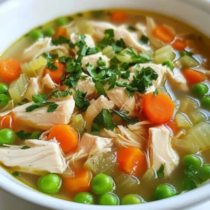 For this easy homemade chicken soup, gather these key ingredients: - 1 lb (450g) boneless, skinless chicken breasts, diced into bite-sized pieces - 4 cups chicken broth (homemade or low-sodium) - 2 cups water - 1 medium onion, finely chopped - 2 medium carrots, peeled and sliced into rounds - 2 celery stalks, diced - 2 garlic cloves, minced - 1 teaspoon dried thyme - 1 teaspoon dried rosemary - 1 bay leaf - Salt and freshly ground black pepper to taste - 1 cup frozen peas - Fresh parsley, chopped, for garnish - 2 tablespoons extra virgin olive oil You can boost the soup's taste with these optional items: - 1 cup corn for sweetness - 1 lemon for brightness - 1 teaspoon red pepper flakes for heat These additions can change the flavor profile and make it unique. To make chicken soup, use these tools: - A large, heavy-bottomed pot for even cooking - A wooden spoon for stirring - A cutting board and knife for chopping - Measuring cups and spoons for accuracy These tools help make cooking easier and more fun. {{ingredient_image_2}} Start by chopping the onion, carrots, and celery. Use a sharp knife for safety and ease. Dice the onion finely, slice the carrots into rounds, and chop the celery into small pieces. Next, mince the garlic cloves. This prep helps the vegetables cook evenly and adds great flavor to the soup. In a large pot, heat 2 tablespoons of olive oil over medium heat. Once the oil is hot, add the chopped onion, sliced carrots, and diced celery. Stir them often for about 5-7 minutes. You want the onion to turn translucent and the veggies to soften. After the vegetables soften, add the minced garlic. Cook it for about 1 minute until it smells nice but does not brown. Then, add the diced chicken. Cook it for 3-4 minutes, stirring until the chicken is lightly browned but not fully cooked. Next, pour in 4 cups of chicken broth and 2 cups of water. Stir everything together. Add 1 teaspoon of dried thyme, 1 teaspoon of dried rosemary, and 1 bay leaf. Season with salt and pepper. Bring the soup to a boil over medium-high heat. Once it boils, lower the heat to low. Cover the pot and let it simmer for about 20 minutes. This helps the chicken cook well and stay tender. After 20 minutes, remove the bay leaf. Use two forks to shred the chicken into bite-sized pieces right in the pot. Then, add 1 cup of frozen peas. Let the soup simmer for another 5 minutes to heat the peas. Taste the soup and add more salt or pepper if you like. Serve it hot in bowls and sprinkle fresh parsley on top for color and flavor. Enjoy your warm bowl of comfort! You can also pair it with crusty bread or buttery crackers for a full meal experience. To shred chicken, I recommend using two forks. First, take the cooked chicken out of the pot. Then, hold one fork in each hand. Use one fork to hold the chicken steady. Use the other fork to pull apart the meat. This method gives you nice, bite-sized pieces. Shredding works best when the chicken is hot. If the chicken cools too much, it can become tough. You can easily change the flavor of your soup. Add fresh herbs like dill or cilantro for a twist. You can also toss in some lemon juice for brightness. If you like heat, sprinkle in red pepper flakes. For a richer taste, try adding a splash of soy sauce. You can even mix in some freshly grated ginger for warmth. These small changes can make your chicken soup unique. One common mistake is overcooking the chicken. Keep an eye on it while it cooks. Another mistake is skipping the seasoning. Salt and pepper enhance the flavors, so taste as you go. Don't forget to remove the bay leaf before serving; it adds flavor but is not meant to be eaten. Lastly, avoid boiling the soup too hard; a gentle simmer is best. This helps keep the chicken tender and juicy. Pro Tips Use Fresh Herbs: Adding fresh herbs like thyme or rosemary right before serving can elevate the flavor of your soup. Don&rsquo;t Skip the Searing: Searing the chicken before simmering enhances the depth of flavor in your soup. Customize Your Veggies: Feel free to add your favorite vegetables such as corn or green beans for extra nutrition and flavor. Make It Ahead: This soup tastes even better the next day, making it a great option for meal prep or leftovers. {{image_4}} You can make your chicken soup heartier by adding noodles or rice. Both options boost the meal's filling quality. To add noodles, choose small shapes like egg noodles or rotini. Cook them separately, then add them to the soup at the end. If you prefer rice, white or brown rice work well. Add uncooked rice during the simmering step. Keep an eye on the cooking time. Rice absorbs liquid, so you may need to add more broth or water. Chicken is the star of this dish, but you can switch it up. Consider using turkey, which gives a similar flavor. If you want something different, try shredded beef or pork. These meats add a rich taste to your soup. Just make sure to adjust cooking times. For quicker options, use rotisserie chicken. Add it in the last 10 minutes of cooking for a fast fix. You can enjoy chicken soup flavors without meat. Start by using vegetable broth instead of chicken broth. Replace the chicken with hearty veggies like mushrooms or chickpeas. These add texture and protein. For a richer taste, toss in nutritional yeast or miso paste. Add your favorite herbs to enhance the flavor. This way, you can enjoy a warm bowl of soup that fits your diet. After enjoying your chicken soup, let it cool first. Use an airtight container to keep leftovers fresh. Store the soup in the fridge for up to four days. Keep the soup separate from any sides to maintain the best taste. If you want to enjoy it later, freezing is a great option. To freeze your chicken soup, use freezer-safe containers. Leave some space at the top, as the soup will expand when frozen. You can also use freezer bags, but remove as much air as possible. Label the bags with the date and type of soup. It can stay frozen for up to three months. When you're ready, just thaw it overnight in the fridge. Reheat chicken soup gently for the best flavor. You can use the stove or microwave. If using the stove, heat it in a pot over low heat. Stir often to avoid sticking. For the microwave, place the soup in a microwave-safe bowl. Heat in short intervals, stirring in between. This helps it warm evenly. Enjoy your warm bowl of comfort! Yes, you can use leftover chicken! Shredded or diced chicken is perfect. Just skip the step where you cook the chicken in the pot. Instead, add it when you combine the broth and water. This makes it easy and quick. Leftover chicken adds great flavor, and it saves time. Homemade chicken soup lasts about three to four days in the fridge. Make sure to store it in an airtight container. This keeps it fresh and tasty. If you want to keep it longer, consider freezing it. If your soup is too salty, don&rsquo;t worry! You can fix it. Add more water or low-sodium broth to dilute the saltiness. You can also add more vegetables or a potato to absorb some salt. Let it simmer for a while to blend the flavors. Taste as you go, and adjust until it&rsquo;s just right. This blog post covered everything you need for great chicken soup. You learned about main and optional ingredients, tools to use, and step-by-step cooking. Following my tips will help you avoid common mistakes. We explored fun variations like adding rice or making it vegan. Lastly, I shared smart ways to store leftovers. In the end, making chicken soup is simple and fun. With practice, you'll create your perfect bowl every time. Enjoy your cooking!