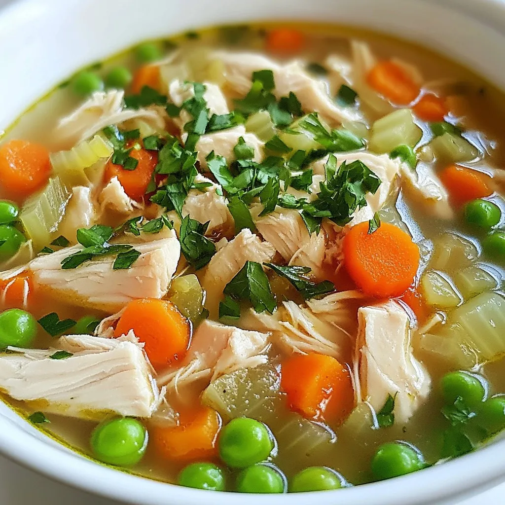 For this easy homemade chicken soup, gather these key ingredients: - 1 lb (450g) boneless, skinless chicken breasts, diced into bite-sized pieces - 4 cups chicken broth (homemade or low-sodium) - 2 cups water - 1 medium onion, finely chopped - 2 medium carrots, peeled and sliced into rounds - 2 celery stalks, diced - 2 garlic cloves, minced - 1 teaspoon dried thyme - 1 teaspoon dried rosemary - 1 bay leaf - Salt and freshly ground black pepper to taste - 1 cup frozen peas - Fresh parsley, chopped, for garnish - 2 tablespoons extra virgin olive oil You can boost the soup's taste with these optional items: - 1 cup corn for sweetness - 1 lemon for brightness - 1 teaspoon red pepper flakes for heat These additions can change the flavor profile and make it unique. To make chicken soup, use these tools: - A large, heavy-bottomed pot for even cooking - A wooden spoon for stirring - A cutting board and knife for chopping - Measuring cups and spoons for accuracy These tools help make cooking easier and more fun. {{ingredient_image_2}} Start by chopping the onion, carrots, and celery. Use a sharp knife for safety and ease. Dice the onion finely, slice the carrots into rounds, and chop the celery into small pieces. Next, mince the garlic cloves. This prep helps the vegetables cook evenly and adds great flavor to the soup. In a large pot, heat 2 tablespoons of olive oil over medium heat. Once the oil is hot, add the chopped onion, sliced carrots, and diced celery. Stir them often for about 5-7 minutes. You want the onion to turn translucent and the veggies to soften. After the vegetables soften, add the minced garlic. Cook it for about 1 minute until it smells nice but does not brown. Then, add the diced chicken. Cook it for 3-4 minutes, stirring until the chicken is lightly browned but not fully cooked. Next, pour in 4 cups of chicken broth and 2 cups of water. Stir everything together. Add 1 teaspoon of dried thyme, 1 teaspoon of dried rosemary, and 1 bay leaf. Season with salt and pepper. Bring the soup to a boil over medium-high heat. Once it boils, lower the heat to low. Cover the pot and let it simmer for about 20 minutes. This helps the chicken cook well and stay tender. After 20 minutes, remove the bay leaf. Use two forks to shred the chicken into bite-sized pieces right in the pot. Then, add 1 cup of frozen peas. Let the soup simmer for another 5 minutes to heat the peas. Taste the soup and add more salt or pepper if you like. Serve it hot in bowls and sprinkle fresh parsley on top for color and flavor. Enjoy your warm bowl of comfort! You can also pair it with crusty bread or buttery crackers for a full meal experience. To shred chicken, I recommend using two forks. First, take the cooked chicken out of the pot. Then, hold one fork in each hand. Use one fork to hold the chicken steady. Use the other fork to pull apart the meat. This method gives you nice, bite-sized pieces. Shredding works best when the chicken is hot. If the chicken cools too much, it can become tough. You can easily change the flavor of your soup. Add fresh herbs like dill or cilantro for a twist. You can also toss in some lemon juice for brightness. If you like heat, sprinkle in red pepper flakes. For a richer taste, try adding a splash of soy sauce. You can even mix in some freshly grated ginger for warmth. These small changes can make your chicken soup unique. One common mistake is overcooking the chicken. Keep an eye on it while it cooks. Another mistake is skipping the seasoning. Salt and pepper enhance the flavors, so taste as you go. Don't forget to remove the bay leaf before serving; it adds flavor but is not meant to be eaten. Lastly, avoid boiling the soup too hard; a gentle simmer is best. This helps keep the chicken tender and juicy. Pro Tips Use Fresh Herbs: Adding fresh herbs like thyme or rosemary right before serving can elevate the flavor of your soup. Don’t Skip the Searing: Searing the chicken before simmering enhances the depth of flavor in your soup. Customize Your Veggies: Feel free to add your favorite vegetables such as corn or green beans for extra nutrition and flavor. Make It Ahead: This soup tastes even better the next day, making it a great option for meal prep or leftovers. {{image_4}} You can make your chicken soup heartier by adding noodles or rice. Both options boost the meal's filling quality. To add noodles, choose small shapes like egg noodles or rotini. Cook them separately, then add them to the soup at the end. If you prefer rice, white or brown rice work well. Add uncooked rice during the simmering step. Keep an eye on the cooking time. Rice absorbs liquid, so you may need to add more broth or water. Chicken is the star of this dish, but you can switch it up. Consider using turkey, which gives a similar flavor. If you want something different, try shredded beef or pork. These meats add a rich taste to your soup. Just make sure to adjust cooking times. For quicker options, use rotisserie chicken. Add it in the last 10 minutes of cooking for a fast fix. You can enjoy chicken soup flavors without meat. Start by using vegetable broth instead of chicken broth. Replace the chicken with hearty veggies like mushrooms or chickpeas. These add texture and protein. For a richer taste, toss in nutritional yeast or miso paste. Add your favorite herbs to enhance the flavor. This way, you can enjoy a warm bowl of soup that fits your diet. After enjoying your chicken soup, let it cool first. Use an airtight container to keep leftovers fresh. Store the soup in the fridge for up to four days. Keep the soup separate from any sides to maintain the best taste. If you want to enjoy it later, freezing is a great option. To freeze your chicken soup, use freezer-safe containers. Leave some space at the top, as the soup will expand when frozen. You can also use freezer bags, but remove as much air as possible. Label the bags with the date and type of soup. It can stay frozen for up to three months. When you're ready, just thaw it overnight in the fridge. Reheat chicken soup gently for the best flavor. You can use the stove or microwave. If using the stove, heat it in a pot over low heat. Stir often to avoid sticking. For the microwave, place the soup in a microwave-safe bowl. Heat in short intervals, stirring in between. This helps it warm evenly. Enjoy your warm bowl of comfort! Yes, you can use leftover chicken! Shredded or diced chicken is perfect. Just skip the step where you cook the chicken in the pot. Instead, add it when you combine the broth and water. This makes it easy and quick. Leftover chicken adds great flavor, and it saves time. Homemade chicken soup lasts about three to four days in the fridge. Make sure to store it in an airtight container. This keeps it fresh and tasty. If you want to keep it longer, consider freezing it. If your soup is too salty, don’t worry! You can fix it. Add more water or low-sodium broth to dilute the saltiness. You can also add more vegetables or a potato to absorb some salt. Let it simmer for a while to blend the flavors. Taste as you go, and adjust until it’s just right. This blog post covered everything you need for great chicken soup. You learned about main and optional ingredients, tools to use, and step-by-step cooking. Following my tips will help you avoid common mistakes. We explored fun variations like adding rice or making it vegan. Lastly, I shared smart ways to store leftovers. In the end, making chicken soup is simple and fun. With practice, you'll create your perfect bowl every time. Enjoy your cooking!