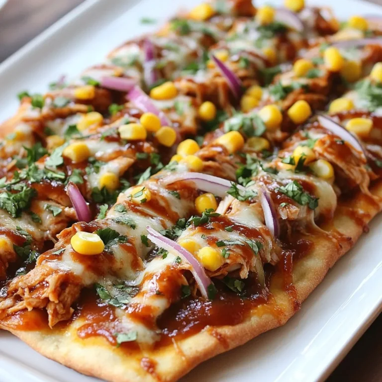 - 2 large flatbreads - 1 cup cooked shredded chicken - ½ cup BBQ sauce - 1 cup shredded mozzarella cheese - ¼ cup red onion, thinly sliced - ½ cup sweet corn - ¼ cup fresh cilantro - 1 tablespoon olive oil - Salt and pepper What proteins can I use instead of chicken? You can use turkey or pulled pork. These options bring a new taste. What if I want a different BBQ sauce? Try a honey BBQ for sweetness or a spicy sauce for heat. Each choice adds a unique twist. Can I use other cheeses? Absolutely! Cheddar or pepper jack can work well here. Both melt nicely and add flavor. {{ingredient_image_2}} First, preheat your oven to 425°F (220°C). This step is key for a crispy flatbread base. While the oven heats, mix your shredded chicken with the BBQ sauce in a bowl. Make sure the chicken is well-coated. This adds a rich flavor that everyone loves. Next, place the flatbreads on a large baking sheet. Brush a thin layer of olive oil over each flatbread. This helps them crisp up nicely. Then, spoon the BBQ chicken mixture onto the flatbreads. Spread it evenly, but leave some space at the edges. Now, sprinkle a generous amount of shredded mozzarella cheese on top of the chicken. This cheese will melt and create a gooey texture. After that, add thin slices of red onion and sweet corn. These toppings bring sweetness and crunch to every bite. Pop the flatbread pizzas in the preheated oven. Bake for about 10-12 minutes. You’ll know they are done when the cheese is melted and bubbly. The edges of the flatbread should turn golden and crispy. Once they're out of the oven, sprinkle fresh chopped cilantro on the pizzas. This adds a pop of color and freshness. Cut the flatbreads into wedges or squares, and they are ready to serve hot! Enjoy your flavorful BBQ chicken flatbread pizza! To get a nice crispy flatbread, start with a layer of olive oil. This simple step helps the bread crisp up in the oven. Brush a thin layer of oil on each flatbread. It adds flavor and keeps the edges crunchy. For baking, set your oven to 425°F (220°C). This high heat cooks the flatbread quickly and makes it crispy. Bake for about 10-12 minutes. Look for golden edges and bubbling cheese. This shows they are ready to enjoy. You can adjust the seasoning for more taste. A pinch of salt and some black pepper makes a big difference. Try adding smoked paprika or garlic powder for extra kick. For toppings, consider adding bell peppers, jalapeños, or even pineapple. Each option adds a new flavor and texture. Experiment with different combinations until you find your favorite. Presentation matters for meals like BBQ chicken flatbread pizza. Serve it on a wooden board for a rustic look. Garnish with extra cilantro for color and freshness. Pair your flatbread with sides like a fresh salad or sliced veggies. You can also offer a small bowl of BBQ sauce for dipping. This adds a fun touch to your meal. Pro Tips Use Fresh Ingredients: Opting for fresh herbs and quality BBQ sauce can significantly enhance the flavor profile of your flatbread pizza. Experiment with Cheese: While mozzarella is classic, trying a blend of cheeses like cheddar or gouda can add a unique twist to the pizza. Customize Your Toppings: Feel free to add other toppings such as jalapeños, bell peppers, or avocado for extra flavor and texture. Monitor Baking Time: Keep an eye on the flatbreads in the oven to prevent burning; every oven can vary slightly in temperature. {{image_4}} You can easily change the BBQ chicken flatbread to fit different tastes. If you want a vegetarian option, use mushrooms and bell peppers. They add great flavor and texture. You can try different sauces too. A spicy chipotle sauce or a sweet teriyaki sauce can create a fun twist. BBQ chicken flatbread can have a global flair. You can make it Italian by adding pesto and mozzarella. For a tropical vibe, use mango salsa and grilled pineapple. These ideas let you explore new flavors while enjoying a familiar dish. You can also spice it up with jalapeños or curry powder for a kick! You can serve BBQ chicken flatbreads in fun ways. Try making individual mini flatbreads for gatherings. They are easy to hold and eat. If you want something different, create calzone-style flatbreads. Simply fold the flatbread over the filling and bake it. This makes a delicious, cheesy pocket perfect for dipping! To keep your BBQ chicken flatbread pizza fresh, refrigerate leftovers right away. Store them in an airtight container. This keeps moisture out and flavor in. You can also wrap the flatbreads tightly in plastic wrap. Use them within three days for the best taste. To reheat your pizza, the oven is best. It keeps the flatbread crispy. Preheat your oven to 375°F (190°C). Place the flatbread on a baking sheet and heat for about 8-10 minutes. If you use a microwave, the flatbread may get soggy. If you must use the microwave, heat in 30-second intervals. You can freeze your flatbread pizza before or after baking. For freezing before baking, wrap each flatbread tightly in plastic wrap. Then, place them in a freezer-safe bag. To freeze after baking, let it cool first. Wrap it well and store it in the freezer. To thaw, move the pizza to the fridge overnight. You can also use the microwave on the defrost setting. Once thawed, reheat in the oven for the best results. BBQ chicken flatbread pizza lasts about 3 to 4 days in the fridge. Store it in an airtight container. This keeps it fresh and tasty. Always check for any unusual smells or changes in texture before eating. If it looks or smells off, toss it out. Reheat it in the oven for the best taste. This helps keep the flatbread crispy. Yes, you can use store-bought BBQ sauce. It saves time and is very convenient. Look for sauces that are thick and flavorful. Some great brands include Sweet Baby Ray's and Stubb's. These brands offer a wide range of flavors. They can enhance the taste of your flatbread pizza. Just pour it over the shredded chicken. Mix well for a yummy result. If you want alternatives to chicken, there are plenty of choices. You can use cooked turkey for a lean option. For a vegetarian meal, try using jackfruit or mushrooms. Both add great texture. Tofu is another option that soaks up flavor well. These swaps make the dish fit different diets. Feel free to get creative with flavors and toppings! This blog post covered everything you need for BBQ chicken flatbread pizza. You learned about key ingredients, step-by-step instructions, and tips for the best results. You can customize it with your favorite toppings or different flavors. Don’t forget about storing and reheating leftovers effectively. I hope this inspires you to make your own delicious flatbread pizza. Enjoy cooking and sharing your creation!