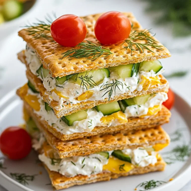 - 1 box of Ritz crackers - 8 oz cream cheese, softened - 1/4 cup mayonnaise - 1 tablespoon Dijon mustard - 1 teaspoon onion powder - 1 teaspoon garlic powder - 1/2 cup finely diced celery - 1/2 cup diced cooked chicken or deli turkey - 1/4 cup fresh dill or parsley, chopped - Salt and pepper to taste - Optional: Thinly sliced cucumber or halved cherry tomatoes for garnish The Ritz crackers are the base for these sandwiches. They add a nice crunch. Cream cheese gives the filling a smooth and creamy texture. Mayonnaise adds moisture and richness. Dijon mustard brings a hint of tang. Onion and garlic powders boost the flavor. Celery adds crunch and freshness. You can use cooked chicken or deli turkey for protein. Fresh dill or parsley adds a bright taste. Salt and pepper round out the flavors. When choosing cream cheese, look for a brand that is rich and smooth. Softened cream cheese blends well with other ingredients. For mayonnaise, choose a brand with natural flavors. Fresh herbs should be vibrant and fragrant. When selecting celery, pick stalks that are crisp and green. If using chicken or turkey, make sure it&rsquo;s fresh and well-cooked. For garnishes, choose cucumbers and tomatoes that are firm and ripe. Fresh ingredients will make your sandwiches taste their best! {{ingredient_image_2}} Start by gathering your ingredients. You need cream cheese, mayonnaise, Dijon mustard, onion powder, and garlic powder. Soften the cream cheese first. It should be at room temperature for easy mixing. In a medium bowl, combine the cream cheese, mayonnaise, Dijon mustard, onion powder, and garlic powder. Use a spatula or mixer to blend everything until smooth. This step is key for a creamy texture. Next, fold in the finely diced celery, diced chicken or turkey, and fresh dill or parsley. Make sure to mix well. Add salt and pepper to taste. This mixture should be flavorful and well-balanced. Now it&rsquo;s time to build your sandwiches. Take a Ritz cracker and spread a generous layer of the cream cheese mixture on top. Don&rsquo;t be shy with the filling! Place another Ritz cracker on top to form a sandwich. Repeat this process until you use up all the cream cheese mixture. You can create stacks of sandwiches for a fun look. For a decorative touch, top each sandwich with thin slices of cucumber or halved cherry tomatoes. This adds color and freshness to your snacks. To ensure even filling, use a small spatula. This tool helps spread the mixture smoothly. If you want a thicker filling, add more cream cheese. Just remember to keep the balance right with the other ingredients. Chilling the assembled sandwiches for about 30 minutes allows the flavors to meld together. It also helps the filling stick to the crackers. After chilling, you can cut the sandwiches in half for easy serving. Enjoy making these tasty treats! To make your Ritz Cracker Party Sandwiches pop, focus on fresh flavors. Use fresh herbs like dill or parsley for a bright taste. For a kick, add a pinch of cayenne pepper to the cream cheese mix. Adjust the Dijon mustard to your liking; more gives a tangy punch. Always taste the filling before spreading. This way, you can tweak it to suit your guests. How you present your sandwiches matters. Arrange them neatly on a large platter. Use a mix of whole and halved sandwiches for variety. For a fun touch, add garnishes like sliced cucumbers or cherry tomatoes. They not only look good but add freshness. Use colorful plates to make the food pop. Adding a small bowl of extra dip on the side can also impress your guests. These sandwiches are best served cold. Chill them for about 30 minutes before serving. This time allows flavors to meld and makes the filling firmer. If you&rsquo;re in a hurry, a quick chill in the fridge works too. If serving at a party, keep them on ice to stay fresh. Eating them cold enhances the creamy texture, making every bite delightful. Pro Tips Chill for Better Flavor: Refrigerating the assembled sandwiches for about 30 minutes allows the flavors to meld together, enhancing the overall taste. Use Fresh Ingredients: Fresh dill or parsley significantly elevate the flavor of the cream cheese mixture, making the sandwiches more vibrant and delicious. Make Ahead: These sandwiches can be prepared in advance and stored in the refrigerator for a few hours or overnight, making them a convenient option for parties or gatherings. Customize Your Fillings: Feel free to get creative with the filling by adding ingredients like chopped nuts, dried cranberries, or different types of cheese for added texture and flavor. {{image_4}} You can mix up the flavors of your Ritz cracker party sandwiches. Try a spicy twist by adding a dash of hot sauce or cayenne pepper to the cream cheese mix. For an herb-infused version, add fresh basil or thyme. This gives a bright and fresh taste. You can even go sweet by mixing in a bit of honey and chopped apples. If you have guests with dietary needs, you can easily adapt the recipe. Use hummus instead of cream cheese for a vegan option. Swap out the chicken or turkey for black beans or chickpeas for a plant-based treat. You can also use gluten-free crackers for those who avoid gluten. This way, everyone can enjoy the sandwiches! Garnishing adds a fun touch to your sandwiches. Instead of cucumbers, use radish slices for a nice crunch. You can also top each sandwich with a small sprig of dill or parsley. Another idea is to use colorful toothpicks to hold the sandwiches together. This makes them look festive and adds a pop of color. After your party, you may have some Ritz Cracker sandwiches left. To keep them fresh, place them in an airtight container. Layer parchment paper between the sandwiches to prevent them from sticking together. Store the container in the fridge. This method helps keep the crackers from getting soggy. To ensure your sandwiches stay tasty, eat them within three days. The cream cheese can spoil over time. If you notice any odd smells or changes, it&rsquo;s best to toss them. Keep the sandwiches covered to avoid drying out. If you plan on serving them later, avoid adding fresh veggies until just before serving. You can freeze these sandwiches for easy meals later. Assemble the sandwiches as usual. Wrap each sandwich tightly in plastic wrap. Place the wrapped sandwiches in a freezer bag. They can stay in the freezer for up to a month. When you want to eat them, thaw them in the fridge overnight. Enjoy your easy treat at any time! You can store Ritz Cracker Party Sandwiches in the fridge for up to three days. Keep them in an airtight container to ensure freshness. The crackers may become soft over time, so eat them soon for the best crunch. Yes, you can make these sandwiches a day ahead. Assemble them and chill in the fridge. This way, flavors blend well and save time on the event day. Just remember to keep them covered to stay fresh. These sandwiches pair well with a variety of sides. You can serve them with fresh veggies, chips, or a light salad. A fruit platter also adds a nice touch. For drinks, consider lemonade or iced tea to complete your spread. In this post, we explored how to make Ritz Cracker Party Sandwiches. We detailed the key ingredients and shared tips for choosing fresh items. I provided easy steps for preparing and assembling your sandwiches, along with best practices for flavor and presentation. With creative variations and storage tips, you can make these snacks your own. Enjoy making them for your next gathering! Simple, fun, and tasty, these sandwiches will surely impress your guests.