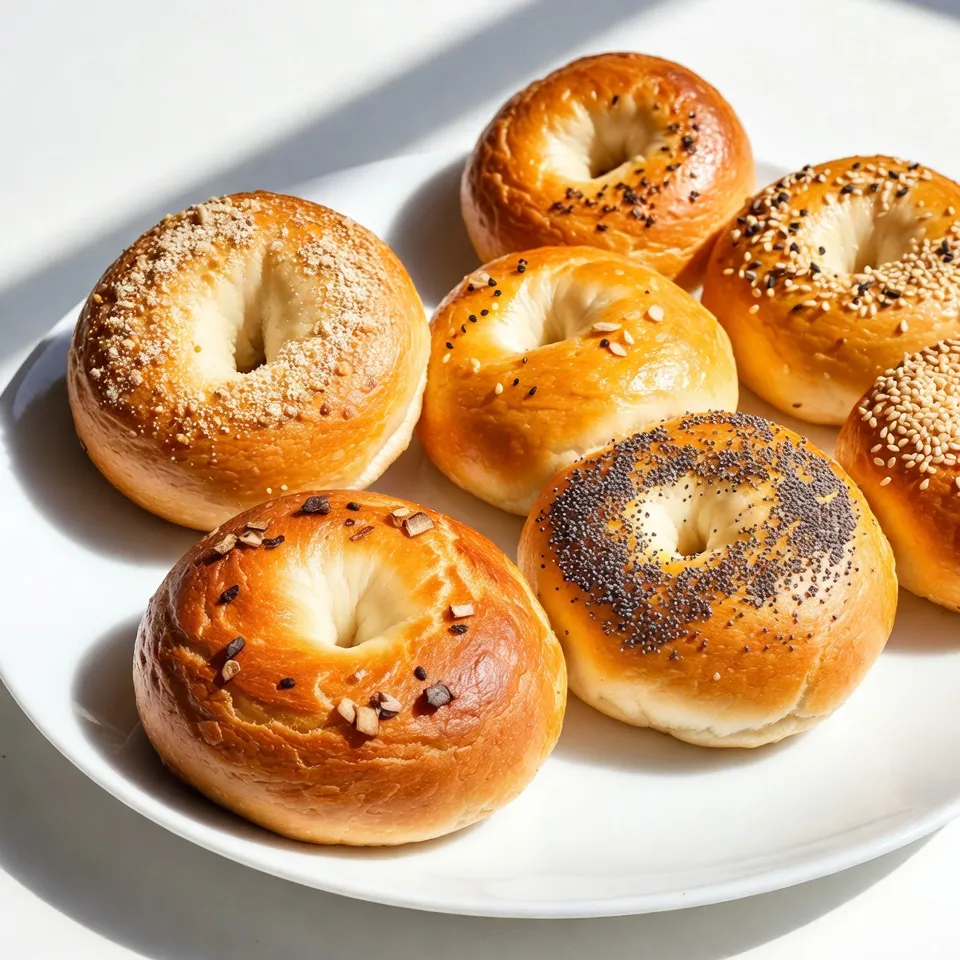 To make everything bagels, you need some key ingredients: - 4 cups all-purpose flour - 1 packet (2 ¼ teaspoons) active dry yeast - 1 ½ cups warm water (about 110°F) - 1 tablespoon granulated sugar - 1 tablespoon fine sea salt - 2 tablespoons honey (for boiling) Fresh yeast is vital for the best bagels. It helps the dough rise well. When yeast is active, it makes the bagels fluffy. To check if the yeast is fresh, look for a frothy mix after a few minutes. If it bubbles, it's ready! Honey plays a special role in boiling. It adds a slight sweetness and color. This helps the bagels turn golden and shiny when baked. You can make your bagels unique with toppings. You can create your own everything bagel seasoning! Use a mix of: - 1 tablespoon garlic powder - 1 tablespoon onion powder - 1 tablespoon poppy seeds - 1 tablespoon sesame seeds - 1 teaspoon coarse sea salt Feel free to add other toppings too! Try seeds, cheese, or herbs for extra taste. Gather these tools for a smooth process: - Mixing bowls and measuring cups - Tools for kneading and shaping, like a bench scraper - Baking sheet and a large pot for boiling These tools help you mix, shape, and cook the bagels evenly. Having the right equipment makes cooking fun and easy! {{ingredient_image_2}} To activate yeast, mix warm water, sugar, and yeast in a bowl. Use water around 110°F. Stir gently to dissolve. Let it sit for 5-10 minutes. You know the yeast is ready when it bubbles and foams. This means the yeast is alive and waiting to work its magic. First, whisk together all-purpose flour and fine sea salt in a large bowl. Create a well in the center of the dry mix. Pour in the activated yeast mixture. Using a wooden spoon, mix until a shaggy dough forms. It might look messy, but that's normal! Kneading is key for great bagels. It develops gluten, which gives bagels their chewiness. Transfer the shaggy dough to a floured surface. Fold the dough over itself and push it with your hands. Rotate the dough every so often. Knead for about 8-10 minutes until it feels smooth and elastic. Shaping is fun! After kneading, punch down the dough to release air. Divide it into 8 equal pieces. Roll each piece into a ball by tucking the edges into the center. Poke a hole in the middle of each ball with your finger. Gently stretch the dough to form an even ring shape. Boiling is what makes bagels unique. It gives them a chewy crust. Fill a large pot with water and bring it to a boil. Add honey to the boiling water for flavor. Carefully drop 2-3 bagels in at a time. Boil them for 1 minute on each side. Use a slotted spoon to remove them, then place them back on the baking sheet. Preheat your oven to 425°F (220°C). Bake the bagels for 20-25 minutes until golden brown. Before baking, add toppings while the bagels are still wet. Mix garlic powder, onion powder, poppy seeds, sesame seeds, and coarse sea salt in a bowl. Sprinkle this mix on top for extra flavor. To know if the dough is ready, look for a smooth, elastic feel. It should spring back when you poke it. If it’s sticky or dry, adjust with more flour or water. Common mistakes include over-kneading or under-kneading. Knead just until smooth. Avoid adding too much flour, as this can make the bagels tough. Enhance flavors by mixing spices into the dough. Garlic powder and onion powder add rich taste. Try adding more seeds or spices on top for extra crunch. For serving, nothing beats cream cheese, but butter or avocado also work great. Pair with smoked salmon for a classic treat. If bagels turn out too hard, they may have baked too long. Reduce baking time next round. If they’re too soft, check the dough hydration. Adding more flour can help. For high altitude baking, reduce the yeast slightly. This helps the dough rise without collapsing. Adjust boiling time too, by reducing it to 30 seconds per side. Pro Tips Use Fresh Yeast: Always check the expiration date of your yeast to ensure it’s active and fresh for optimal rise. Boiling Temperature: Make sure the water is at a rolling boil before adding the bagels; this aids in achieving that chewy texture. Customize Your Toppings: Feel free to experiment with different seeds and spices in your topping mix for unique flavors. Store Properly: To keep bagels fresh, store them in an airtight container at room temperature or freeze for longer shelf life. {{image_4}} For gluten-free bagels, use a blend of gluten-free flours. Almond flour and tapioca starch work well. You may need to add xanthan gum for better texture. This will help bind the dough and give it elasticity. Expect a different texture, but they can still be tasty! You can take your bagels beyond the classic "everything" mix. Try adding roasted garlic for a savory twist. Grated cheese, like cheddar or parmesan, can add a rich flavor. Fresh herbs like chives or dill can also brighten each bite. Mix and match your favorites to create a unique bagel each time. To make mini bagels, cut the dough into smaller pieces, about 2 ounces each. Shape them the same way, but remember to adjust cooking times. Mini bagels need only about 30 seconds in the boiling water. You can also make bagel bites or shapes like pretzels for fun variations. Just keep an eye on them while baking to avoid overcooking. To keep your bagels fresh, store them in a paper bag. This helps absorb moisture. Avoid plastic bags, as they trap moisture and make bagels soggy. Place the bag in a cool, dry spot. A bread box works well. - Best practices: Use a paper bag or bread box. - Ideal conditions: Keep at room temperature for up to 2 days. Freezing bagels is a great way to save extras. First, let them cool completely. Then, wrap each bagel tightly in plastic wrap. Place wrapped bagels in a freezer bag. This keeps them fresh for up to 3 months. - How to freeze: Wrap tightly and use a freezer bag. - Reheating methods: Thaw overnight in the fridge. Toast them straight from the freezer for a warm, crispy bite. Do not toss stale bagels! You can turn them into tasty treats. Slice bagels into chips and bake until crispy. Or make croutons for soups or salads. Both options add great flavor and crunch. - Creative uses: Bagel chips or croutons. - Recipes: For bagel chips, slice thinly, brush with oil, and bake at 350°F until golden. For croutons, cube bagels, toss with herbs, and bake until crispy. You can prepare bagels ahead of time by following a few easy steps. - Make the dough and let it rise. - Shape the bagels and place them on a baking sheet. - Cover tightly with plastic wrap and refrigerate overnight. - When ready, boil and bake them in the morning. This method keeps the bagels fresh and delicious. Yes, you can swap some ingredients if needed. Here are common substitutions: - Use bread flour instead of all-purpose flour for chewier bagels. - Replace honey with sugar or agave syrup for boiling. - For a gluten-free option, use a gluten-free flour blend. These swaps help you fit dietary needs without losing flavor. Several factors can make bagels lose their chewiness: - Not enough kneading can leave the dough weak. - Using low-protein flour may affect texture. - Skipping the boiling step will make them soft. Make sure to follow the steps closely for the best results. You can tell bagels are done by checking a few signs: - They should be golden brown on the outside. - The bagels will sound hollow when tapped on the bottom. - They should feel firm to the touch, not soft. Follow these tips to ensure perfect bagels every time! Making everything bagels at home is fun and rewarding. You learned the key ingredients, like fresh yeast and honey, and how to use them. I shared step-by-step instructions, from activating yeast to boiling and baking. You discovered tips for perfect dough and fun variations, like gluten-free options. With this knowledge, you can create tasty bagels anytime. Enjoy the process, and don’t hesitate to experiment with flavors and shapes. Perfect bagels are just a recipe away!