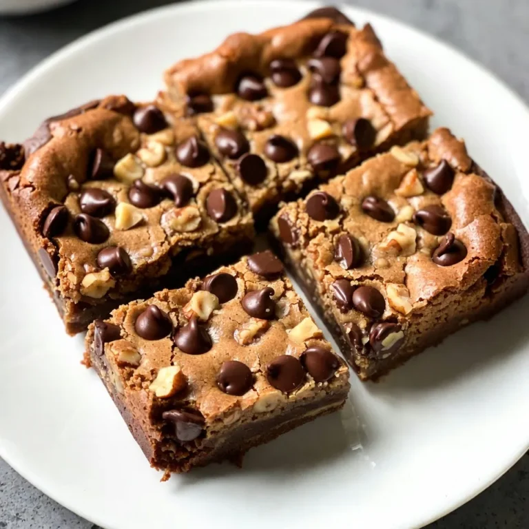 To make these chewy brown butter blondies, you'll need: - 1 cup (2 sticks) unsalted butter - 1 ½ cups packed brown sugar - ½ cup granulated sugar - 2 large eggs - 2 teaspoons vanilla extract - 2 cups all-purpose flour - 1 teaspoon baking powder - ½ teaspoon baking soda - ½ teaspoon salt - 1 cup chocolate chips (choose between milk or dark) - ½ cup chopped walnuts (optional) You can make easy swaps for some ingredients: - Use salted butter instead of unsalted. Just skip the added salt. - Swap granulated sugar for coconut sugar for a new twist. - Replace all-purpose flour with gluten-free flour for a gluten-free option. - If you don’t have eggs, use ½ cup unsweetened applesauce per egg. To make these blondies truly special, consider using: - High-quality unsalted butter for the best flavor. - Pure vanilla extract instead of imitation vanilla for depth. - Name-brand chocolate chips for a richer taste. - Fresh walnuts for added crunch and flavor. These choices will enhance your blondies and give them a gourmet touch. {{ingredient_image_2}} Start by preheating your oven to 350°F (175°C). This step is key for even baking. While it heats, prepare a 9x13 inch baking pan. You can grease it with butter or line it with parchment paper. This makes it easy to remove the blondies later. Next, let’s brown the butter. In a medium skillet, melt the sticks of unsalted butter over medium heat. Stir often and watch closely as the butter foams and changes color. This process takes about 5-7 minutes. You want it to turn a nice golden-brown. Once it’s browned, remove it from heat and let it cool slightly. This helps keep your eggs from cooking when added. In a large mixing bowl, combine the brown butter with both sugars: the packed brown sugar and the granulated sugar. Whisk or mix them together until smooth and creamy. Next, add in the two large eggs, one at a time. Mix well after each egg. Finally, stir in the vanilla extract for extra flavor. Now, combine the dry ingredients. In a separate bowl, whisk together the all-purpose flour, baking powder, baking soda, and salt. This ensures they mix well. Gradually add this dry mixture to your wet mix. Stir gently until just combined. Avoid over-mixing to keep the blondies chewy. Now fold in the chocolate chips and optional chopped walnuts until evenly distributed. Pour the batter into your prepared pan, spreading it out evenly. Bake in the preheated oven for 20-25 minutes. You’ll know they are done when the edges are light golden brown. A toothpick should come out with a few moist crumbs. After baking, take the pan out of the oven. Let it cool on a wire rack for at least 10 minutes. If you used parchment paper, lift the blondies out for cooling. Once cooled, cut them into squares or rectangles. Enjoy the chewy goodness of your blondies! To get that perfect chewy texture, brown the butter well. This step adds depth and richness. You want it to be golden brown, not burnt. Mix the wet and dry ingredients gently. Over-mixing leads to a denser blondie. Bake until the edges are light brown and a toothpick shows a few moist crumbs. One common mistake is overbaking. If you bake too long, your blondies will dry out. Always cool them for at least 10 minutes before cutting. This helps them set properly. Not using enough brown sugar can also lead to a less chewy texture. Stick with the recipe for the best results. Use a medium-sized skillet for browning the butter. A large mixing bowl is ideal for blending ingredients. A whisk works well for mixing sugars and eggs. I recommend a rubber spatula for folding in the chips and nuts. Lastly, a 9x13 inch baking pan is perfect for even baking. Pro Tips Butter Browning: Ensure you stir the butter continuously while browning to prevent it from burning. The goal is a deep golden color with a nutty aroma. Egg Temperature: Using room temperature eggs will help them incorporate better into the batter, resulting in a smoother texture. Measuring Flour: For the best results, spoon the flour into your measuring cup and level it off with a knife. This prevents packing and ensures accurate measurements. Cooling Time: Allow the blondies to cool completely before cutting to achieve cleaner edges and prevent them from falling apart. {{image_4}} You can add nuts or dried fruits to your blondies for extra flavor. Walnuts work great, but feel free to try pecans or almonds. If you prefer dried fruits, consider adding raisins or cranberries. These ingredients add texture and burst of flavor. Just fold in about half a cup along with the chocolate chips. You will enjoy the added crunch or chewiness. Enhancing flavors can take your blondies up a notch. Try adding spices like cinnamon or nutmeg for warmth. A touch of sea salt can deepen the sweet flavor. For an exciting twist, use almond or hazelnut extract instead of vanilla. Just one teaspoon can change the whole taste profile. Experiment with these flavors to find your perfect combination. Chocolate is a classic addition to blondies. You can switch up the type of chocolate chips you use. Dark chocolate gives a rich taste, while milk chocolate adds sweetness. For a fun twist, chop up your favorite chocolate bar instead. Toss in white chocolate chips or even butterscotch chips for a different flavor. Mixing different types of chocolate can create a layered taste experience in every bite. To keep your blondies fresh, store them in an airtight container. Place a piece of parchment paper between layers to prevent sticking. They will stay good for about 3 to 5 days at room temperature. If you want them to last longer, consider refrigerating them for up to a week. If you want to freeze your blondies, let them cool completely. Once cool, cut them into squares. Wrap each piece tightly in plastic wrap. Then, place them in a freezer-safe bag or container. They can stay in the freezer for about 2 to 3 months. When you're ready to enjoy, simply thaw them at room temperature. To reheat your blondies, you can use the microwave or the oven. For the microwave, heat for about 10-15 seconds. Check to see if they are warm enough. If you prefer the oven, preheat it to 350°F (175°C) and warm them for about 5-10 minutes. This will make them soft and gooey again, just like fresh! The key to chewy blondies lies in the ingredients and mixing method. The brown sugar adds moisture and a rich flavor. The melted brown butter gives a nutty taste and helps create a soft texture. Mixing the wet and dry ingredients gently is crucial. If you over-mix, the blondies can become tough. The slight underbaking also helps keep them chewy. Yes, you can swap sugars! Using all brown sugar makes them richer and chewier. If you prefer a lighter flavor, you can use all granulated sugar. Mixing both sugars gives a balanced sweetness. Just remember that brown sugar is moist, while granulated sugar is dry. This balance impacts the final texture. Check your blondies around the 20-minute mark. The edges should turn light golden brown. Insert a toothpick in the center; it should come out with a few moist crumbs. If it’s too wet, bake a bit longer. You want them firm but still soft to ensure chewiness. You can use margarine or coconut oil as a substitute. However, the flavor will change. Margarine lacks the rich taste of brown butter. Coconut oil adds a hint of coconut. If you want the same richness, try using ghee. Ghee is clarified butter, and it gives a similar flavor profile. In this post, we covered the key ingredients for making delicious blondies, along with useful substitutions. You learned step-by-step how to bake and cool them for the best texture. I shared tips to avoid common mistakes and enhance flavors, plus how to store your treats properly. Remember, blondies should be chewy and full of flavor. Don’t hesitate to experiment with different add-ins. Happy baking, and enjoy your sweet treats!