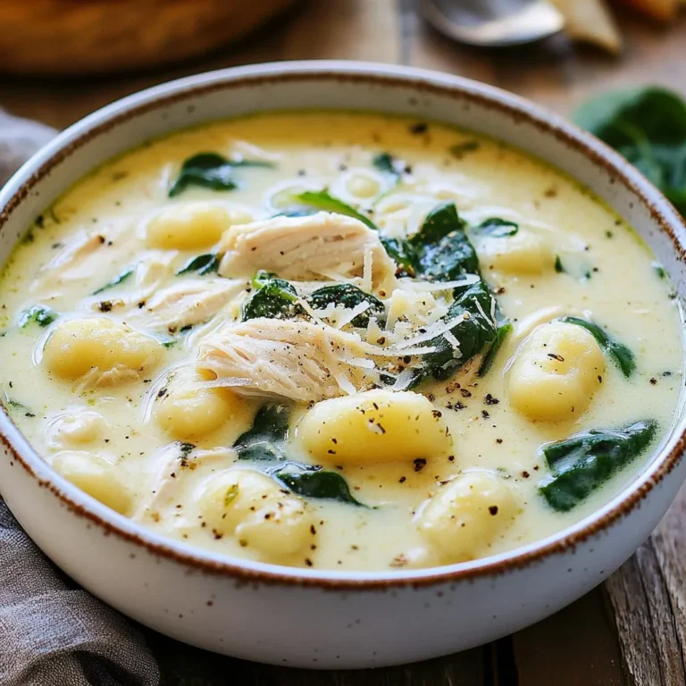 To make a delicious Creamy Chicken Gnocchi Soup, gather these key ingredients: - 1 tablespoon extra virgin olive oil - 1 medium onion, finely diced - 2 cloves garlic, minced to a paste - 2 medium carrots, peeled and diced - 2 celery stalks, diced - 1 pound chicken breast, cut into bite-sized pieces - 4 cups low-sodium chicken broth - 1 teaspoon dried thyme - 1 teaspoon dried oregano - Salt and freshly cracked black pepper to taste - 1 package (16 ounces) potato gnocchi - 1 cup heavy cream - 2 cups fresh baby spinach - ½ cup freshly grated Parmesan cheese These ingredients create a rich and creamy soup that is perfect for any meal. If you want to take your soup to the next level, consider adding: - Fresh herbs like parsley or basil for garnish - A splash of lemon juice for brightness - Red pepper flakes for a bit of heat - Mushrooms for an earthy note These additions can enhance the flavor and make your soup truly special. When choosing your ingredients, look for: - Firm, vibrant vegetables without blemishes - Chicken breasts that are pink, not gray - Fresh herbs that smell strong and fragrant - Gnocchi that are soft and not sticky Fresh ingredients make a big difference in taste. Always choose the best for your soup. {{ingredient_image_2}} Start by gathering your ingredients. You need olive oil, an onion, garlic, carrots, celery, and chicken. Heat one tablespoon of olive oil in a large pot over medium heat. Once hot, add the finely diced onion. Cook it for about 3-4 minutes until it becomes soft and smells great. Next, add two minced garlic cloves, two diced carrots, and two diced celery stalks. Stir these veggies for around five minutes. This step helps build a strong flavor base. Now, it’s time to add the chicken. Cut one pound of chicken breast into bite-sized pieces. Add the chicken to the pot and cook for about 5-7 minutes. Make sure it turns white and is no longer pink. Sprinkle in one teaspoon each of dried thyme and dried oregano. Season with salt and freshly cracked black pepper to taste. After the chicken cooks, pour in four cups of low-sodium chicken broth. Bring the mix to a gentle boil. Once it boils, turn down the heat and let the soup simmer for about 10 minutes. This simmering lets all the flavors blend nicely. Next, it's time for the gnocchi. Add one package (16 ounces) of potato gnocchi to the pot. Cook for about 3-5 minutes. You’ll know they’re ready when they float to the top. This is a sign they are cooked through and delicious. Now for the creamy part! Stir in one cup of heavy cream and two cups of fresh baby spinach. Cook for an additional 2-3 minutes. The spinach will wilt and brighten the soup. Finally, remove the pot from heat. Add half a cup of freshly grated Parmesan cheese. Stir until the cheese melts into the soup. Taste your soup and feel free to add more salt or pepper if you like it spicier. Serve your creamy chicken gnocchi soup hot in bowls. For a nice touch, sprinkle more Parmesan on top and add some fresh herbs if you wish. Enjoy your cozy meal! To boost flavors, always start with fresh ingredients. Fresh herbs like thyme and oregano add brightness. Use good quality chicken broth for a rich base. You can also add a splash of lemon juice for a zesty kick. If you like heat, try a pinch of red pepper flakes. Remember, seasoning is key; taste and adjust as you go. Cooking gnocchi is simple if you follow a few steps. First, add them to the soup when it simmers. They usually take about 3-5 minutes to cook. Watch for them to rise to the top; this means they are done. Overcooking can make them mushy, so keep an eye on them. You want them soft but still firm. If your soup is too thick, add more chicken broth or a splash of water. Stir it well until you reach the desired consistency. For a thicker soup, let it simmer longer to reduce liquid. You can also mash a few pieces of gnocchi against the pot to thicken it naturally. Just remember to taste as you adjust! Pro Tips Use Fresh Ingredients: The flavor of your soup will greatly improve by using fresh vegetables and herbs. Whenever possible, choose organic produce for the best taste. Adjust the Creaminess: If you prefer a lighter soup, you can substitute half of the heavy cream with low-fat milk or a dairy-free alternative, maintaining a similar texture without the extra calories. Gnocchi Cooking Tip: To ensure your gnocchi are perfectly cooked, avoid overcooking them; they are ready when they float to the surface of the soup. Season to Taste: Always taste your soup before serving and adjust the seasoning with additional salt, pepper, or herbs to enhance the overall flavor profile. {{image_4}} You can make this soup lighter. Use low-fat milk instead of heavy cream. Try using skinless chicken breasts to cut down on fat. You can also add more veggies, like zucchini or bell peppers, to boost nutrition. Using less olive oil while cooking helps too. To create a vegetarian version, swap the chicken with mushrooms or tofu. Use vegetable broth instead of chicken broth. For a vegan touch, use cashew cream or coconut milk instead of heavy cream. Make sure to use plant-based gnocchi, as some brands contain egg. Want more flavor? Add fresh herbs like basil or parsley. A squeeze of lemon juice brightens up the soup. You can also sprinkle in some red pepper flakes for a little heat. Consider adding a bay leaf during cooking for deeper flavor. Each of these options can change your soup in a great way. To keep your creamy chicken gnocchi soup fresh, let it cool first. Once cool, pour it into an airtight container. Make sure to leave some space at the top for expansion. Store it in the fridge for up to three days. If you want to enjoy it later, freezing is a great option. When you're ready to enjoy your leftover soup, reheat it on the stove. Pour it into a pot over low heat. Stir it gently to prevent sticking. Heat until it is warm but not boiling. If the soup is too thick, add a splash of broth or cream to get your desired texture. For long-term storage, pour the cooled soup into freezer-safe bags. Remove as much air as possible before sealing. Label the bags with the date. You can freeze it for up to three months. To reheat, thaw it in the fridge overnight. Then reheat on the stove as described above. Yes, you can use other meats. Turkey, pork, or even sausage works well. Each meat gives the soup a different flavor. Chicken remains a top choice for its mild taste and quick cooking time. If you want a lighter option, use half-and-half. Coconut cream is another good substitute. You can also mix milk with a bit of cornstarch for thickness. Each option changes the soup's creaminess, so choose what suits your taste. This soup stays fresh for about 3 to 4 days in the fridge. Store it in an airtight container for the best results. If it lasts longer, the gnocchi might get too soft. Yes, you can make it ahead. In fact, it often tastes better the next day. Just cook the gnocchi right before serving to keep them tender. This blog covered all you need for creamy chicken gnocchi soup. We talked about key ingredients, cooking steps, and tips to enhance flavors. I shared ideas for variations and ways to store leftovers. You can try different meats or make it vegetarian. Remember, a little tweak can change the whole dish! With these tips, you can create a warm, tasty soup any day. Enjoy making your own delicious version!