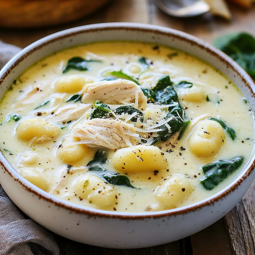 To make a delicious Creamy Chicken Gnocchi Soup, gather these key ingredients: - 1 tablespoon extra virgin olive oil - 1 medium onion, finely diced - 2 cloves garlic, minced to a paste - 2 medium carrots, peeled and diced - 2 celery stalks, diced - 1 pound chicken breast, cut into bite-sized pieces - 4 cups low-sodium chicken broth - 1 teaspoon dried thyme - 1 teaspoon dried oregano - Salt and freshly cracked black pepper to taste - 1 package (16 ounces) potato gnocchi - 1 cup heavy cream - 2 cups fresh baby spinach - ½ cup freshly grated Parmesan cheese These ingredients create a rich and creamy soup that is perfect for any meal. If you want to take your soup to the next level, consider adding: - Fresh herbs like parsley or basil for garnish - A splash of lemon juice for brightness - Red pepper flakes for a bit of heat - Mushrooms for an earthy note These additions can enhance the flavor and make your soup truly special. When choosing your ingredients, look for: - Firm, vibrant vegetables without blemishes - Chicken breasts that are pink, not gray - Fresh herbs that smell strong and fragrant - Gnocchi that are soft and not sticky Fresh ingredients make a big difference in taste. Always choose the best for your soup. {{ingredient_image_2}} Start by gathering your ingredients. You need olive oil, an onion, garlic, carrots, celery, and chicken. Heat one tablespoon of olive oil in a large pot over medium heat. Once hot, add the finely diced onion. Cook it for about 3-4 minutes until it becomes soft and smells great. Next, add two minced garlic cloves, two diced carrots, and two diced celery stalks. Stir these veggies for around five minutes. This step helps build a strong flavor base. Now, it’s time to add the chicken. Cut one pound of chicken breast into bite-sized pieces. Add the chicken to the pot and cook for about 5-7 minutes. Make sure it turns white and is no longer pink. Sprinkle in one teaspoon each of dried thyme and dried oregano. Season with salt and freshly cracked black pepper to taste. After the chicken cooks, pour in four cups of low-sodium chicken broth. Bring the mix to a gentle boil. Once it boils, turn down the heat and let the soup simmer for about 10 minutes. This simmering lets all the flavors blend nicely. Next, it's time for the gnocchi. Add one package (16 ounces) of potato gnocchi to the pot. Cook for about 3-5 minutes. You’ll know they’re ready when they float to the top. This is a sign they are cooked through and delicious. Now for the creamy part! Stir in one cup of heavy cream and two cups of fresh baby spinach. Cook for an additional 2-3 minutes. The spinach will wilt and brighten the soup. Finally, remove the pot from heat. Add half a cup of freshly grated Parmesan cheese. Stir until the cheese melts into the soup. Taste your soup and feel free to add more salt or pepper if you like it spicier. Serve your creamy chicken gnocchi soup hot in bowls. For a nice touch, sprinkle more Parmesan on top and add some fresh herbs if you wish. Enjoy your cozy meal! To boost flavors, always start with fresh ingredients. Fresh herbs like thyme and oregano add brightness. Use good quality chicken broth for a rich base. You can also add a splash of lemon juice for a zesty kick. If you like heat, try a pinch of red pepper flakes. Remember, seasoning is key; taste and adjust as you go. Cooking gnocchi is simple if you follow a few steps. First, add them to the soup when it simmers. They usually take about 3-5 minutes to cook. Watch for them to rise to the top; this means they are done. Overcooking can make them mushy, so keep an eye on them. You want them soft but still firm. If your soup is too thick, add more chicken broth or a splash of water. Stir it well until you reach the desired consistency. For a thicker soup, let it simmer longer to reduce liquid. You can also mash a few pieces of gnocchi against the pot to thicken it naturally. Just remember to taste as you adjust! Pro Tips Use Fresh Ingredients: The flavor of your soup will greatly improve by using fresh vegetables and herbs. Whenever possible, choose organic produce for the best taste. Adjust the Creaminess: If you prefer a lighter soup, you can substitute half of the heavy cream with low-fat milk or a dairy-free alternative, maintaining a similar texture without the extra calories. Gnocchi Cooking Tip: To ensure your gnocchi are perfectly cooked, avoid overcooking them; they are ready when they float to the surface of the soup. Season to Taste: Always taste your soup before serving and adjust the seasoning with additional salt, pepper, or herbs to enhance the overall flavor profile. {{image_4}} You can make this soup lighter. Use low-fat milk instead of heavy cream. Try using skinless chicken breasts to cut down on fat. You can also add more veggies, like zucchini or bell peppers, to boost nutrition. Using less olive oil while cooking helps too. To create a vegetarian version, swap the chicken with mushrooms or tofu. Use vegetable broth instead of chicken broth. For a vegan touch, use cashew cream or coconut milk instead of heavy cream. Make sure to use plant-based gnocchi, as some brands contain egg. Want more flavor? Add fresh herbs like basil or parsley. A squeeze of lemon juice brightens up the soup. You can also sprinkle in some red pepper flakes for a little heat. Consider adding a bay leaf during cooking for deeper flavor. Each of these options can change your soup in a great way. To keep your creamy chicken gnocchi soup fresh, let it cool first. Once cool, pour it into an airtight container. Make sure to leave some space at the top for expansion. Store it in the fridge for up to three days. If you want to enjoy it later, freezing is a great option. When you're ready to enjoy your leftover soup, reheat it on the stove. Pour it into a pot over low heat. Stir it gently to prevent sticking. Heat until it is warm but not boiling. If the soup is too thick, add a splash of broth or cream to get your desired texture. For long-term storage, pour the cooled soup into freezer-safe bags. Remove as much air as possible before sealing. Label the bags with the date. You can freeze it for up to three months. To reheat, thaw it in the fridge overnight. Then reheat on the stove as described above. Yes, you can use other meats. Turkey, pork, or even sausage works well. Each meat gives the soup a different flavor. Chicken remains a top choice for its mild taste and quick cooking time. If you want a lighter option, use half-and-half. Coconut cream is another good substitute. You can also mix milk with a bit of cornstarch for thickness. Each option changes the soup's creaminess, so choose what suits your taste. This soup stays fresh for about 3 to 4 days in the fridge. Store it in an airtight container for the best results. If it lasts longer, the gnocchi might get too soft. Yes, you can make it ahead. In fact, it often tastes better the next day. Just cook the gnocchi right before serving to keep them tender. This blog covered all you need for creamy chicken gnocchi soup. We talked about key ingredients, cooking steps, and tips to enhance flavors. I shared ideas for variations and ways to store leftovers. You can try different meats or make it vegetarian. Remember, a little tweak can change the whole dish! With these tips, you can create a warm, tasty soup any day. Enjoy making your own delicious version!