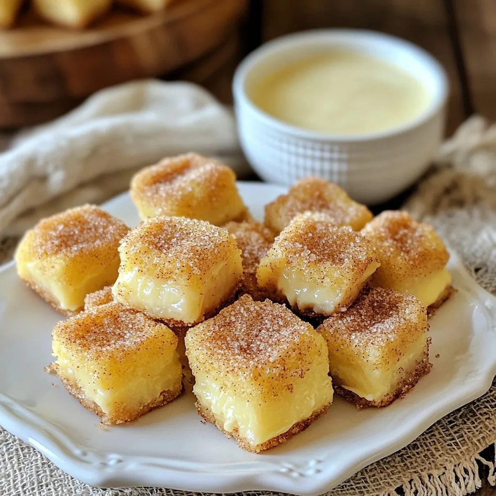 - 1 cup unsalted butter - 1 cup packed brown sugar - 1 cup granulated sugar - 2 large eggs - 2 teaspoons pure vanilla extract - 2 cups all-purpose flour - 1 teaspoon baking powder - 1 teaspoon baking soda - 1/2 teaspoon fine sea salt - 2 teaspoons ground cinnamon - 1/4 cup granulated sugar (for topping) - Optional: 1/2 cup white chocolate chips To make Snickerdoodle Blondie Bites, you need these key ingredients. Each one plays an important role. The unsalted butter adds richness and moisture. Brown sugar gives a deep flavor, while granulated sugar adds sweetness. Eggs bind everything together and add structure. Vanilla extract enhances the taste. All-purpose flour gives the blondies their chewy texture. Baking powder and baking soda help them rise. Sea salt balances the sweetness. Ground cinnamon adds warmth and spice. If you like, toss in white chocolate chips for extra sweetness. - Alternatives for butter: You can use coconut oil or margarine. - Sugar substitutes: Try using coconut sugar or a blend of stevia and sugar. - Gluten-free flour options: Almond flour or a gluten-free blend works great. These substitutions can help if you have dietary needs. Coconut oil lends a nice flavor. Using coconut sugar gives a hint of caramel. Gluten-free flour allows everyone to enjoy these bites. - Converting ingredients for larger batches: Multiply each ingredient by the number of servings you want. - Metric vs. standard measurements: 1 cup equals about 240 milliliters. Use a scale for precise measurements. If you want to make more Snickerdoodle Blondie Bites, just scale the recipe. This makes it easy to serve at parties or gatherings. Using a scale can help you get the exact amounts. {{ingredient_image_2}} First, you need to preheat the oven to 350°F (175°C). This ensures even baking. Next, prepare your 9x9-inch baking pan. You can grease it lightly or line it with parchment paper. This helps you remove the blondies easily later. In a large mixing bowl, combine 1 cup of melted unsalted butter with 1 cup of packed brown sugar and 1 cup of granulated sugar. Use a whisk to mix well. You want a smooth and creamy texture with no lumps. Next, crack in 2 large eggs and add 2 teaspoons of pure vanilla extract. Whisk everything together until well combined. In a separate bowl, whisk together 2 cups of all-purpose flour, 1 teaspoon of baking powder, 1 teaspoon of baking soda, 1/2 teaspoon of fine sea salt, and 2 teaspoons of ground cinnamon. Gradually add this dry mixture into the wet ingredients. Stir gently until just combined. Be careful not to overmix, or the blondies may become tough. Now, pour the batter into the prepared pan. Smooth the top with a spatula to make it even. For a tasty topping, mix 1/4 cup of granulated sugar with 1 teaspoon of ground cinnamon. Evenly sprinkle this mixture over the batter. Place the pan in the preheated oven and bake for 25-30 minutes. The edges should be golden brown. A toothpick inserted in the center should come out with a few moist crumbs, not wet batter. Once baked, remove the pan from the oven. Let it cool for about 10 minutes. After that, transfer the blondies to a wire rack to cool completely. When they are fully cooled, slice them into small bites or squares. Enjoy these delicious treats! To create the best Snickerdoodle Blondie Bites, keep a few key points in mind: - Avoid overmixing: Stir just until combined. Too much mixing makes the blondies tough. - Checking for doneness: Look for golden edges and a toothpick that comes out with a few moist crumbs. Want to make your blondies even better? Here are some ideas: - Adding different spices: Try nutmeg or allspice for a warm twist. - Incorporating nuts or other mix-ins: Chopped pecans or walnuts add nice crunch and flavor. Make your blondies look as good as they taste: - Serving suggestions: Use a bright plate to showcase the bites. - Decorative elements for serving: Dust with extra cinnamon sugar or drizzle with melted chocolate for flair. Pro Tips Use Fresh Spices: For the best flavor, ensure your ground cinnamon is fresh. Old spices can lose potency and affect the taste of your blondies. Don’t Overmix: When combining wet and dry ingredients, mix until just combined to keep the blondies soft and chewy. Check for Doneness: Use a toothpick to check for doneness; it should come out with a few moist crumbs but not wet batter. Storage Tips: Store any leftovers in an airtight container at room temperature for up to a week to maintain their deliciousness. {{image_4}} You can easily change the flavor of your Snickerdoodle blondies. One fun twist is adding chocolate. Mix in 1/2 cup of semi-sweet chocolate chips for a rich taste. This combo gives you the sweetness of blondies with a chocolatey kick. Another option is to make nutty blondies. You can add 1/2 cup of chopped nuts, like walnuts or pecans. These will add a nice crunch and extra flavor. Just be sure to mix them in gently so they spread evenly. If you follow a vegan diet, you can still enjoy these treats. Replace the eggs with 1/2 cup of unsweetened applesauce. Use a vegan butter alternative in place of regular butter. These swaps keep the blondies moist and delicious. For gluten-free options, simply swap all-purpose flour with a 1:1 gluten-free flour blend. Many blends work well in baking and can give you the same chewy texture. Make sure to check the labels to find a blend that fits your needs. You can make different sizes of blondies for various occasions. If you want mini bites, use a mini muffin tin. Fill each cup about halfway. Bake for about 15-20 minutes. This gives you cute, bite-sized treats that are perfect for parties. If you prefer bars, use a larger baking pan, like a 9x13 inch. Just keep an eye on the baking time. It may take a few minutes longer than the standard 25-30 minutes. Always check for golden edges and a toothpick that comes out clean. Store your Snickerdoodle Blondie Bites in an airtight container. This keeps them soft and fresh. Place parchment paper between layers if you stack them. This helps avoid sticking and keeps the tops nice. These blondies last about one week at room temperature. If you keep them in the fridge, they can last up to two weeks. Look for signs like a dry texture or a change in smell to know if they are bad. You can freeze these blondies for up to three months. To freeze, wrap them tightly in plastic wrap and place them in a freezer-safe bag. When you're ready to eat, thaw them in the fridge overnight. For a warm treat, reheat them in the microwave for about 10-15 seconds. Blondies and brownies are both bar desserts. The main difference lies in the ingredients. Blondies use brown sugar and no cocoa, while brownies contain cocoa powder and chocolate. This gives blondies a caramel flavor, while brownies taste like chocolate. Both are delicious and chewy, but they have unique flavors. Yes, you can use salted butter. Just reduce the added salt in the recipe. Salted butter adds a nice flavor, but it can make the blondies a bit saltier than intended. For a more controlled taste, I recommend using unsalted butter. Check the edges first. They should be golden brown. Insert a toothpick into the center. If it comes out with moist crumbs, the blondies are ready. If there's wet batter on the toothpick, bake them a bit longer. Avoid overbaking for a chewy texture. Absolutely! The blondies will still taste great without them. If you prefer a classic snickerdoodle flavor, just leave them out. You can also swap them for nuts or dried fruit for added texture. You can find pre-made Snickerdoodle Blondie Bites at local bakeries, specialty shops, or online. Many grocery stores also offer them in the bakery section. Check the ingredients to ensure they match your taste. To make your blondies chewier, try these tips: - Use more brown sugar than granulated sugar. - Add an extra egg. - Do not overmix the batter. - Bake for a shorter time for a softer center. These changes will help create that perfect chewy texture. We covered the essential ingredients, their substitutes, and measurements for baking blondies. I shared step-by-step instructions and tips to enhance flavor and presentation. You learned about different variations and storage techniques. In the end, blondies are a fun treat that spark creativity. With these tips, you can bake your perfect batch. Enjoy the sweet rewards of your baking adventure!